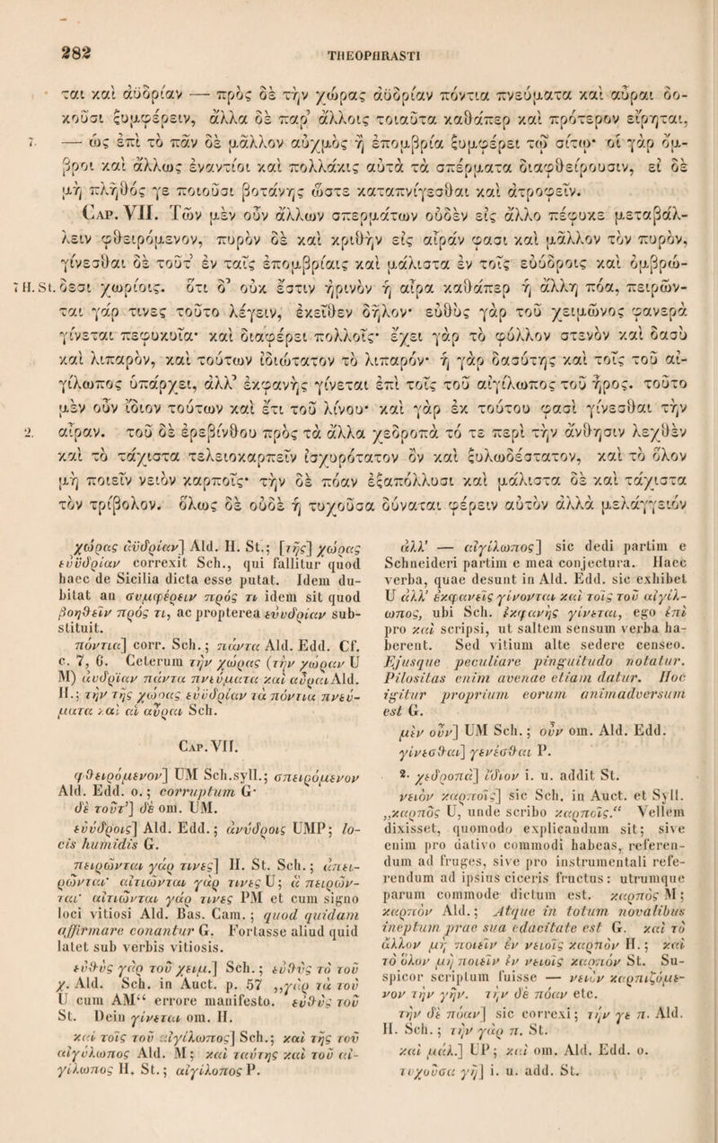 118 κοίλα καθάπερ ή πτελέα εν οίς θηρίδια έγγίγνεται κωνωποειδή* έγγίγνεται δέ τι και ρητινώδες έν τούτοις και γλίσχρον ου μην ένθευτέν γε ή ρητίνη συλλέ- γεται άλλ5 άπδ τοδ ξύλου. δ δέ καρπός ουκ άφίησι ρητίνης πλήθος αλλά προς- έχεται μεν ταίς χερσί καν μή πλυθη μετά την συλλογήν συνέχεται* πλυνόμενος δέ 6 μέν λευκός και άπεπτος έπιπλεΐ δ δέ μέλας υφίσταται. ή δέ πύςος μεγέ- θει μέν ου μεγάλη το δέ φύλλον δ'μοιον έχει μυρρίνω. φύεται ο έν τοις ψυ- χροις τοποις και τραχέσι* καί γάρ τά Κύτωρα τοιουτον ου ή πλείστη γίνεται* ψυχρός δέ και δ ^Ολυμπος δ μακεδονικός* καί γάρ ένταυθα γίνεται πλήν ου μεγάλη* μεγίστη δέ καί καλλίστη έν Κύρνω* καί γάρ ευμήκεις καί πάχος εχουσαι πολύ παρά τάς άλλας. όί δ καί τό μέλι ούχ ήδυ δζον τής πύςου. πλήθει δέ πολύ κράταιγός έστιν, οι δέ κραταιγόνα καλουσιν* έχει δέ το μέν φυλλον ομοιον μεσπίλη τέτανον, πλήν μειζον έκείνου καί πλατύτερον ή προ- μηκέστερον, τον δέ χαραγμδν ουκ έχον ώςπερ έκεινο. γίνεται δέ το δένδρον ούτε μέγα λίαν; ούτε παχύ* τδ δέ ξύλον ποικίλον ισχυρόν ξανθόν έχει δέ φλοιόν λειον ομοιον μεσπίλη* μονόρριζον δ’ εις βάθος όυς έπί τό πολύ, καρ¬ πόν ο έχει στρογγυλόν ήλίκον δ κότινος* πεπαινόμενος δέ ξανθύνεται καί έπι- έγγίγνεται] UM; έγ γίνεται Aid. Edd. ο. '/.ωνωποίΜΪη] E Sch.; κωνοποειάη Aid. Edd. έγγίγνεται] U; έγγίνεται Aid. Edd. o. τι καί ο.] E; καί om. ceteri. £ητινώύ'ες] U St. Sch.; ρυτινώάες Aid. H. ου μην] ου μεν St. ρητίνη] St. Sch.; ρντινη Aid. H. Sic quo¬ que mox in ρητίνης habet lectio. πληΰ-ος] Μ·2 Aid. Edfi.; πΧΰΰος Mi. nXv&j}] πΧηίΧί] Bas. χερσί] χερσίν U. έπιπΧεί] e corr. RConst. St. Sclin.; έπί πΧείον Aid. Η.; έπιποΧαϊον mBas,; έπί πΧεί dein rasura major U; supernatat G. μυρρίνω] μνρρίνη St. 5· Kντωρα] UMV Aid. St. Sch.; κότερα H. Cytorum Plin.; oytera G. Pletho sic habet excerptum: τό de φυλλον αντί; μεγέ- 3ει μέν καί οχήματι ομοιον τω της μυρρί- νης rrj de χρόα μάΧιστα τό της ό'άφνης καί έτι ζοφερώτερον, unde Sch. in Theophrasteis quaedam excidisse suspicatur. καί ό’ΌΧ. I U Sch. e vers.G.; καί om.Ald. Edd. καί γάρ] γάρ om. St. γίνεται — μεγάΧη— μεγίστη — καΧΧίστη] corr. Sch.; γίνονται—μεγάΧοι — μέγιστοι — κάΧΧιστοι Aid. Edd.; μέγιστον — καΧ- Χιστον Ρ. Κυρνω] e corr. RConst. II. St. Schn., , V ducta e Plinio 16, 16 s. 28; κνρηνωι E; κυρέ/vr] Aid. — Dein προς τ. ά. Ρ. 6· πΧηθ-ει de ποΧν κράταιγός έστιι'] Con¬ junxi haec, quae vulgo disjunguntur, priori¬ bus verbis ad buxum relatis, omisiqued ante έστιν positum in Aid. Edd. Neque enim nude dici potuit κράταιγός έστιν, nisi ana¬ colutho pessimo locum concedas. Verba d’ έστιν Schn. secluserat, quippe quae omise¬ rit Athenaeus 2 p· 50 ubi haecTheophrastea refert.; in Syll. de servavit sed έστιν seclu¬ sit Verba πΧή9·ει de ποΧν omisit G., qui sic habet: Crategus quam alii cratego- nem vocant folio Mespilae promisso scili¬ cet est. κραταιγόνα] H. St. Sch. ; κροταιγονα E MAld.; crategonem G.; κραταιγόνα habet Athenae 1. 1.; crataegona Plin. 27, 8 s. 40. τέτανόν] τεταμένον Athenae. μείζον έκείνου] Aid. Edd. o.; in U est έκείνου secundum Amati, έκεινο sec. Bek- ker.; μ. ί) έκείνου St. η προμηκ,] E Athenae. Sch. syll.; καί προμ. Aid. Edd. o., quod magis placet. έκείνο] dedit Schn. ex Athenaeo; ονκ εχον ώςπερ κάκείνο Aid. II. St. Aut igitur cum Dalec. ονκ omittendum, autcuinAthen. έκείνο scribendum. ποικίΧον] πνικίΧον E. ομοιον μεσπίΧη] E Μ V P Athenae. Sch. syll.; olov μεσπίΧη Aid. Edd. o. μονόρριζον d’ Hi] Aid. Edd. ο. ; μονόρι- ζον εις MV. ο κότινος] correxit Schn. ex Athen. mo¬ nentibus RConst. ac Meurs. Th. p. 90; η κόψιμοζ EMV Aid. Edd.; om. Gaza.