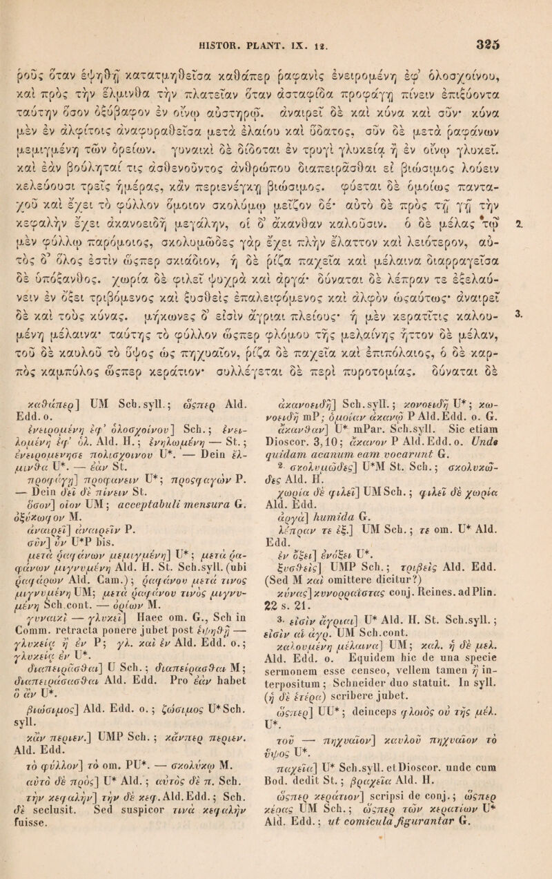 23 Η. 18 St. δε και τό γε της ρόας ά'νίίος πολύ καί πυκνόν και ολως 6 όγκος πλατύς ώςπερ ό των ρόδων* κάτωθεν δ5 ετεροι δί ών ως μικρόν ώςπερ έκτετραμμένος κότι¬ νος εχων τά χείλη μυχώδη. φασ'ι δε τινες καί των ομογενών τά μέν άνίίεΐν τά ο ου καιίάπερ των φοινίκων τον μεν άρρενα άνθειν τον δε θήλυν ούκ άνίίειν άλλ’ ευίΓυ προφαίνειν τον καρπόν, τά μεν ουν τω γένει τοιαυτα την διαφοράν έ'χει καθάπερ ολως όσα μη δύναται τελεοκαρπειν. ή δέ του ά'νίίους φύσις ότι πλείους εχει διαφοράς φανερόν έκ των προειρημένων. Cap.XIV. Διαφέρει δέ τά δένδρα καί τοις τοιουτοις κατά την καρποτοκίαν* τά μέν γάρ έκ των νέων βλαστών φέρει τά ο έκ τών ενων τά δ’ ές άμφοτέρων. έκ μέν τών νέων συκή ά'μπελος* έκ δέ τών έ'νων έλάα ρόα μηλέα αμυγδαλή ά'πιος μυρρινος καί σχεδόν τά τοιαυτα* πάντα γάρ έκ τών ενων. έάν δέ άρα τι συμβ-ή κυήσαι καί άν&ήσαι, γίνεται γάρ καί ταυτ ένίοις ώςπερ καί τυρ μυρ- ρίνω καί μάλισθ’ ως είπειν περί τάς βλαστήσεις τάς μετ’ άρκτουρον, ου δύνα- 5· το γε] U ; τόϋ'ε Μ Aid.; τό τε II. St. Sch. ρόας] U Sch.; ροάς Aid. ολω?] ολος sed in rasura ολως apparet U; ολος Aid. Edd. o. (iodWl de eonj. Bodaei Sch.; ροάών St.; ροών Aid., idemque G. habuisse videtur. κάτωθεν — μνχώόη] Ut supra scripsi exhibent UMV, nisi quod omnes κότινος; praeterea in U ών in litura scriptum et in M μυκώόη. Aid.: κάτωθεν — έκτετραμ- μένοι κότινος εχων τά άνω μνχώύ'η; Ρ dat έκτετραμμένος, cetera ut Aid. G.: Flos quoque punicae copiosus creberque est, denique amplitudinem sui quodammodo pomi aemulatur. Parum se subtus attol¬ lens colligit et ambitu congruo sinuatim reddit. Η. κάτωθεν di στενώτίρος di’ ου ώς — έκτετραμμένος κότινος εχων τά άνω χειλώάη; sic etiam St. qui dV ου μικοόν και ώςπερ dedit. Seal, coni.: κατ. d'i oi v n ? r ^ , > ογκοι οι eov —· εκτετραμμενος κυτινος εχων τά άνω μυχώάη. Sch. — ρόάων εχων τά άνω άμνχώό'η. κάτω&εν di ετερος μι¬ κρότερος di ώςπερ έκτετραμμένος κότινος. Hoc mihi certum esse videtur sermonem esse de flore Punicae pleno cujus descriptio hic apte adjungi potuisse Addetur. Vitium haerere in verbis ετεροι di ών ώς μικρόν videtur. ομογενών] corr. Sch.; ομοιογενών Aid. Edd. quibus genus commune G. μεν <ϊζ>ρ.] μεν om. Ρ. UMV; εύΰύς Aid. Edd. ο. τώ γένει τοιαυτα] UM; τ. γ. τοιαντην Ρ Aid. Η.; τ. γ. τοντω τοιαντην St.; ομογενή τοιαυτην8>ώι.; quae genus idem sorciuntur id differentiae obtinent G. Την] Την U. ολως όαα] Aid.; όσα ολως Sch. dvvuTai] άϋναμαι U. τελεοκαρπειν] UV; τελειοκαρπεϊν Aid. Edd. o. Cap.XIV. βλαστών] mBas. II. St. Sch.; βλαστόν U P2 Aid. νέων] νέω Cam. εκ τών ενων] Ρ Aid. Edd. ο.; έκ ιών νέων ενων Ρ2· άμπελος] άπελος Aid. sol. έλάα] έλαια cum ρ. U; έλαια Aid.Edd.ο.Ρ 2- (5ο'α] Ρϊ Sch.; όοά Aid. μηλέα] μηλεία U; om. Ρ2. άμνγό'αλη] hic cum Aid. Edd. ο.; άμν- γάάλη Ρ 2. σχεdov — ενων] Interpunctionem et γάρ delevit St. Locus non integer est. Quae enim sunt τά τοιαυτα? non enim genus no¬ minavit sed singula arborum exempla diver¬ sorum generum. Dein verba πάντα γάρ έκ τών ενων prorsus abundant. Tum ad verba έάν di — άν9ησαι subinteliigendum έκ τών νέων quod quomodo juste fieri possit non assequor. Verba και σχ. — ενων om. Ρ 2, qui post μυρρινος pergit άν <P άρα τι. ταυτ’ ένίοις] Ρ. Idem videtur Sch. dare voluisse in syll , cum ταυτ’ έν τοϊς scriberet; ταυτα ένίοις Aid. Edd. 0. Ceterum totum locum a vitio sic liberari posse existimo ut scribatur τοιαυτα πάντα‘ έκ di τών νέων έάν άρα τι — καί τουτ ένίοις κ. τ. λ. τάς μ£Γα] Η. St. Sch.; τά μετ’ ά Μ Aid·
