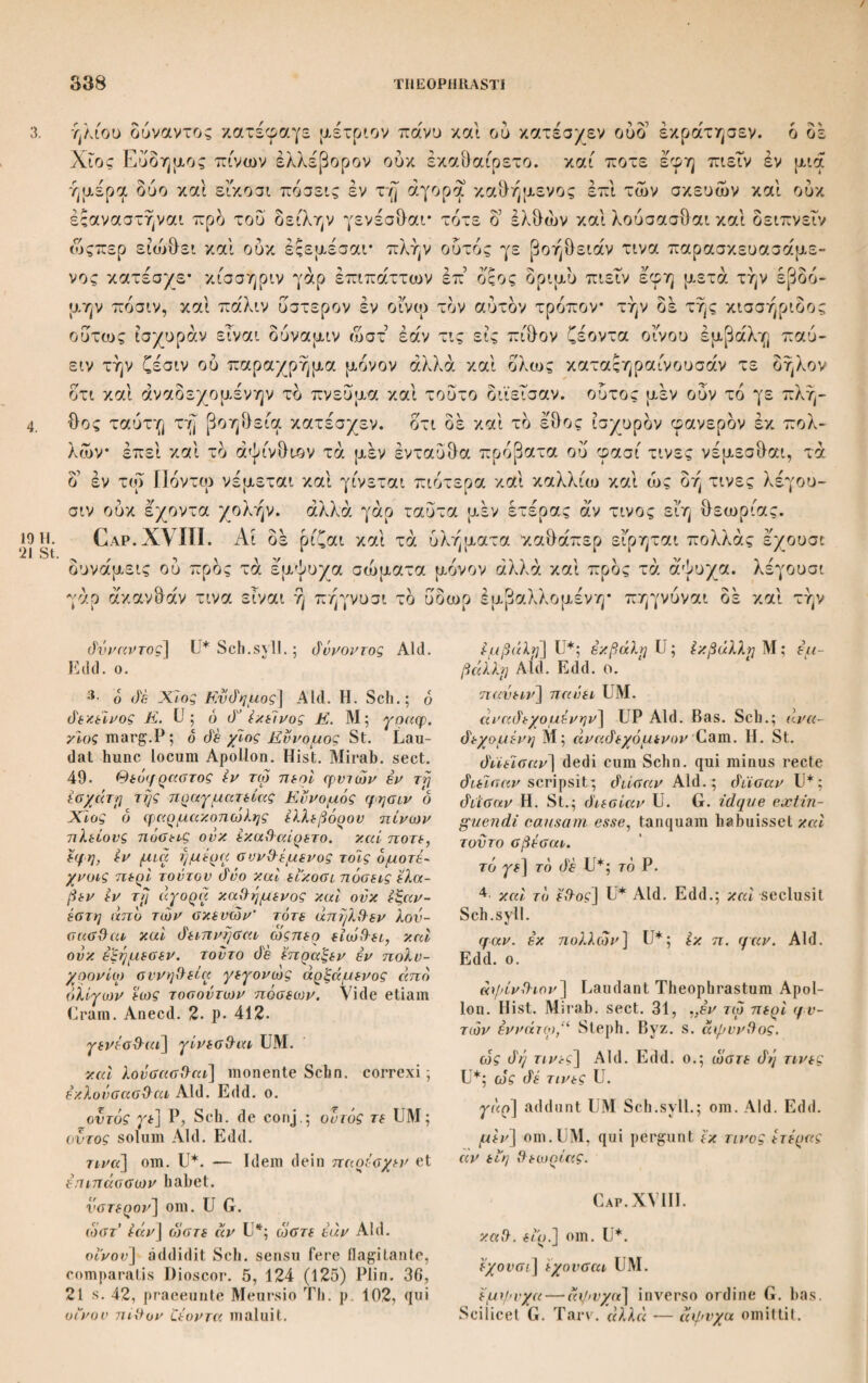 φαλήν, τδ δέ κρόμυον εύθυς έκ της ρίζης άλλο κοά άλλο παραφίησι καθάπερ και βολβοί καί σκίλλα και πάντα τά τοιαύτα. και γάρ τά κρόμυα και τα σκό- ροδα μή άναιρούντων άλλ’ έώντων πολλά γίνεται, φέρειν δέ φασι και τδ σκό¬ ροδον έπί της φύσιγγος σκόροδα καίτδ κρόμυον κρόμυα* περί μέν ουν των γε- νέσεων ίκανώς ειρήσθω. Cap. V. Φίλυδρα δε πάντα τά άλλα λάχανα και φιλόκοπρα πλήν πηγάνου, τούτο δε ήκιστα φιλόκοπρον. τά χειμερινά δέ ούχ ήττον των θερινών και τά έπίκηρα των ισχυρών, κόπρον δε μάλιστα έπαινούσι την συρματιτιν, την δέ τών υποζυγίων μοχθηράν διά τδ μάλιστα έξικμάζεσθαι* ζητούσι δέ την κό¬ προν άμα τω σπόρω μάλιστα συναναμιχθεΐσαν οι δέ και σπείροντες επιβάλλου- σι· χρώνται δέ και τη ανθρώπινη ώμη πρδς την χύλωσιν. φιλυδρότερα δέ τά χειμερινά τών θερινών καί τά ασθενή τών ισχυρών ετι δέ τά πλείστης δεό¬ μενα τροφής, φίλυδρα και τδ κρόμυον καί τδ γήθυον καίτοι φασί τινες ού ζητειν έάν τδ πρώτον έπιγένηται δίς ή τρις, τών δέ υδάτων άριστα τά πότιμα καί τά ψυχρά, χείριστα δέ τά άλυκά καί δυςμανή, δί δ καί εκ τών οχετών ού χρηστά* συμπεριφέρει γάρ σπέρματα πόας, αγαθά δέ τά έκ διός* ταύτα γάρ δοκεί καί φθείρειν τά θηρία γινόμενα τά γόνιμα κατεσθίοντα. φασί δέ τινες ούτε τοις σικυοις συμφέρειν ούτε τοις κρομύοις. άρδεύουσι δέ τά μέν άλλα πρωί ή πρδς εσπέραν όπως μή καθέψηται τδ δέ ώκιμον καί μεσημβρίας* καί γάρ διαβλα- καϊ βολβοί καί σκίλλα] Η. et Aid. quae σκύλλα habeat; καί οί β. καί η οκ. St. Sch. Ρ dat σκίλλα. Ιώντων] Ιόντων Bas. φέρειν — κρόμνα] dedi cum Sch.; φέρει ό'έ φασί καί τό σκόροό'ον ini της σφ νριγγος σκόροόα καί τά κρύμμνα UM Aid.; φέρειν όέ φασί καί το σκόροό'ον κεφαλάς ini της σφνριγγος καί τά κρόμμνα Η.; — σκόροό'ον κεφαλάς μετά της φνσιγγος ώς καί τά κρόμ¬ μνα St.; super fistula quoque et alium ca- pitari posse et cepe affirmant G. φύσιγγος correxerunt Casaub. ad Athenae. 2 p. 68 et Salinas Ex. p. 822. γενέσεων] USch.syll.; χί^ώ^ΜΡ; γενών Aid. Edd. o. Gap. V. σνρματίτιν] P*: σνραατίτιν Aid. Edd. Vide 2, 7, 4. σπείροντες] P* Aid. H. St.; σηεΐραντες Sch. τά πλείστης όεόμενα] H. St. Sch.; τά πλύστα όεόμενα UM Aid. Item quae ali¬ mento plurimo egeant G. φίλνόρα καί] φιλ. ως και St. ηρώτον εηιγένηται] corr. Sch. in Comm.; nρ. ίγγένηται UM Aid.; πρ. νετός έγγ. Η. St.; πρ. ίίόωρ Ιγγ. cum Scalig. Sch. At νό'ωρ e verbo φίλνόρα repetendum est; tv- νηται conj. Dalec. Aliud vero vilium iuesse videtur. *· άλνκά] St. Sch. ; άλικα Aid. H. Dein¬ ceps ώς add. St. όνςμανη] UM Aid. St. Sch.syll.; όνςμενη H. Sch.cont. Spreng. derivat a μανός et interpretatur nicht leicht verdampfendes IVasser. Quod si verum est, quod non dix¬ erim, sequentia stare possunt. Poeticum όνςπινη Theophrasto obtrudere nolui. Ra¬ refactu difficiles G. E Plinio 19, 11 s. 59 nihil boni elicies. όι ό καί ix τών] Aid. Η. ; καί τά εκ τών St.; (rho) καί [r«] εκ τών Sch. Fortasse in καί εκ τών scribendum. ον χρηστά] sic correxi sensu flagitante: εύχρηστα Aid.; ηττον εύχρηστα Η. St.; ονκ εύχρηστα Sch.; perutiles G. σπέρματα πόας] UM Aid. Sch.; σπ. της πόας Η. St. R. γινόμενα τά γόνιμα χ«7ί<τ#·] ita cuin Η. Sch. correxi interserto articulo; ό. γινό¬ μενα γόνιμα κατ. UM Aid. ; χωρία γινόμε¬ να γόνια Ρ·2 ; ό. Ιγγινόμενα τά γον. κ. St Schn. γόνιμα e voce γινόμενα ortum esse conset. Interpretor 7« γόνιμα germina atque comparo τό.ς γονίιιονς άςχάς C. pl. I, 15, 1. σικνσις ί σνκύ(Η,ς Bas.; νόωρ i. u. addit St.