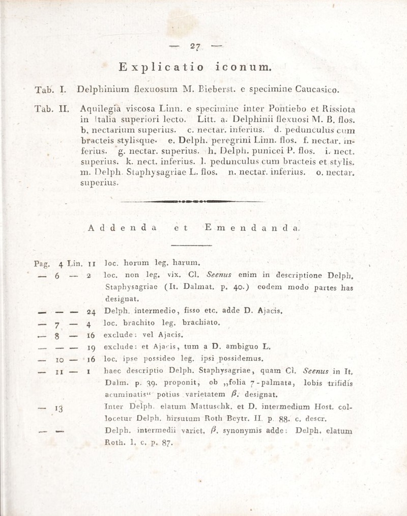 Explicatio iconum. Tab. I. Delphinium flexuosum M. Bieberst. e specimine Caucasico. Tab. II. Aquilegia viscosa Linn. e specimine inter Pontiebo et Rissiota in !talia superiori lecto, Litt. a. Delphinii flexuosi M. B. flos, b, nectarium superius, c. nectar, inferius, d. pedunculus cum bracteis stylisque* e. Delph. peregrini Linn. flos. f. nectar, in¬ ferius. g. nectar, superius, h. Delph. punicei P. flos. i. nect. superius, k. nect. inferius. 1. pedunculus cum bracteis et stylis, m. Oelph. Stapliysagriae L. flos. n. nectar, inferius, o. nectar, superius. Addenda et Emendanda. ]oc. horum leg, harum. loc. non leg. vix. Cl. Seenus enim in descriptione Delph, Staphysagriae (It, Dalmat, p, 40.) eodem modo partes has designat, Delph. intermedio, fisso etc, adde D. Ajacis, loc. brachito leg, brachiato, exclude: vel Ajacis, exclude: et Ajacis, tum a D. ambiguo L, loc, ipse possideo leg. ipsi possidemus. haec descriptio Delph. Staphysagriae, quam Ci. Seenus in It, Dalm. p. 39. proponit, ob ,,folia 7-palmata, lobis trifidis acuminatis“ potius varietatem fi. designat. Inter Delph. eiatum Mattuschk. et D. intermedium Ilost. col¬ locetur Delph. hirsutum Roth Bcytr. II. p 88* c, descr. Delph. intermedii variet, fi. synonymis adde: Delph, elatum Roth. 1, c, p, 87. Pag, 4 Lin. II — 6—2 — 7,-4 — 8 — 16 — 10 — 16 — 11 — 1 ~ 13 »