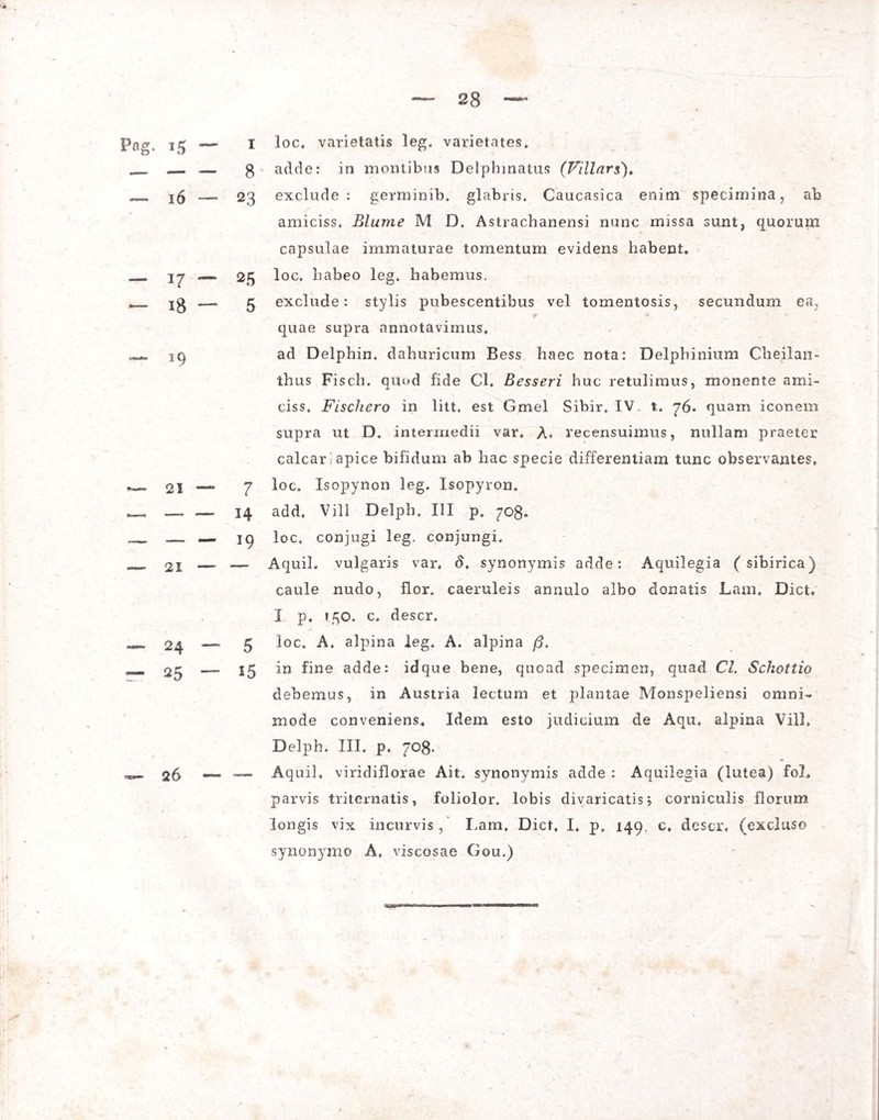 Fog. 15 — — 16 — — 17 — — 18 — — 21 — 21 — — 24 — — 25 — 26 — I loc. varietatis leg. varietates. 8 adde: in montibus Delphinatus (Villars). 23 exclude: germinib. glabris. Caucasica enim specimina, ab amiciss. Blume M D. Astrachanensi nunc missa sunt, quorum capsulae immaturae tomentum evidens habent» 25 loc, habeo leg. habemus. 5 exclude: stylis pubescentibus vel tomentosis, secundum ea, r quae supra annotavimus» ad Delphin, dahuricum Bess haec nota: Delphinium Cheilan- thus Fisch. quod fide Cl. Besseri huc retulimus, monente ami¬ ciss. Fischero in litt. est Gmel Sibir. IV. t. 76. quam iconem supra ut D. intermedii var. A* recensuimus, nullam praeter calcar apice bifidum ab hac specie differentiam tunc observantes» 7 loc. Isopynon leg. Isopyron. 14 add, Vili Delph. III p. 708» 19 loc. conjugi leg. conjungi. — Aquil. vulgaris var. d. synonymis adde: Aquilegia (sibirica) caule nudo, flor, caeruleis annulo albo donatis Lam. Dict, I p. 150. c. descr. 5 loc. A. alpina leg. A. alpina /?. 15 in fine adde: idque bene, quoad specimen, quad Cl. Schottio debemus, in Austria lectum et plantae Monspeliensi omni¬ mode conveniens. Idem esto judicium de Aqu* alpina Vili» Delph. III. p. 708. — Aquil. viridiflorae Ait. synonymis adde : Aquilegia (lutea) foL parvis triternatis, foliolor. lobis divaricatis? corniculis florum longis vix incurvis , Lam. Dict. I. p, 149. c, descr, (excluso synonymo A. viscosae Gou.)