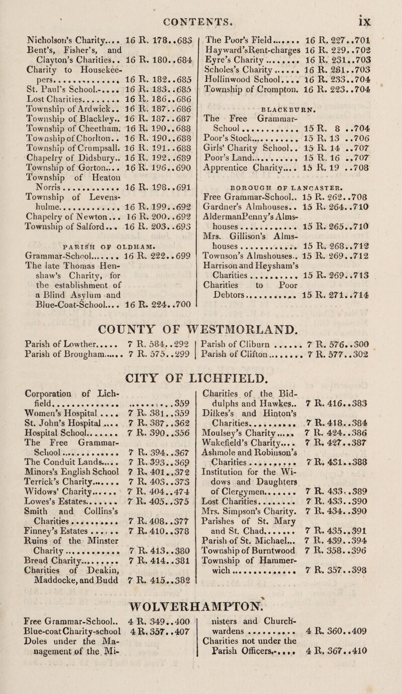 Nicholson’s Charity.... Bent’s, Fisher’s, and 16 & M- CO • .683 Clayton’s Charities.. 16 R.180. .684 Charity to Housekee- R. 182. pers.... 16 . 685 St. Paul’s School...... 16 R.183. .685 Lost Charities. 16 R.186. .686 Township of Ardwick.. 16 R.187. .686 Township of Blackley.. 16 R. 187. .687 Township of Cheetham. 16 R. 190. .688 Township of Chorlton.. 16 R. 190. .688 Township ofCrumpsall. 16 R.191. .688 Chapelry of Didsbury.. 16 R. 392. .689 Township of Gorton.... 16 R.196. .690 Township of Heaton Norris .. 16 R. 198. .691 Township of Levens- holme. 16 R.199. .692 Chapelry of Newton... 16 R. 200. .692 Township of Salford... 16 R. 203. .693 PARISH OF OLDHAM. Grammar-School. 16 R. 222..699 The late Thomas Hen- shaw’s Charity, for the establishment of a Blind Asylum and Blue-Coat-School.... 16 R. 224. .700 The Poor’s Field. 16 R. 227. ,701 Hay ward’sRent-cliarges 16 R. 229..702 Eyre’s Charity. 16 R. 231..703 Scholes’s Charity ..16 R. 231..703 Hollinwood School.... 16 R. 233..704 Township of Crompton. 16 R. 223. .704 BLACKBURN. The Free Grammar- School. 15 R. 8 ..704 Poor’s Stock. 15 Rk 13 ..706 Girls’ Charity School.. 15 R. 14 ..707 Poor’s Land. 15 R. 16 ^.707 Apprentice Charity.... 15 R. 19 ..708 BOROUGH OF LANCASTER. Free Grammar-School.. 15 R. 262. .708 Gardner’s Almhouses.. 15 R. 264. .710 AldermanPenny's Alms¬ houses. 15 R.265..710 Mrs. Giliison’s Alms¬ houses. 15 R.268..712 Townson’s Almshouses.. 15 R. 269..712 Harrison and Hey sham’s Charities. 15 R. 269..713 Charities to Poor Debtors.. 15 R. 271..714 COUNTY OF WESTMORLAND. Parish of Lowther. 7 R. 584. .292 Parish of Cliburn.7 R. 576. .300 Parish of Brougham. 7 R. 575.. 299 Parish of Clifton.. 7 R. 577.. 302 CITY OF LICHFIELD. Corporation of Lich- field. Women’s Hospital .... 7 R. 381. .359 St. John’s Hospital.... 7 R.387. .362 Hospital School.. 7 R. 390. .356 The Free Grammar- School... 7 R. 394. .367 The Conduit Lands. 7 R.393. .36? Minors’s English School 7 R. 401. .372 Terrick’s Charity. 7 R. 403. .373 Widows’ Charity. 7 R. 404. .474 Lowes’s Estates. 7 R. 405. .375 Smith and Collins’s Charities... 7 R. 408. .377 Finney’s Estates ...... 7 R. 410. .378 Ruins of the Minster Charity. 7 R. 413. .380 Bread Charity.. 7 R. 414. .381 Charities of Deakin, Maddocke, and Budd 7 R. 415. .382 Charities of the Bid- dulphs and Hawkes.. Dilkes’s and Hinton’s Charities.. Moulsey’s Charity. Wakefield’s Charity.... Ashmole and Robiuson’s Charities.. Institution for the Wi¬ dows and Daughters of Clergymen....... Lost Charities.. Mrs. Simpson’s Charity. Parishes of St. Mary and St. Chad. Parish of St. Michael... Township of Burntwood Township of Hammer- wich. 7 R. 416..383 7 R.418..384 7 R. 424..386 7 R. 427..387 7 R. 431..388 7 R. 433,.389 7 R. 433..390 7 R. 434..390 7 R. 435..391 7 R. 439..394 7 R. 358..396 7 R. 357..398 » WOLVERHAMPTON.' Free Grammar-School.. 4 R. 349..400 Blue-coat Charity-school 4 R. 357. .407 Doles under the Ma¬ nagement of the Mi¬ nisters and Church¬ wardens .. 4 R. 360..409 Charities not under the Parish Officers.-.... 4 R. 367. .410