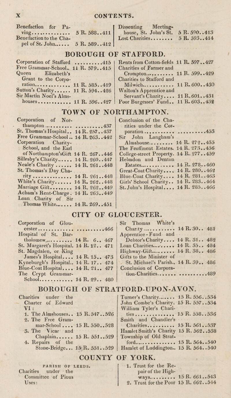 Benefaction for Pa¬ ving..... 5 R. 588..411 Benefaction to the Cha¬ pel of St. John. 5 R. 589..412 BOROUGH C Corporation of Stafford .415 Free Grammar-School.. 11 R. 579..415 Queen Elizabeth’s Grant to the Corpo¬ ration. HR. 585..419 Sutton’s Charity. 11 R. 594..426 Sir Martin Noel’s Alms¬ houses.11R. 596. .427 Dissenting Meeting¬ house, St. John’s St. 5 R. 590..413 Lost Charities. 5 R. 593..414 ' STAFFORD. Rents from Cotton-fields 11 R. 597..427 Charities of Farmer and Crompton. 11 R. 599. .429 Charities to Stafford and Milwich.... ltR.600..430 Walton’s Apprentice and Servant’s Charity.... 11 R.601. .431 Poor Burgesses’ Fund.. 11 R. 603.. 432 TOWN OF NORTHAMPTON. Corporation of Nor¬ thampton ...437 St. Thomas’s Hospital.. 14 R. 257.. 437 Free Grammar-School.. 14 R. 263. .442 Corporation Charity- School, and the Earl ofNorthampton’sGift 14 R. 267..446 Sillesby’s Charity. 14 R. 260. .447 Neale’s Charity. 14 R. 261. .448 St. Thomas’s Day Cha¬ rity . 14 R. 261..448 White’s Charity.14 R. 262. .448 Marriage Gift.14 R. 262..449 Acham’s Rent-Charge. 14 R. 263..449 Loan Charity of Sir Thomas White. 14 R. 269. .451 Conclusion of the Cha¬ rities under the Cor¬ poration ...453 Sir John Langham’s Almshouse. 14 R. 272..455 The Feoffment Estates. 14 R. 273..456 College-street Property. 14 R. 277. .459 Helmdon and Denton Estates. 14 R. 278. .460 Great-Coat Charity...» 14 R. 280.. 462 Blue-Coat Charity.... 14 R. 281. .463 Girls’ School Charity.. 14 R. 283. .464 St. John’s Hospital.... 14 R. 285..466 CITY OF GLOUCESTER. Corporation of Glou- cester. Hospital of St. Bar- tholomew. 14 R. 6.. 467 St. Margaret’s Hospital. 14 R. 12.. 471 St. Magdalen, or King James’s Hospital.... 14 R. 15.. 473 Kyneburgh’s Hospital.. 14 R.17.. 474 Blue-Coat Hospital.... 14 R. 21.. 477 The Crypt Grammar- School. 14 R. 29.. 480 Sir Thomas White’s Charity... Apprentice - Fund and Debtor’s Charity.... 14 R.30.. 481 14 R. 31.. 482 Loan Charities...^..... 14 R. 35.. 484 Highway-Gift. 14 R. 38.. 486 Gifts to the Minister of St. Michael’s Parish.. 14 R.39.. 486 Conclusion of Corpora- tion-Charities. BOROUGH OF STRATFORD-UPON-AVON. Charities under the Charter of Edward VI : 1. The Almshouses.. 15 R. 547..526 2. The Free Gram¬ mar-School .... 15 R.550..528 3. The Vicar and Chaplain. 15 11. 551. .529 4. Repairs of the Stone-Bridge... 15rR. 551. .529 COUNTY Turner’s Charity....... 15 R. 556. .534 John Combe’s Charity. 15 R. 557. .534 William Tyler’s Chari¬ ties. 15 R.558..536 Smith and Chandler’s Charities. 15 R. 561..537 Hamlet Smith’s Charity 15 R. 562. .538 Township of Old Strat¬ ford. 15 R. 564..540 Hamlet of Luddington.. 15 R. 564. .540 >F YORK. PARISH OF LEEDS. Charities under the Committee of Pious Uses: 1. Trust for the Re¬ pair of the High¬ ways.. 15 R. 661..543 2. Trust for the Poor 15 R. 662. .544