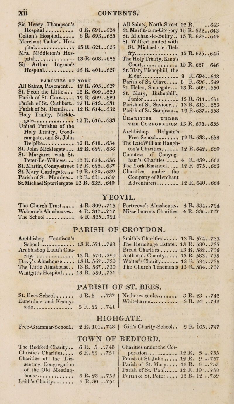 Sir Henry Thompson’s Hospital.... 8 R. 691..624 Colton’s Hospital...... 8 R. 693..625 Merchant Tailor’s Hos¬ pital.15R. 621..626 Mrs. Middleton’s Hos- 1 pital..... 13 R. 608..626 Sir Arthur Ingrain’s Hospital.16 R. 401.. 627 PARISHES OF YORK. All Saints, Pavement... 12 R.605. .627 St. Peter the Little.... 12 R. 609. .629 Parish of St. Crux. 12 R. 609. .629 Parish of St. Cuthbert.. 12 R. 613. .631 Parish of St. Dennis... • 12 R.614. .632 Holy Trinity, Mickle- gate. 12 R. 616. . 633 United Parishes of the Holy Trinity, Good- ramgate, and St. John Del pike... 12 R. 618. .634 St. John Micklegate.... 12 R. 622. .636 St. Margaret with St. * Peter-Le-Willows. .. 12 R. 624. .636 St. Martin, Coney-street 12 R. 625. .637 St. Mary Castlegate.... 12 R. 630. .639 Parish of St. Maurice.. 12 R. 631. .639 St.Michael Spurriergate 12 R. 632. .640 All Saints, North-Street 12 R. . .643 St.Martin-cum-Grcgory 15 R. 622..643 St. Michael-le-Belfry.. 15 R. 623..644 St. Wilfred united with St. Michael-le-Bel¬ fry... 15 R. 625..645 The Holy Trinity, King’s Court.15 R. 627 646 St. Mary Bishophill, the Elder. 8 R. 694.. 648 Parish of St. 0 lave.... 8 R. 696.. 649 St. Helen, Stonegate... 13 R. 609..650 St. Mary, Bishophill, Junior. 13 R. 611..651 Parish of St. Saviour... 13 R. 613.. 653 Parish of St. Sampson... 12 R. 637. .653 Charities under the Corporation 13 R. 608..655 Archbishop Holgate’s Free School.j2 R. 638..658 The LateWilliam Haugh- ton’s Charities.12 R. 642. .660 Countess of Conyng- harn’s Charities .... 4 R. 439..662 The York Emanuel.... 12 R 675..663 Charities under the Company of Merchant Adventurers..12 R. 640. .664 YEOVIL. The Church Trust .... 4 R. 309. .715 Woborne’sAlmshouses.. 4 R. 317..717 The School.. 4 R. 325..721 * * PARISH OF Archbishop Tennison’s School. 13 R. 571..728 Archbishop Laud’s Cha¬ rity. 13 R. 570..729 Davy’s Almshouse .... 13 R. 567. .730 The Little Almshouse.. 13 R. 567. .730 Wliitgift’s Hospital.... 13 R. 569. .731 Portreeve’s Almshouse.. 4 R. 334. .724 Miscellaneous Charities 4 R. 336..727 CROYDON. Smith’s Charities.. 13 R. 574..733 The Hermitage Estate.. 13 R. 580..735 Bread Charities ...... 13 R. 582.. 736 Apthorp’s Charity.13 R. 583. .736 Walter’s Charity.13 R. 584.. 736 The Church Tenements 13 R. 584. .737 PARISH OF ST. REES. St. Bees School. 3 Pv. 5 . .737 Ennerdale and Kenny- side. 3 R. 22 . .741 Netherwasdale.... Whitehaven... 3 R. 23 ..742 3 R. 24 ..742 HIGHGATE. Free-Grammar-School.. 2 R. 101..743 J Girl’s Charity-School.. 2 R. 105..747 TOWN OF BEDFORD. The Bedford Charity.. Christie’s Charities.... Charities of the Dis¬ senting Congregation of the Old Meeting¬ Leith’s Charity... 6 R. 5 .'.748 6 R. 22 ..751 6 R.30 ..754 Charities under the Cor¬ poration.. Parish of St. John. Parish of St, Mary. ... Parish of St. Paul. 12 R. 5 ..755 12 R. 9 ..757 12 R. 6 ..757 12 R. 10 .. 758