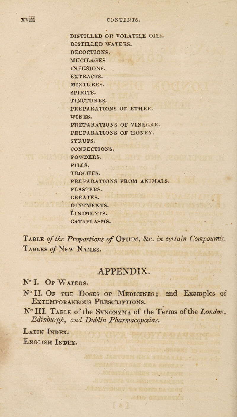 DISTILLED OR VOLATILE OILS. DISTILLED WATERS* DECOCTIONS. MUCILAGES. INFUSIONS* EXTRACTS. MIXTURES. SPIRITS. TINCTURES. PREPARATIONS OF ETHER. WINES. PREPARATIONS OF VINEGAR* PREPARATIONS OF HONEY. SYRUPS. CONFECTIONS. POWDERS. PILLS. TROCHES, PREPARATIONS FROM ANIMALS. PLASTERS. CERATES. OINTMENTS. Liniments. CATAPLASMS. Table of the Proportions of Opium, &c. in certain Compounds, Tables of New Names. APPENDIX. N® I. Of Waters. N° II. Of the Doses of Medicines ; and Examples of Extemporaneous Prescriptions. N° III. Table of the Synonym a of the Terms of the London9 Edinburgh, and Dublin Pharmacopoeias. Latin Index, English Index.