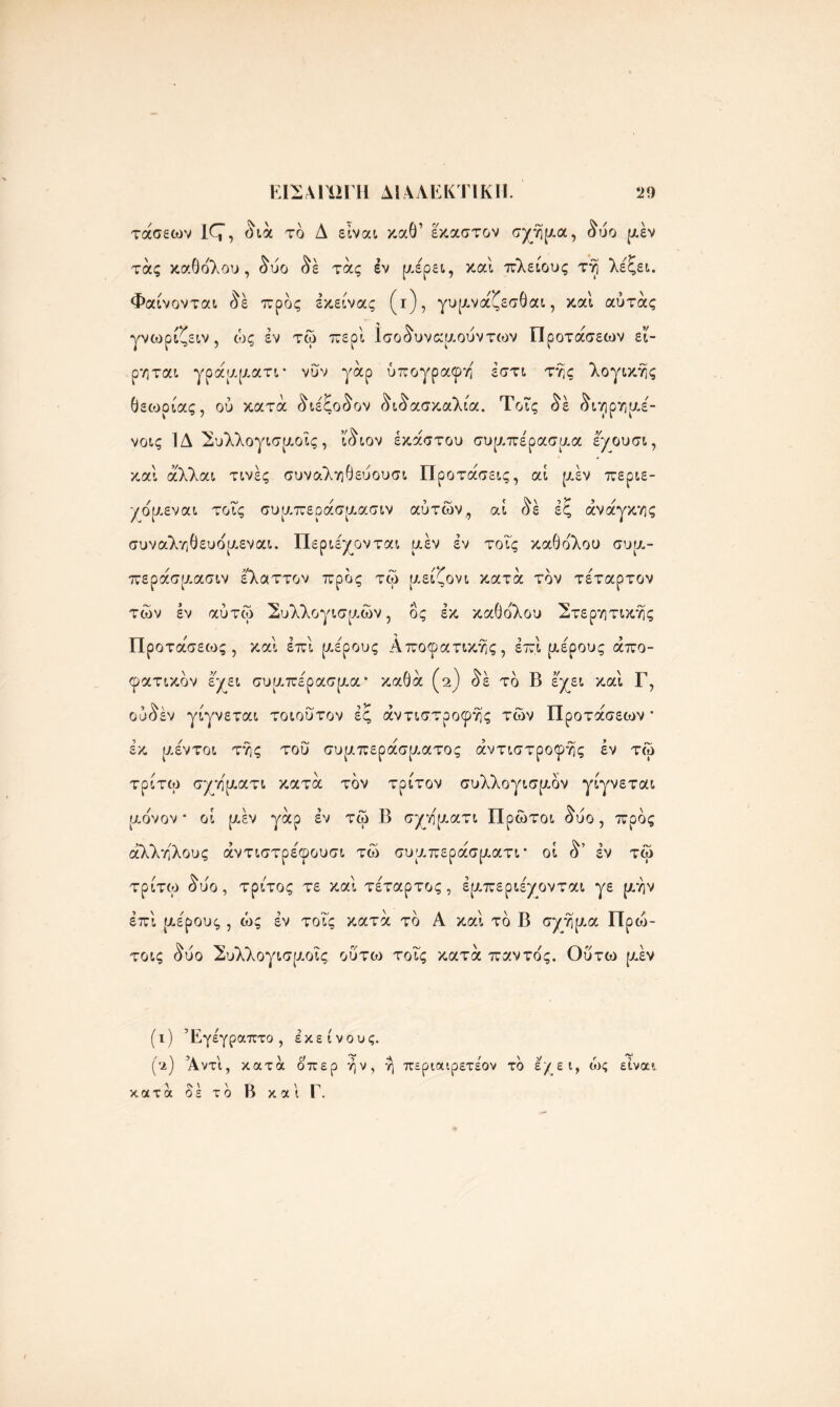 τάσεων 1^7, διά το Δ είναι καθ’ έκαστον σχήμα, δύο μέν τάς καθολου , δύο δέ τάς έν μέρει, καί πλείους τη λέξει. Φαίνονται δε προς έκείνας (ι), γυμνάζεσθαι, καί αύτάς γνωρίζειν , ώς εν τω περί Ισοδυναμούντων Προτάσεων εί- ρηται γράμματα νυν γάρ υπογραφή έστι της λογικής θεωρίας, ού κατά διέξοδον διδασκαλία. Τοις δέ δ ιηρημέ- νοις 1Δ Συλλογισμοίς, ίδιον έκαστου συμπέρασμα έγουσι, καί άλλαι τινές συναληθεύουσι Προτάσεις, αί μέν περιε- γο'μεναι τοίς συμπεράσμασιν αύτών, αί δέ έξ ανάγκης συναληθευομεναι. Περιέχονται μέν έν τοις καθο'λου συμ- περάσμασιν έ'λαττον προς τω μείζονι κατά τον τέταρτον των εν αύτώ Συλλογισμών, δς εκ καθολου Στερητικής Προτάσεως , καί επί μέρους Αποφατικής, επί ριέρους απο- φατικόν έχει συμπέρασμα* καθά (2) δέ τδ Β έχει καί Γ, ουδεν γίγνεται τοιούτον έξ αντίστροφης των Προτάσεων * έκ μέντοι της τού συμπεράσματος αντίστροφης έν τω τρίτω σγη'ματι κατά τον τρίτον συλλογισμόν γίγνεται μο'νον · οί μέν γάρ έν τω Β σχηματι Πρώτοι δύο, προς άλληλους άντιστρέφουσι τώ συμπεράσματα οί δ’ έν τω τρίτω δυ'ο, τρίτος τε καί τέταρτος, έμπεριέχονται γε μην έπί μέρους , ώς έν τοις κατά τδ Α καί τδ Β σχήμα Πρώ- τοις δύο Συλλογισμοϊς ούτω τοις κατά παντο'ς. Ούτω μέν (0 Έγεγραπτο , έ κ ε μ Μ Αντί, κατά ΐ! οπερ κατά δέ τδ Β κ α ί Γ.