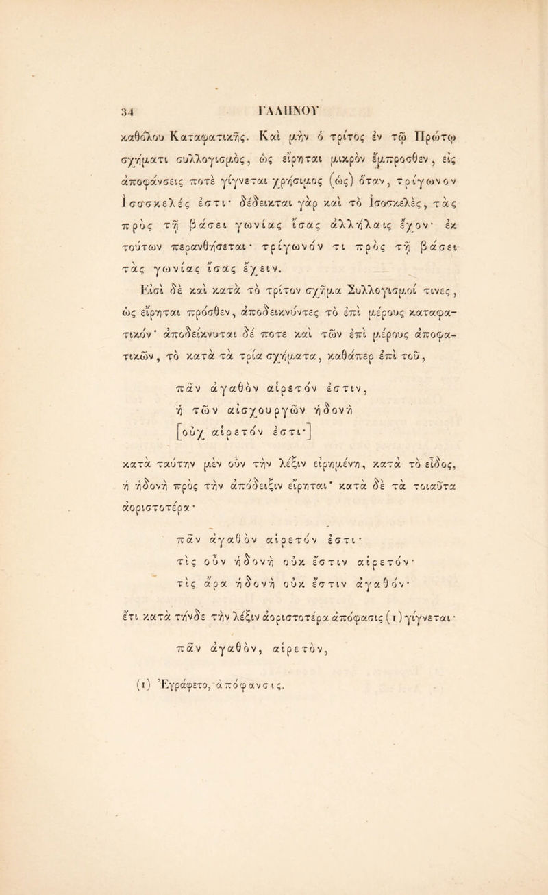 καθόλου Καταφατικής. Και μην ό τρίτος εν τώ Πρώτω σχη'ματι συλλογισμός, ό)ς ειρηται μικρόν έμπροσθεν, εις αποφάνσεις ποτέ γίγνεται χρήσιμος (ως) όταν, τρίγωνον ίσονσκελές έστι* δέδεικται γάρ και τό Ισοσκελές, τάς π ρ ό ς τη βάσει γωνίας ί σ α ς άλλ η λ α ις ίγ ο ν · έκ τούτων περανθη'σεται * τρίγωνόν τι προς τη βάσει τάς γωνίας ίσας ε’χειν. Είσί δέ καί κατά τό τρίτον σχήμα Συλλογισμοί τινες , ώς ειρηται πρόσθεν, άποδεικνύντες τό επί μέρους καταφα- τικόν* άποδείκνυται δέ ποτέ καί των επί μέρους αποφα- τικών, τό κατά τά τρία σχήματα, καθάπερ επί τού, παν αγαθόν αιρετόν έστιν, ή των αίσχουργών η ό ο ν η [ούχ αιρετόν έστι* κατά ταύτην μέν ούν την λέξιν είρημένη, κατά τό είδος, η ήδονη προς την άπόδειξιν ειρηται* κατά δέ τά τοιαΰτα άοριστοτέρα· παν αγαθόν αιρετόν έστι* τις ούν ηδονη ούκ έ'στιν αιρετόν* τις άρα η δον η ούκ ε'στιν αγαθόν* ετι κατά την δε την λέξιν άοριστοτέρα άπόφασις (ι) γίγνεται * παν αγαθόν, αιρετόν, (ι) Έγράφετο, άπόφανσις.