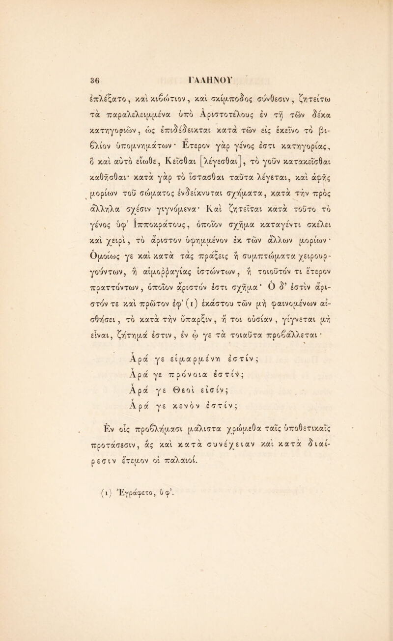 έπλέςατο , καί κιβώτιον , καί σκίμποδος συνθεσιν , ζητείτω τα παραλελειμμένα ύπδ Αριστοτέλους εν τη των <^έκα κατηγοριών, ώς έπιδέδεικται κατά των εις εκείνο το βι- βλίον υπομνημάτων* Ετερον γάρ γένος έστι κατηγορίας, δ καί αύτδ είωθε, ΚείσΟαι [λέγεσθαι], τδ γουν κατακείσθαι καθησθαι* κατά γάρ τδ ίστασθαι ταΰτα λέγεται, καί άφης μορίων του σώματος έν^είκνυται σχήματα, κατά την πρδς άλληλα σχέσιν γιγνδμενα* Καί ζητείται κατά τούτο τδ γένος ύφ’ ίπποκράτους, οποίον σχήμα καταγέντι σκέλει καί χειρί, τδ ά'ριστον ύφημμένον εκ των άλλων μορίων * Ομοίως γε καί κατά τάς πράξεις η συμπτώματα γειρουρ- γούντων, η αιμορραγίας ίστώντων , η τοιοΰτο'ν τι έτερον πραττδντων , οποίον άριστο'ν έστι σχήμα* 0 ά’ έστίν άρι- στδν τε καί πρώτον έφ’ (ι) έκάστου των μη φαινομένων αί- σθη'σει, τδ κατά την ΰπαρξιν , η τοι ουσίαν , γίγνεται μη είναι, ζήτημά έστιν , εν ώ γε τά τοιαΰτα προβάλλεται* I > Αρά γε ειμαρμένη έστίν; Αρά γε προ'νοια έστίν; Αρά γε Θεοί είσίν; Αρά γε κενδν έστίν; Εν οίς προβλη'μασι μάλιστα χρώμεθα ταίς ύποθετικαίς προτάσεσιν, ας καί κατά συνέχειαν καί κατά διαί- ρεσιν έτεμον οί παλαιοί. (ι) Έγράφετο, υ <ρ\