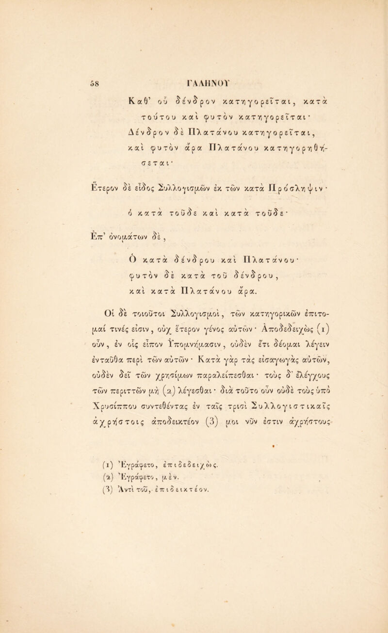 Καθ’ ου δένδρον κατηγορεί ται, κατα τούτου καί. φυτον κατηγορεΐται- Δένδρον δ έ Πλατάνου κατηγορεΐται, καί φυτον άρα Πλατάνου κατηγορηθη- σ 8 τ α ι * Ετερον δε είδος Συλλογισμών εκ των κατά Προσληψιν* ό κατά τ ο ΰ δ ε καί κατά τ ο ΰ δ ε * Επ’ ονομάτων δέ 5 Ο κατά δένδρου καί Πλατάνου· φυτον δέ κατά του δένδρου, καί κατά Πλατάνου άρα. Οί δέ τοιοΰτοι Συλλογισμοί, των κατηφορικών έπιτο- μαί τινές είσιν , ούχ έτερον γένος αυτών* Αποδεδειχώς (ι) ούν , εν οίς είπον Υπομνημασιν , ούδέν έτι δέομαι λέγειν ενταύθα περί των αύτών · Κατά γάρ τάς είσαγωγάς αύτών, ούδέν δεΓ των χρησίμων παραλείπεσθαι * τούς δ’ ελέγχους των περιττών μη (2) λέγεσθαι * διά τούτο ούν ουδέ τούς ύπο Χρύσιππού συντεθέντας έν ταις τρισί Συλλογιστικαΐς άχρη'στοις άποδεικτέον (3) μοι νύν έστιν άχρηστους (ι) Έγράφετο, έπ ι δεδειχώ ς. (α) Έγράφετο, μέν. (3) Αντί τού,· έπιδεικτέον.