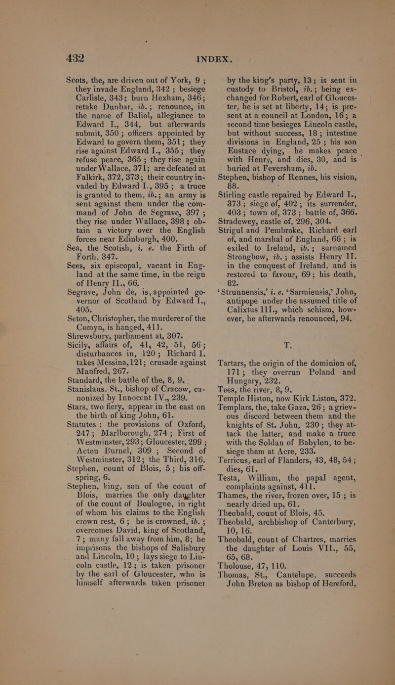 Scots, the, are driven out of York, 9 ; they invade England, 342 ; besiege Carlisle, 343; burn Hexham, 346; retake Dunbar, ib.; renounce, in the name of Daliol, allegiance to Edward I., 344, but. afterwards submit, 350 ; officers appointed by Edward to govern them, 351; they rise against Edward I., 355; they refuse peace, 365 ; they rise again under Wallace, 371; are defeated at Falkirk, 372, 373; their country in- vaded by Edward I., 395 ; a truce is granted to them, ib. ; an army is sent against them under the com- mand of John de Segrave, 397 ; they rise under Wallace, 398 ; ob- tain a victory over the English forces near Edinburgh, 400. Sea, the Scotish, i, e. the Firth of Forth, 347. Sees, six episcopal, vacant in Eng- land at the same time, in the reign of Henry II., 66. Segrave, John de, is,appointed go- ^. vernor of Scotland by Edward I., 406. Seton, Christopher, the murderer of the Comyn, is hanged, 411. Shrewsbury, parliament at, 307. Sicily, affairs of, 41, 42, 51, 56; disturbances in, 120 ; Richard I. takes Messina, 121; crusade against Manfred, 267. Standard, the battle of the, 8, 9. Stanislaus, St., bishop of Cracow, ca- nonized by Innocent IV., 239. Stars, two fiery, appear in the east on the birth of king John, 61. Statutes : the provisions of Oxford, 247; Marlborough, 274 ; First of Westminster, 293 ; Gloucester, 299 ; Acton Burnel, 309 ; Second of Westminster, 312; the Third, 316. Stephen, count of Blois, 5; his off- spring, 6. Stephen, king, son of the count of Blois, marries the only dagghter of the count of Boulogne, in right of whom his claims to the English crown rest, 6 ; he is crowned, ib. ; overcomes David, king of Scotland, 7; many fall away from him, 8; he imprisons the bishops of Salisbury and Lincoln, 10; layssiege to Lin- coln castle, 12; is taken prisoner by the earl of Gloucester, who is himself afterwards taken prisoner by the king's party, 13; is sent in custody to Bristol, ib.; being ex- changed for Robert, earl of Glouces- ter, he is set at liberty, 14; is pre- sent at a council at London, 16; a second time besieges Lincoln castle, but without success, 18 ; intestine divisions iu. England, 25 ; his son Eustace dying, he makes peace with Henry, and dies, 30, and is buried at Feversham, ib. Stephen, bishop of Rennes, his vision, 88 Stirling castle repaired by Edward I., 373 ; siege of, 402; its surrender, 403 ; town of, 373 ; battle of, 366. Stradewey, castle of, 296, 304. Strigul and Pembroke, Richard earl of, and marshal of England, 66 ; is exiled to Ireland, ib.; surnamed Strongbow, ib.; assists Henry II. in the conquest of Ireland, and is restored to favour, 69; his death, 82. * Strunnensis,' i. e. *Sarmiensis,' John, antipope under the assumed title of Calixtus I1I., which schism, how- ever, he afterwards renounced, 94. jd Tartars, the origin of the dominion of, 171; they overrun Poland and Hungary, 232. Tees, the river, 8, 9. Temple Histon, now Kirk Liston, 372. Templars, the, take Gaza, 26 ; a griev- ous discord between them and the knights of St. John, 230; they at- tack the latter, and make a truce with the Soldan of Babylon, to be- siege them at Acre, 233. Terricus, earl of Flanders, 43, 48, 54; dies, 61. Testa, William, the papal agent, complaints against, 411. Thames, the river, frozen over, 15 ; is nearly dried up, 61. Theobald, count of Blois, 45. Theobald, archbishop of Canterbury, 10,16. Theobald, count of Chartres, marries the daughter of Louis VII., 55, 65, 68. Tholouse, 47, 110. Thomas, St., Cantelupe, succeeds John Breton as bishop of Hereford,