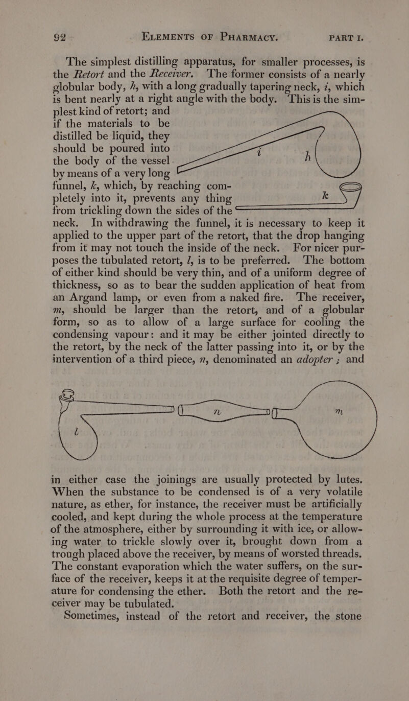 The simplest distilling apparatus, for smaller processes, is the Retort and the Recezver. ‘The former consists of a nearly globular body, 4, with along gradually tapering neck, 2, which is bent nearly at a right angle with the body. ‘This is the sim- plest kind of retort; and if the materials to be distilled be liquid, they should be poured into the body of the vessel by means of a very long funnel, £, which, by reaching com- pletely into it, prevents any thing k from trickling down the sides of the neck. In withdrawing the funnel, it is necessary to keep it applied to the upper part of the retort, that the drop hanging from it may not touch the inside of the neck. For nicer pur- poses the tubulated retort, 7, is to be preferred. The bottom of either kind should be very thin, and of a uniform degree of thickness, so as to bear the sudden application of heat from an Argand lamp, or even from a naked fire. ‘The receiver, m, should be larger than the retort, and of a globular form, so as to allow of a large surface for cooling the condensing vapour: and it may be either jointed directly to the retort, by the neck of the latter passing into it, or by the intervention of a third piece, 7, denominated an adopter ; and in either case the joinings are usually protected by lutes. When the substance to be condensed is of a very volatile nature, as ether, for instance, the receiver must be artificially cooled, and kept during the whole process at the temperature of the atmosphere, either by surrounding it with ice, or allow- ing water to trickle slowly over it, brought down from a trough placed above the receiver, by means of worsted threads. The constant evaporation which the water suffers, on the sur- face of the receiver, keeps it at the requisite degree of temper- ature for condensing the ether. Both the retort and the re-~ ceiver may be tubulated. Sometimes, instead of the retort and receiver, the stone