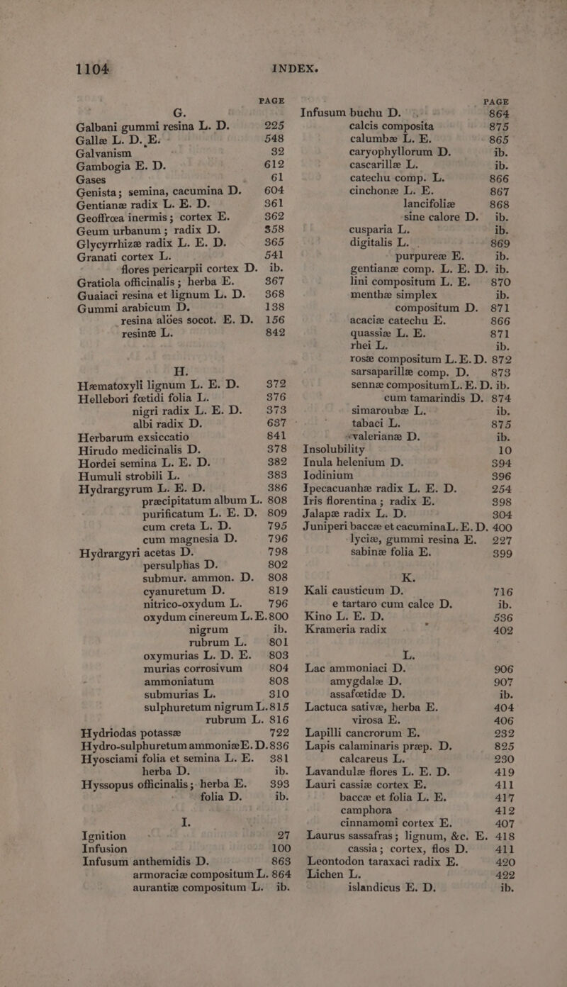 PAGE _ PAGE G. Infusum buchu D. ©, 864 Galbani gummi resina L. D. 225 calcis composita 875 Galle L. D..E: - 548 calumbe L. E. 865 Galvanism 32 caryophyllorum D. ib. Gambogia E. D. 612 cascarille L. ib. Gases 61 catechu comp. L. 866 Genista; semina, cacumina D. 604 cinchone L. E. 867 Gentiane radix L. E. D. 361 lancifoliz 868 Geoffroea inermis; cortex E. 362 sine calore D. ib. Geum urbanum ; radix D. 358 cusparia L. ib. Glycyrrhize radix ja Oe 0 365 digitalis L. . 869 Granati cortex L. 541 purpuree E. ib. flores pericarpii cortex D. ib. gentianze comp. L. E. D. ib. Gratiola officinalis ; herba E. 367 lini compositum L. E. 870 Guaiaci resina etlignum L. D. 368 menthe simplex ib. Gummi arabicum D. 138 compositum D. 871 resina aloes socot. E. D. 156 acaciz catechu E. 866 resine L. 842 quassiz L. E. 871 rhei L. ib. rose compositum L. E. D. 872 H. sarsaparille comp. D. 873 Hematoxyli lignum L. E. D. 372 sennz compositum L. E. D. ib. Hellebori foetidi folia L. 376 cum tamarindis D. 874 nigri radix L. E. D. 373 simaroube L. ib. albi radix D. 637 - tabaci L. 875 Herbarum exsiccatio 841 valeriane D. ib. Hirudo medicinalis D. 378 Insolubility 10 Hordei semina L. E. D. 382 Inula helenium D. $94 Humuli strobili L. 383 Jodinium 396 Hydrargyrum L. E. D. 386 Ipecacuanhe radix L. E. D. 254 precipitatum album L. 808 Iris florentina; radix E. 398 purificatum L. E. D. 809 Jalape radix L. D. 304 cum creta L. D. 795 Juniperi bacce et cacominaL. E. D. 400 cum magnesia D. 796 lycie, gummi resina E. 227 Hydrargyri acetas D. 798 sabinz folia E. 399 persulphas D. 802 submur. ammon. D. 808 K. cyanuretum D. 819 Kali causticum D. 716 nitrico-oxydum L. 796 e tartaro cum calce D. ib. oxydum cinereum L.E.800 Kino L. E. D. y 536 nigrum ib. Krameria radix 402 rubrum L. 801 oxymurias L. D. E. 803 L. murias corrosivum 804 Lac ammoniaci D. 906 ammoniatum 808 amygdale D. 907 submurias L. 310 assafoetidze D. ib. sulphuretum nigrum L.815 Lactuca sative, herba E. 404 rubrum L. 816 virosa E. 406 Hydriodas potassz 722 Lapilli cancrorum E. 232 Hydro-sulphuretum ammonieE.D.836 Lapis calaminaris prep. D. 825 Hyosciami folia et semina L. E. 381 calcareus L. 230 herba D. ib. Lavandule flores L. E. D. 419 Hyssopus officinalis; herba E. 393 Lauri cassie cortex E. 411 folia D. ib. bacce et folia L. E. 417 camphora 412 a: cinnamomi cortex E. 407 Ignition 27 Laurus sassafras; lignum, &c. E. 418 Infusion 100 cassia; cortex, flos D. 411 Infusum anthemidis D. 863 Leontodon taraxaci radix E. 420 armoraciz compositum L. 864 Lichen L. ib. islandicus E. D.
