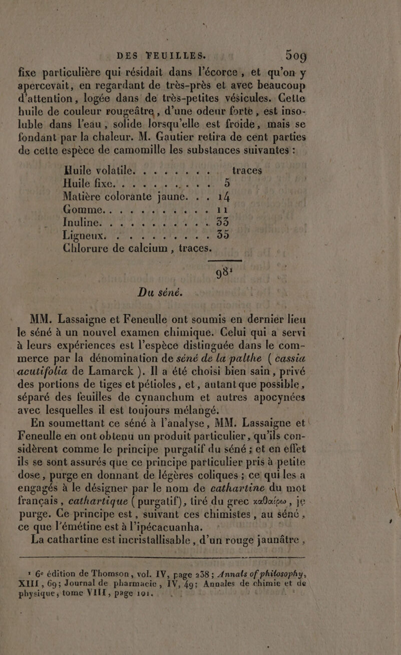 DES FEUILLES. 209 fixe particulière qui résidait dans l'écorce , et qu’on y apercevait, en regardant de très-près et avec beaucoup d'attention, logée dans de très-petites vésicules. Getle huile de couleur rougeâtre , d’une odeur forte , ést inso- luble dans l’eau , solide lorsqu'elle est froide, mais se fondant par la chaleur. M. Gautier retira de cent parties de cette espèce de camomille les substances suivantes : Huile volatile. . . . . . . . traces LITE 0 PNR ERA RE St Matière colorante jaune. . . 14 Dannine, 0108 AO CM ET MONO PU EUR M CAN ON LISTER TE TE a eee: « 35 Chlorure de calcium , traces. 98: Du séné. MM. Lassaigne et Feneulle ont soumis en dernier lieu le séné à un nouvel examen chimique. Celui qui a servi à leurs expériences est l’espèce distinguée dans le com- merce par la dénomination de séné de la palthe ( cassia ‘acutifolia de Lamarck ). Il a été choïsi bien sain , privé des portions de tiges et pélioles , et, autant que possible , séparé des feuilles de cynanchum et autres apocynées avec lesquelles il est toujours mélangé. En soumettant ce séné à l'analyse, MM: Lassaigne et Feneulle en ont obtenu un produit particulier , qu'ils con- sidèrent comme le principe purgatif du séné ; et en effet ils se sont assurés que ce principe particulier pris à petite dose, purge en donnant de légères coliques ; ce qui les a engagés à le désigner par le nom de cathartine du mot français , cathartique ( purgatif), tiré du grec xp , je purge. Ce principe est, suivant ces chimistes, au séné, ce que l’émétine est à l’ipécacuanha. : LE La cathartine est incristallisable , d’un rouge jaunâtre , un mn : Ge édition de Thomson, vol. IV, page 238 ; Annals of philosophy, XII , 69; Journal de pharmacie , IV, 49; Annales de chimie et de physique ; tome VIIT, page 101. 4 Ês