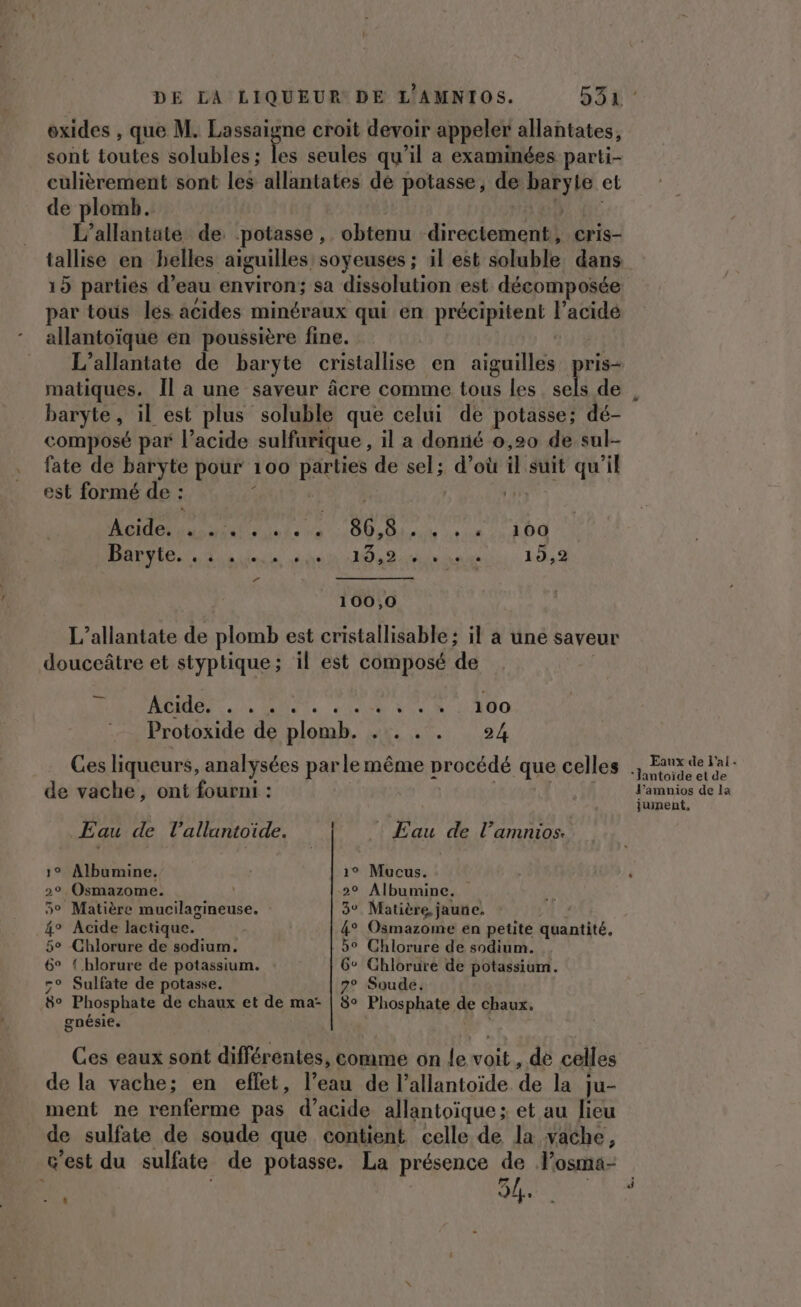 oxides , que M. Lassaigne croit devoir appeler allantates, sont toutes solubles ; te seules qu’il a examinées parti- culièrement sont les allantates dé potasse, de get le et de plomb. L’allantate de potasse, obtenu directement, cris- tallise en belles aiguilles soyeuses ; il est soluble. dans 15 partiés d’eau environ; sa dissolution est décomposée par tous les acides minéraux qui en précipitent l’acidé -_ allantoïque en poussière fine. = L’allantate de baryte cristallise en RER A ris matiques. Îl a une saveur âcre comme tous les sels de baryte, il est plus soluble que celui de potasse; dé- composé par l’acide sulfurique , il a donné 0,20 de sul- fate de baryte pour 100 parties de sels d’où il suit qu'il est formé de : | PRÉ 2 Ha A Me 100 DAME lun di HO 2e asie 15,2 100,0 L’allantate de plomb est cristallisable ; il a une saveur douceâtre et styptique; il est composé de DOMIOET CTS UE VOUS AN Protoxide de plomb. . Se 40 Ces liqueurs, analysées par le même procédé que celles de vache, ont fourni : Eau de l’alluntoide. Eau de l’amnios. 1° Albumine, | 1° Mucus. 2° Osmazome. 2° Albumine. 5° Matière mucilagineuse. 3° Matière, jaune. | _4° Acide lactique. 4° Osmazome en petite quantité. 5° Chlorure de sodium. 5° Chlorure de sodium. 6° { hlorure de potassium. 6° Ghlorure de potassium. 5° Sulfate de potasse. 7° Soude. 8° Phosphate de chaux et de ma: | 8° Phosphate de chaux. gnésie. ; Ces eaux sont différentes, comme on le voit, de celles de la vache; en effet, l'eau de l’allantoide de la ju- ment ne renferme pas d’acide allantoïque; et au lieu de sulfate de soude que contient celle de la vache, c'est du sulfate de potasse. La présence de losma- : 54. s.. “ Eaux de l’al- ‘lantoiïde et de J’amnios de la jument,