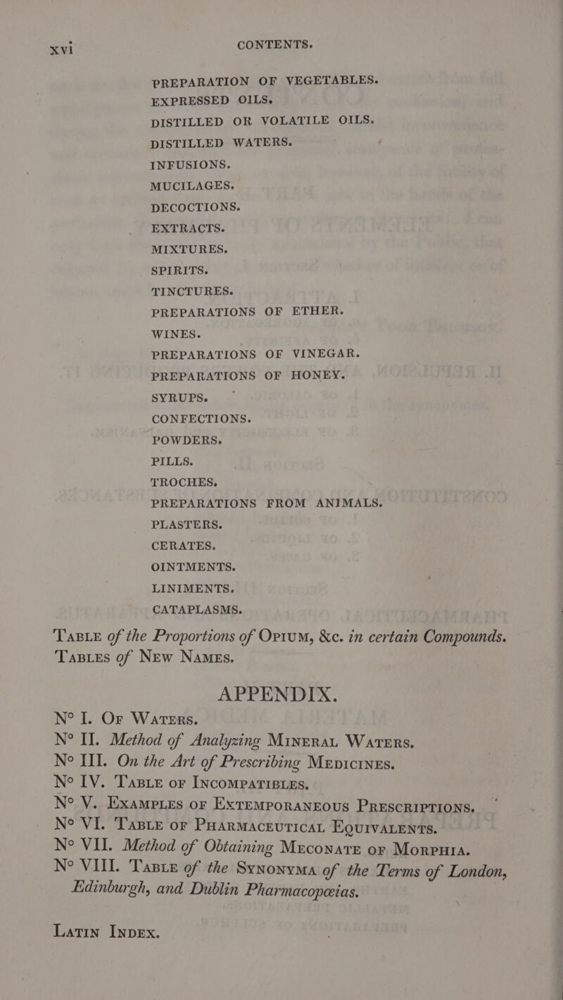 A &lt; —e PREPARATION OF VEGETABLES. EXPRESSED OILS. DISTILLED OR VOLATILE OILS. DISTILLED WATERS. INFUSIONS. MUCILAGES. DECOCTIONS. EXTRACTS. MIXTURES. SPIRITS. TINCTURES. PREPARATIONS OF ETHER. WINES. PREPARATIONS OF VINEGAR. PREPARATIONS OF HONEY. SYRUPS. CONFECTIONS. POWDERS. PILLS. TROCHES. PREPARATIONS FROM ANIMALS. PLASTERS. CERATES, OINTMENTS. LINIMENTS, CATAPLASMS. TaB_e of the Proportions of Opium, &amp;c. in certain Compounds. Tastes of New Names. APPENDIX. N° I. Or Waters. N° II. Method of Analyzing Minrrau Waters. No Ill. On the Art of Prescribing Mepicines. No IV. Tasxe or Incomparisyes, Noe VY. Examp.es or ExtemMporaNeous PRESCRIPTIONS. Ne VI. ‘Taste or PoarmacevricaL EquivaLEents. No VII. Method of Obtaining Meconate or Morputa. Ne VUL Taste of the Synonyma of the Terms of London, Edinburgh, and Dublin Pharmacopeias. Latin InpeEx.