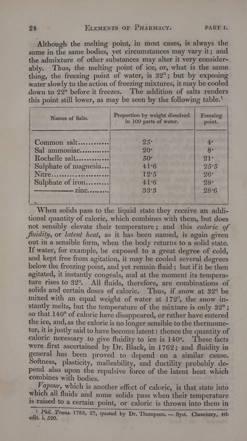 Although the melting point, in most cases, is always the same in the same bodies, yet circumstances may vary it; and the admixture of other substances may alter it very consider- ably. Thus, the melting point of ice, or, what is the same thing, the freezing point of water, is 32°; but by exposing water slowly to the action of freezing mixtures, it may be cooled down to 22° before it freezes. ‘The addition of salts renders this point still lower, as may be seen by the following table.’ Nornes'of Salts Proportion by weight dissolved | Freezing in 100 parts of water. point. Common salt......sseees 25° 4° Sal ammoniac. .oc.ccceees 20° 8° Rochelle salt... ...ceecees 50° 21° Sulphate of magnesia... 41°6 25°5 21k Cope oper eo APY tert 12°5 26° Sulphate of iron......... 41°6 28° ne ZINC. 0 0.00 core 33°3 28°6 When solids pass to the liquid state they receive an addi- tional quantity of caloric, which combines with them, but does not sensibly elevate their temperature; and this caloric of Siudity, or latent heat, as it has been named, is again given out in a sensible form, when the body returns to a solid state. If water, for example, be exposed to a great degree of cold, and kept free from agitation, it may be cooled several degrees below the freezing point, and yet remain fluid; but if it be then agitated, it instantly congeals, and at the moment its tempera- ture rises to 32°, All fluids, therefore, are combinations of solids and certain doses of caloric. Thus, if snow at 32° be mixed with an equal weight of water at 172°, the snow in- stantly melts, but the temperature of the mixture is only 32° ; so that 140° of caloric have disappeared, or rather have entered the ice, and, as the caloric is no longer sensible to the thermome- ter, it is justly said to have become latent: thence the quantity of caloric necessary to give fluidity to ice is 140°. These facts were first ascertained by Dr. Black, in 1762; and fluidity in general has been proved to depend on a similar cause. Softness, plasticity, malleability, and ductility probably de- pend also upon the repulsive force of the latent heat which combines with bodies. | ; Vapour, which is another effect of caloric, is that state into which all fluids and some solids pass when their temperature 1 Phil. Trans. 1788, 27, quoted by D doses i edit. 1. 520: » 27, quoted by Dr. Thompson, — Syst. Chemistry, 4th