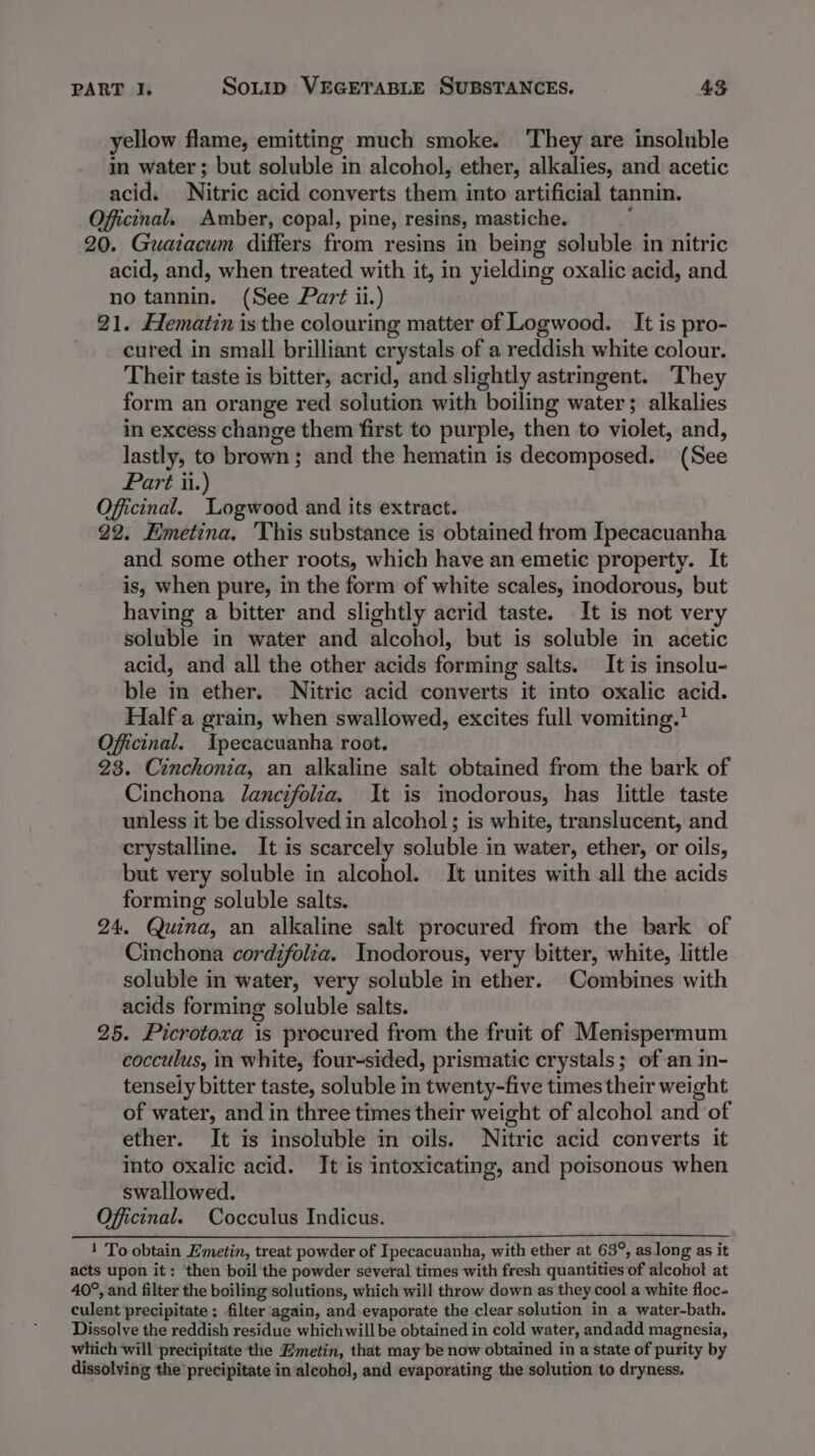 yellow flame, emitting much smoke. They are insoluble in water; but soluble in alcohol, ether, alkalies, and acetic acid. Nitric acid converts them into artificial tannin. Officinal. Amber, copal, pine, resins, mastiche. ‘ 20. Guaiacum differs from resins in being soluble in nitric acid, and, when treated with it, in yielding oxalic acid, and no tannin. (See Part ii.) 21. Hematin is the colouring matter of Logwood. It is pro- cured in small brilliant crystals of a reddish white colour. Their taste is bitter, acrid, and slightly astringent. They form an orange red solution with boiling water; alkalies in excess change them first to purple, then to violet, and, lastly, to brown; and the hematin is decomposed. (See Part ii.) Officinal. Logwood and its extract. 22. Emetina. 'This substance is obtained from Ipecacuanha and some other roots, which have an emetic property. It is, when pure, in the form of white scales, inodorous, but having a bitter and slightly acrid taste. It is not very soluble in water and alcohol, but is soluble in acetic acid, and all the other acids forming salts. It is insolu- ble in ether. Nitric acid converts it into oxalic acid. Half a grain, when swallowed, excites full vomiting.’ Officinal. Ipecacuanha root. 23. Cinchonia, an alkaline salt obtained from the bark of Cinchona Jlancifolia. It is modorous, has little taste unless it be dissolved in alcohol; is white, translucent, and crystalline. It is scarcely soluble in water, ether, or oils, but very soluble in alcohol. It unites with all the acids forming soluble salts. 24. Quina, an alkaline salt procured from the bark of Cinchona cordifolia. Inodorous, very bitter, white, little soluble in water, very soluble in ether. Combines with acids forming soluble salts. 25. Picrotoxa is procured from the fruit of Menispermum cocculus, in white, four-sided, prismatic crystals; of an in- tensely bitter taste, soluble in twenty-five times their weight of water, and in three times their weight of alcohol and of ether. It is insoluble in oils. Nitric acid converts it into oxalic acid. It is intoxicating, and poisonous when swallowed. Officinal. Cocculus Indicus. 1 To obtain E'metin, treat powder of Ipecacuanha, with ether at 63°, as long as it acts upon it: then boil the powder several times with fresh quantities of alcohot at 40°, and filter the boiling'solutions, which will throw down as they cool a white floc- culent precipitate; filter again, andevaporate the clear solution in a water-bath. Dissolve the reddish residue whichwill be obtained in cold water, andadd magnesia, which will precipitate the Hmetin, that may be now obtained in a state of purity by dissolving the’ precipitate in alcohol, and evaporating the solution to dryness.