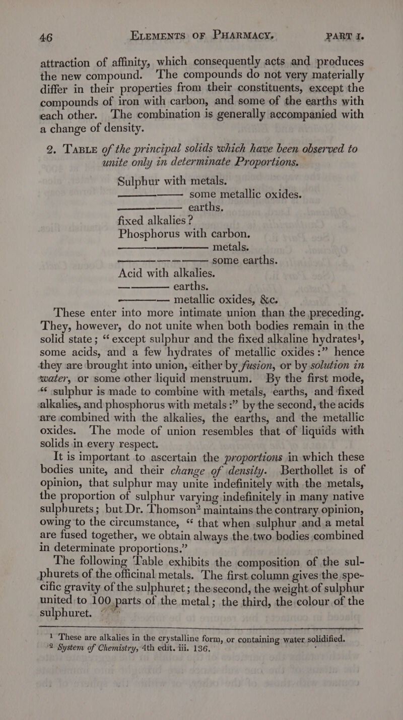 attraction of affinity, which consequently acts and produces the new compound. ‘The compounds do not very materially differ in their properties from their constituents, except the compounds of iron with carbon, and some of the earths with each other. The combination is generally accompanied with a change of density. 2. Taste of the principal solids which have been observed to unite only in determinate Proportions. Sulphur with metals. some metallic oxides. earths. fixed alkalies ? Phosphorus with carbon. metals. — some earths. Acid with alkalies. —————- earths. — metallic oxides, &amp;c. These enter into more intimate union than the preceding. They, however, do not unite when both bodies remain in the solid state ; ‘except sulphur and the fixed alkaline hydrates', some acids, and a few hydrates of metallic oxides :” hence they are brought into union, either by fusion, or by solution in water, or some other liquid menstruum. By the first mode, “‘ sulphur is made to combine with metals, earths, and fixed alkalies, and phosphorus with metals :” by the second, the acids are combined with the alkalies, the earths, and the metallic oxides. ‘The mode of union resembles that of liquids with solids in every respect. It is important to ascertain the proportions in which these bodies unite, and their change of density. Berthollet is of opinion, that sulphur may unite indefinitely with the metals, the proportion of sulphur varying indefinitely in many native sulpburets; but Dr. Thomson? maintains the contrary opinion, owing to the circumstance, “ that when sulphur and.a metal are fused together, we obtain always the,two bodies combined in determinate proportions.” The following Table exhibits the composition of the sul- phurets of the officinal metals. The first column gives the spe- cific gravity of the sulphuret ; the second, the weight of sulphur united to 100, parts of the metal; the third, the colour of the sulphuret. © ~ 1 ‘These are alkalies in the crystalline form, or containing water solidified. 2 System of Chemistry, 4th edit. iii. 136, ;