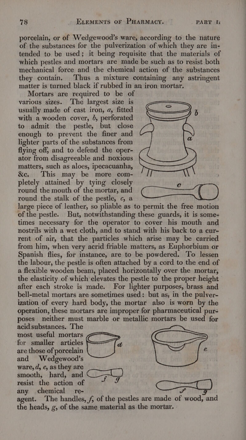 porcelain, or of Wedgewood’s ware, according to the nature of the substances for the pulverization of which they are in- tended to be used; it being requisite that the materials of which pestles and mortars are made be such as to resist both mechanical force and the chemical action of the substances they contain. Thus a mixture containing any astringent matter is turned black if rubbed in an iron mortar. Mortars are required to be of various sizes. ‘The largest size is usually made of cast iron, a, fitted A with a wooden cover, }, perforated Set See 4 to admit the pestle, but close ill, on enough to prevent the finer and lighter parts of the substances from flying off; and to defend the oper- ator from disagreeable and noxious ee tana matters, such as aloes, ipecacuanha, Siar ao-aiee &amp;c. This may be more com- pletely attained by tying closely Ws | round the mouth of the mortar, and Ce hartmaino(i4 ¥) round the stalk of the pestle, c, a large piece of leather, so pliable as to permit the free motion of the pestle. But, notwithstanding these guards, it is some- times necessary for the operator to cover his mouth and nostrils with a wet cloth, and to stand with his back to a cur- rent of air, that the particles which arise may be carried from him, when very acrid friable matters, as Euphorbium or Spanish flies, for instance, are to be powdered. ‘To lessen the labour, the pestle is often attached by a cord to the end of a flexible wooden beam, placed horizontally over the mortar, the elasticity of which elevates the pestle to the proper height after each stroke is made. For lighter purposes, brass and bell-metal mortars are sometimes used: but as, in the pulver- ization of every hard body, the mortar also is worn by the operation, these mortars are improper for pharmaceutical pur- poses neither must marble or metallic mortars be used for acid substances. ‘The most useful mortars for smaller articles Cc, Ci te are those of porcelain ew € | and Wedgewood’s ware, d, e, as they are smooth, hard, and CAD) resist the action of F Cort ree eenye ) any chemical re- a agent. The handles, f, of the pestles are made of wood, and the heads, g, of the same material as the mortar.