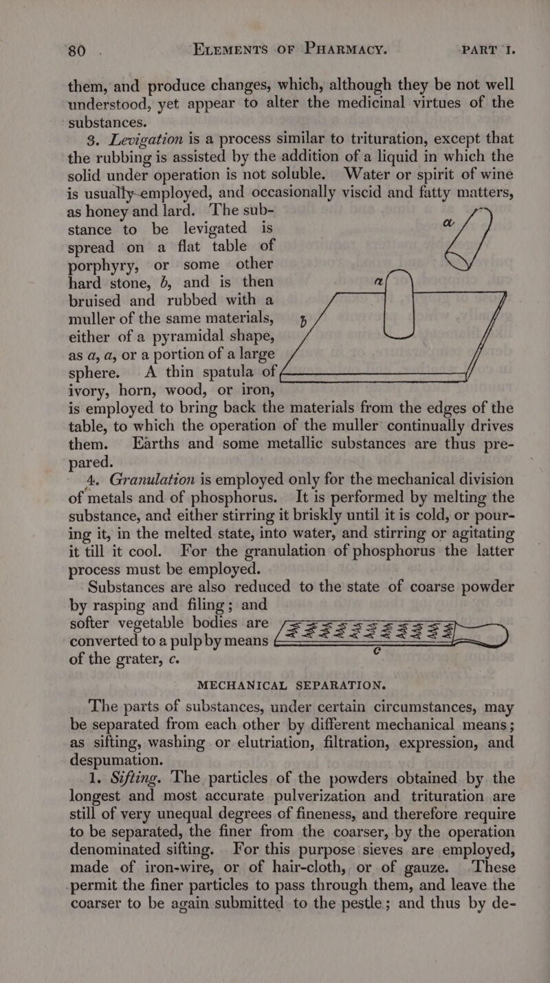 them, and produce changes, which, although they be not well understood, yet appear to alter the medicinal virtues of the substances. 3. Levigation is a process similar to trituration, except that the rubbing is assisted by the addition of a liquid in which the solid under operation is not soluble. Water or spirit of wine is usually-employed, and occasionally viscid and fatty matters, as honey and lard. The sub- stance to be levigated is %, spread on a flat table of porphyry, or some other hard stone, 4, and is then a bruised and rubbed with a muller of the same materials, 4 either of a pyramidal shape, as a, a, or a portion of a large sphere. A thin spatula of ivory, horn, wood, or iron, is employed to bring back the materials from the edges of the table, to which the operation of the muller continually drives them. Earths and some metallic substances are thus pre- pared. 4, Granulation is employed only for the mechanical division of metals and of phosphorus. It is performed by melting the substance, and either stirring it briskly until it is cold, or pour- ing it, in the melted state, into water, and stirring or agitating it till it cool. For the granulation of phosphorus the latter process must be employed. Substances are also reduced to the state of coarse powder by rasping and filing; and softer vegetable bodies are converted to a pulp by means of the grater, c. &gt; =&lt; xz = &lt;&lt; SSsssFFz3E333 MECHANICAL SEPARATION. The parts of substances, under certain circumstances, may be separated from each other by different mechanical means ; as sifting, washing or elutriation, filtration, expression, and despumation. 1. Sifting. ‘The particles of the powders obtained by the longest and most accurate pulverization and trituration are still of very unequal degrees of fineness, and therefore require to be separated, the finer from the coarser, by the operation denominated sifting. For this purpose sieves are employed, made of iron-wire, or of hair-cloth, or of gauze. ‘These -permit the finer particles to pass through them, and leave the coarser to be again submitted to the pestle; and thus by de-