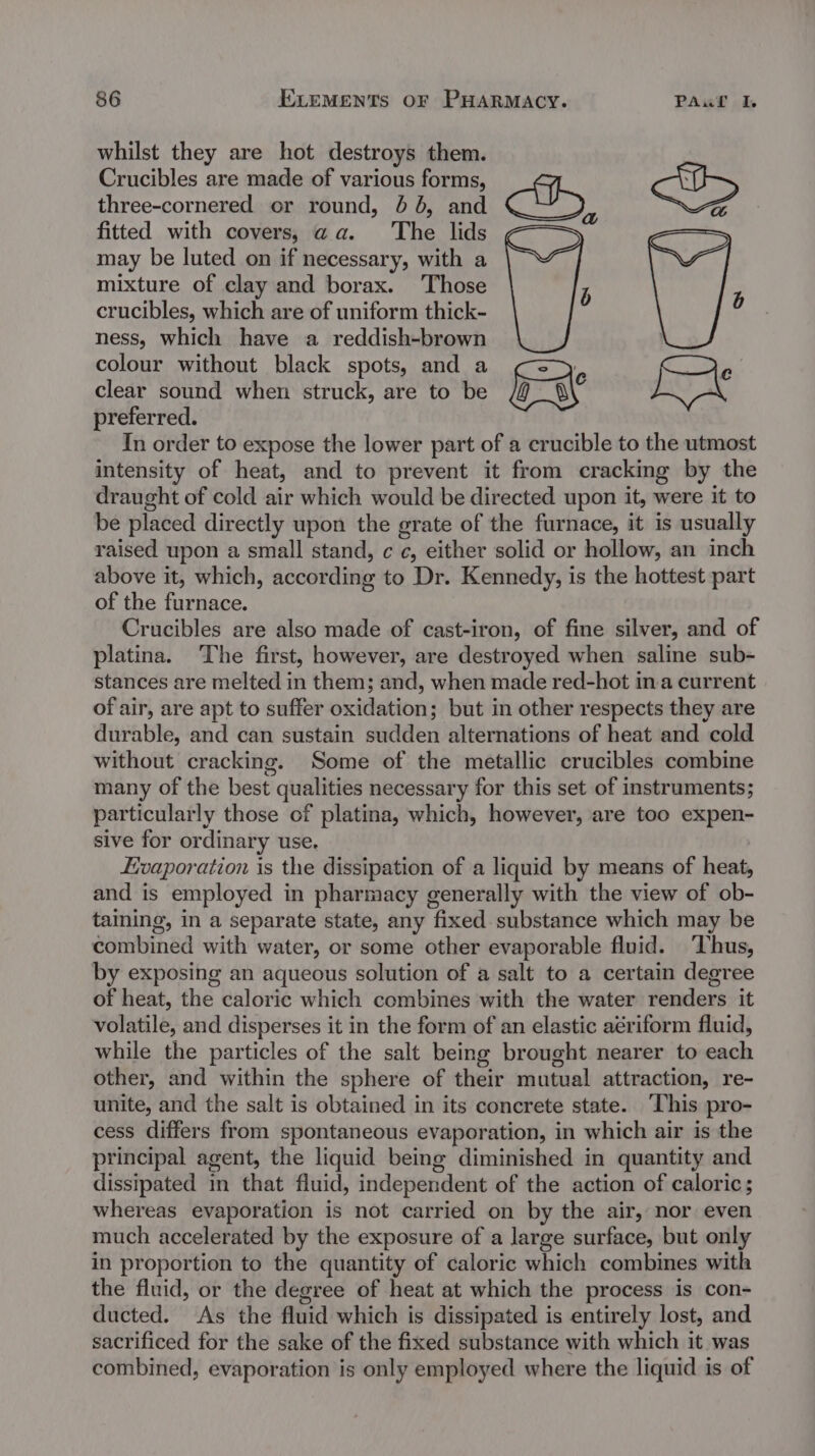 whilst they are hot destroys them. Crucibles are made of various forms, three-cornered or round, 64 6, and dah &lt;p fitted with covers, aa. The lids ie may be luted on if necessary, with a mixture of clay and borax. Those i ; crucibles, which are of uniform thick- ; ness, which have a reddish-brown colour without black spots, and a Cory clear sound when struck, are to be preferred. In order to expose the lower part of a crucible to the utmost intensity of heat, and to prevent it from cracking by the draught of cold air which would be directed upon it, were it to be placed directly upon the grate of the furnace, it is usually raised upon a small stand, c ¢, either solid or hollow, an inch above it, which, according to Dr. Kennedy, is the hottest part of the furnace. Crucibles are also made of cast-iron, of fine silver, and of platina. The first, however, are destroyed when saline sub- stances are melted in them; and, when made red-hot ina current of air, are apt to suffer oxidation; but in other respects they are durable, and can sustain sudden alternations of heat and cold without cracking. Some of the metallic crucibles combine many of the best qualities necessary for this set of instruments; particularly those of platina, which, however, are too expen- sive for ordinary use. Evaporation is the dissipation of a liquid by means of heat, and is employed in pharmacy generally with the view of ob- taining, in a separate state, any fixed substance which may be combined with water, or some other evaporable fluid. Thus, by exposing an aqueous solution of a salt to a certain degree of heat, the caloric which combines with the water renders it volatile, and disperses it in the form of an elastic aériform fluid, while the particles of the salt being brought nearer to each other, and within the sphere of their mutual attraction, re- unite, and the salt is obtained in its concrete state. ‘This pro- cess differs from spontaneous evaporation, in which air is the principal agent, the liquid being diminished in quantity and dissipated in that fluid, independent of the action of caloric; whereas evaporation is not carried on by the air, nor even much accelerated by the exposure of a large surface, but only in proportion to the quantity of caloric which combines with the fluid, or the degree of heat at which the process is con- ducted. As the fluid which is dissipated is entirely lost, and sacrificed for the sake of the fixed substance with which it was combined, evaporation is only employed where the liquid is of