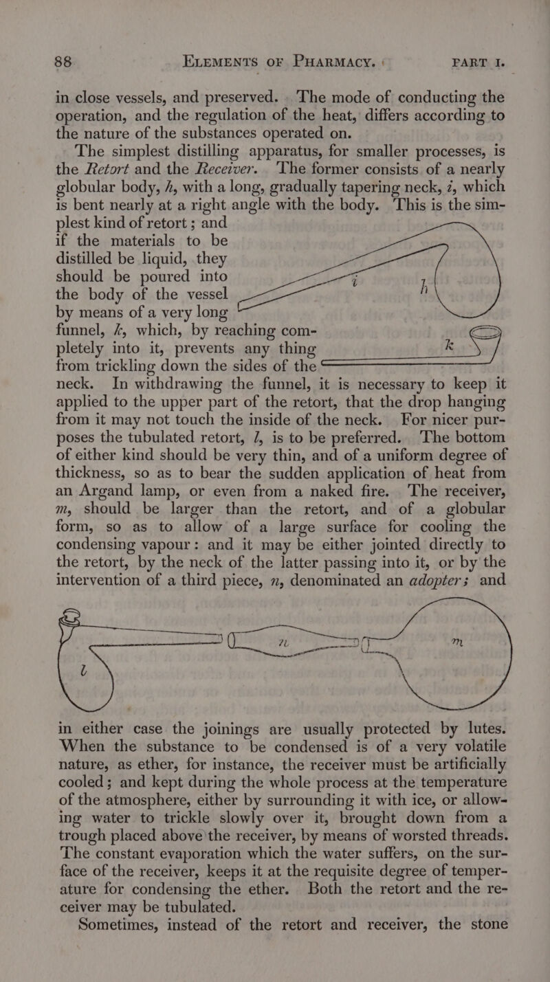 in close vessels, and preserved. . The mode of conducting the operation, and the regulation of the heat, differs according to the nature of the substances operated on. The simplest distilling apparatus, for smaller processes, is the Zetort and the Receiver. ‘The former consists of a nearly globular body, 4, with a long, gradually tapering neck, 7, which is bent nearly at a right angle with the body. This is the sim- plest kind of retort ; and if the materials to be distilled be liquid, they Tae Ta should be poured into S 1 the body of the vessel stag eo by means of a very long ' funnel, 4, which, by reaching com- E&gt; pletely into it, prevents any thing k from trickling down the sides of the 3 neck. In withdrawing the funnel, it is necessary to keep it applied to the upper part of the retort, that the drop hanging from it may not touch the inside of the neck. For nicer pur- poses the tubulated retort, 7, is to be preferred. The bottom of either kind should be very thin, and of a uniform degree of thickness, so as to bear the sudden application of heat from an Argand lamp, or even from a naked fire. ‘The receiver, m, should be larger than the retort, and of a globular form, so as to allow of a large surface for cooling the condensing vapour: and it may be either jointed directly to the retort, by the neck of the latter passing into it, or by the intervention of a third piece, 7, denominated an adopter; and ‘ at in either case the joinings are usually protected by lutes. When the substance to be condensed is of a very volatile nature, as ether, for instance, the receiver must be artificially cooled; and kept during the whole process at the temperature of the atmosphere, either by surrounding it with ice, or allow- ing water to trickle slowly over it, brought down from a trough placed above'the receiver, by means of worsted threads. The constant evaporation which the water suffers, on the sur- face of the receiver, keeps it at the requisite degree of temper- ature for condensing the ether. Both the retort and the re- ceiver may be tubulated. Sometimes, instead of the retort and receiver, the stone