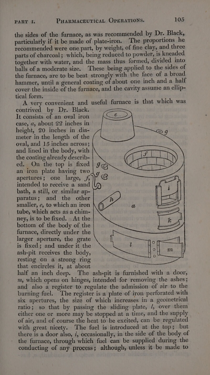 the sides of the furnace, as was recommended by Dr. Black, particularly if it be made of plate-iron. ‘The proportions he recommended were one part, by weight, of fine clay, and three parts of charcoal; which, being reduced to powder, is kneaded together with water, and the mass thus formed, divided into balls of a moderate size. These being applied to the sides of the furnace, are to be beat strongly with the face of a broad hammer, until a general coating of about one inch and a half cover the inside of the furnace, and the cavity assume an ellip- tical form. ' A very convenient and useful furnace 1s that which was contrived by Dr. Black. It consists of an oval iron case, a, about 22 inches in height, 20 inches in dia- meter in the length of the oval, and 15 inches across; | and lined in the body, with the coating already describ- ed. On the top is fixed IS an iron plate having two apertures; one large, /; intended to receive a sand bath, a still, or similar ap- paratus; and the other smaller, e, to which an iron tube, which acts as a chim- ney, is to be fixed. . At the bottom of the body of the furnace, directly under the larger aperture, the grate is fixed; and under it the ash-pit receives the body, resting on a strong ring that encircles it, at about . : half an inch deep. The ash-pit is furnished with a door, m, which opens on hinges, intended for removing the ashes; and also a register to regulate the admission of air to the burning fuel. The register is a plate of iron perforated with six apertures, the size of which increases in a geometrical ratio; so that by passing the sliding plate, /, over them either one or more may be stopped at a time, and the supply of air, and of course the heat to be excited, can be regulated with great nicety. The fuel is introduced at the top; but there is a door also, 2, occasionally, in the side of the body of the furnace, through which fuel can be supplied durmg the conducting of any process; although, unless it be made to