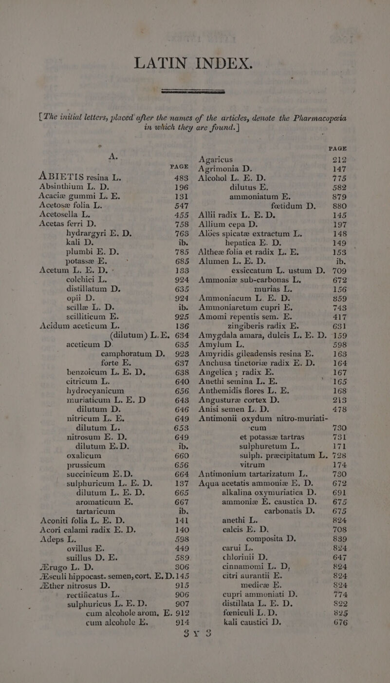 LATIN INDEX. { The initial letters, placed after the names of the articles, denote the Pharmacopeia in which they are found. } PAGE A. Agaricus 212 PAGE Agrimonia D. 147 ABIETIS resina L. 488 Alcohol L. E. D. 775 Absinthium L. D. 196 dilutus E, 582 Acaciz gummi L. E. 131 ammoniatum E. 879 Acetose folia L. 547 foetidum D. 880 Acetosella L. 455 Allii radix L. E. D. 145 Acetas ferri D. 758 Allium cepa D. 197 hydrargyri IE. D. 763 Aloes spicate extractum L. 148 kali D. ib. hepatica E. D. 149 plumbi E. D. 785 Althee folia et radix L. E. 153 potasse E. ; 685 Alumen L. E. D. ib. Acetum L. E. D. ° 133 exsiccatum L. ustum D. 709 colchici L. 924 Ammoniz sub-carbonas L, 672 distillatum D. 635 murias L. 156 opii D. 924 Ammoniacum L. E. D. 359 scille L. D. ib. Ammoniaretum cupri E, 743 scilliticum E. 925 Amomi repentis sem. E. 417 Acidum aceticum L. 136 zingiberis radix E. 631 (dilutum) L.E. 634 Amygdala amara, dulcis L. E. D. 159 aceticum D. 635 Amylum L, 598 camphoratum D. 9238 Amyridis gileadensis resina E. 163 forte E. 637 Anchusa tinctorie radix E. D. 164 benzoicum L. E. D. 638 Angelica ; radix E. 167 citricum L, 640 Anethi semina L. E. BS hydrocyanicum 656 Anthemidis flores L. E. 168 muriaticum L. E. D 643 Angusture cortex D. 213 dilutum D. 646 Anisi semen L. D. 478 nitricum L. E. 649 Antimonii oxydum nitro-muriati- dilutum L. 653 ‘cum 730 nitrosum KE. D. 649 et potassz tartras 731 dilutum E. D. ib. sulphuretum L, ee oxalicum 660 sulph. preecipitatum L. 728 prussicum 656 vitrum 174 succinicum E.D. 664 Antimonium tartarizatum L. 7380 sulphuricum L. E. D. 137 Aqua acetatis ammonie E, D. 672 dilutum L. E. D. 665 alkalina oxymuriatica D. 691 aromaticum E. 667 ammoniz E. caustica D. 675 tartaricum ib. carbonatis D. 675 Aconiti folia L. E. D. 141 anethi L. 824 Acori calami radix E. D. 140 calcis E. D. 708 Adeps L. 598 composita D. 839 ovillus E. 449 carui L. 824 suillus D. E. 589 chlorinii D, 647 JErugo L. D. 306 cinnamomi L. D, 824 /Esculi hippocast. semen, cort, E,D.145 citri aurantii E. 824 Ether nitrosus D. 915 medice E. 824 rectificatus L. 906 cupri ammoniati D. 774 sulphuricus L. E. D. 907 distillata L. E. D. 822 cum alcohole arom, E. 912 feeniculi L. D. 825 cum alcohole Ei. 914 kali caustici D. 676 ks Ei pba’