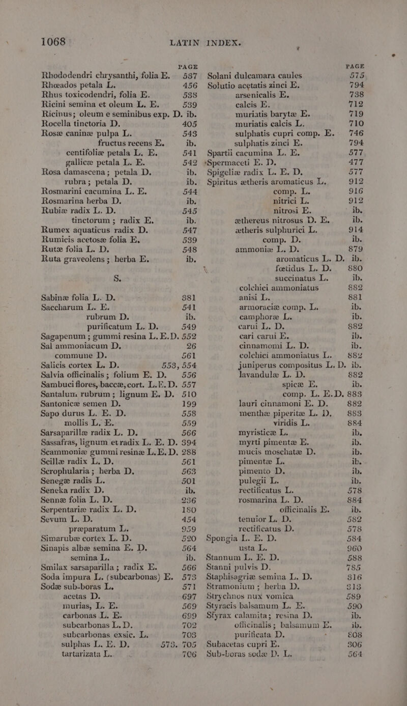 | PAGE Rhododendri chrysanthi, foliaE. 537 Rhoeados petala L. 456 Rhus toxicodendri, folia E. 538 Ricini semina et oleum L. E. 539 Ricinus; oleum e seminibus exp. D. ib. Rocella tinctoria D. 405 Rosz canine pulpa L. 543 fructus recens E, ib. centifolize petala L. E. 541 gallice petala L. E. 542 Rosa damascena; petala D. ib. rubra; petala D. ib. Rosmarini cacumina L. E. 544 Rosmarina herba D. ib. Rubiz radix L. D. 545 tinctorum ; radix E, ib. Rumex aquaticus radix D. 547 Rumicis acetosz folia E. 539 Rutz folia L. D. 548 Ruta graveolens ; herba E. ib. S. Sabine folia L. D. 881 Saccharum L. E. 541 rubrum D. ib. purificatum L. D. 549 Sagapenum ; gummi resina L, E.D. 552 Sal ammoniacum D, commune D. 561 Salicis cortex L. D. 553, 554 Salvia officinalis; folium E. D. 556 Sambuci flores, bacce, cort. L.E.D. 557 Santalum rubrum; lignum E. D. 510 Santonice semen D. 199 Sapo durus L. E. D. 558 mollis L, E. 559 Sarsaparille radix L. D. 566 Sassafras, lignum etradix L. E. D. 394 Scammoniz gummi resine L.E. D. 288 Scilla radix L. D. 561 Scrophularia ; herba D. 563 Senege radis L. 501 Seneka radix D. ib. Senne folia L. D. 236 Serpentarie radix L. D. 180 Sevum L. D. 454 preeparatum L, 959 Simarube cortex L. D. 520 Sinapis alba semina E. D. 564 semina L. ib. Smilax sarsaparilla ; radix E. 566 Soda impura L. (subcarbonas) E. 573 Sodz sub-boras L. Sit acetas D. 697 murias, L. E. 569 carbonas L. E. 699 subcarbonas L. D. 702 subcarbonas exsic. L, 703 sulphas L. E. D. 578. 705 tartarizata L. 706 INDEX. ‘ PAGE Solani dulcamara caules 575 Solutio acetatis zinci E. 794 arsenicalis E, 738 calcis E. FL muriatis barytz E. 719 muriatis calcis L. 710 sulphatis cupri comp. E. 746 sulphatis zinci E. 794 Spartii cacumina L. E. 577 ‘Spermaceti E. 1. 477 Spigelie radix L. E. D. 577 Spiritus ztheris aromaticus L, 912 comp. L. 916 nitrici L. 912 nitrosi E. ib, zethereus nitrosus D. E. ib. ztheris sulphurici L. 914 comp. D. ib. ammonize L. D. 879 aromaticus L. D. ib. \ foetidus L. D. 880 succinatus L. ib, colchici ammoniatus 882 anisi L. 881 armoraciz comp. L. ib. camphore L. ib. earul L. D. §82 cari carui E. ib. cinnamemi L. D. ib. colchici ammoniatus L. 88y juniperus compositus L. D. ib. lavandule L. D. 882 spice FE. ib. comp. L. E.D. 883 lauri cinnamoni E. D. 882 menthe piperite L. D., 883 viridis L. 884 myristice L. ib. myrti pimente E. ib. mucis moschate D. ib. pimente L. ib. pimento D, ib. pulegii L. ib. rectificatus L. 578 rosmarina L. D. 884 officinalis E. ib. tenuior L. D. 582 rectificatus D. 578 Spongia L. E. D. 584 usta L. 960 Stannum L. E. D. 588 Stanni pulvis D, 785 Staphisagriz semina L. D. 316 Stramonium ; herba D. 313 Strychnos nux vomica 589 Styracis balsamum L. E. 590 Sfyrax calamita; resina D. ib. officinalis; balsamum FE. ib. puriticata D. 808 Subacetas cupri E. 306 Sub-boras sodz D. L. 564