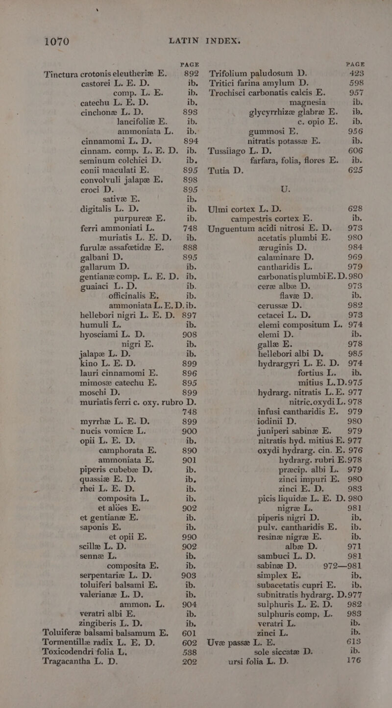 PAGE Tinctura crotonis eleutherie E. 892 castorei L. E. D. ib. comp. L. E. ib. catechu L. E. D. ib. cinchone L. D. 898 lancifoliz E. ib. ammoniata L. ib.’ cinnamomi L. D. 894 cinnam. comp. L. E. D. ib. seminum colchici D. ib. conii maculati E. 895 convolvuli jalape E. 898 croci D. 895 sative E. ib. digitalis L. D. ib. purpuree E. ib. ferri ammoniati L. 748 muriatis L. E. D. _ ib. furule assafeetide E. 888 galbani D. 895 gallarum D. ib. gentiane comp. L. E. D. ib. guaiaci L. D. ib. officinalis E. ib. ammoniata L. E. D. ib. hellebori nigri L. E. D. 897 PAGE Trifolium paludosum D. 423 Tritici farina amylum D. 598 Trochisci carbonatis calcis E. 957 magnesia ib. glycyrrhize glabre E. ib. c.opio E. ib. gummosi E. 956 nitratis potasse E. ib. Tussilago L. D. 606 farfara, folia, flores E. ib. Tutia D. 625 U. Ulmi cortex L. D. 628 campestris cortex E. ib. Unguentum acidi nitrosi E.D, 978 acetatis plumbi E. 980 eruginis D. 984 calaminare D. 969 cantharidis L. 979 carbonatis plumbiE. D. 980 cerz albe D. 973 flave D. ib. cerusse D. 982 cetacei L. D. 973 elemi compositum L. 974 elemi D. ib. galle E. 978 heilebori albi D. 985 hydrargyri L. E. D. 974 fortius L. ib. mitius L.D.975 hydrarg. nitratis L.E. 977 nitric.oxydi L. 978 infusi cantharidis E. 979 jodinii D. 980 juniperi sabine E. 979 nitratis hyd. mitius E. 977 oxydi hydrarg. cin. E. 976 hydrarg. rubri E.978 precip. albi L. 979 zinci impuri E. 980 zinci E. D. 983 picis liquide L. E. D. 980 nigre L. 981 piperis nigri D. ib. pulv. cantharidis E. ib. resine nigre E. ib. albe D. 971 sambuci L. D. 981 sabine D. 972—981 simplex E. ib. subacetatis cupri E. ib. 982 humuli L. ib. hyosciami L. D. 908 nigri E. ib. jalape L. D. ib. kino L. E. D. 899 lauri cinnamomi E. 896 mimosz catechu E. 895 moschi D. 899 muriatis ferri c. oxy. rubro D. 748 myrrhe L. E. D. 899 nucis vomice L. 900 opii L. E. D. ib. camphorata E. 890 ammoniata E. 901 piperis cubebz D. ib. quassie E. D. ib. rhei L. E. D. ib. composita L. ib. et aloes E. 902 et gentiane E. ib. saponis EK. ib. et opii E. 990 scille L. D. 902 senne L. ib. composita E. ib. serpentariz L. D. 903 toluiferi balsami E. ib. valeriane L. D. ib. ammon. L. 904 veratri albi E. ib. zingiberis L. D. ib. Toluiferz balsami balsamum E. 601 Tormentille radix L. E, D. 602 Toxicodendri folia L. 538 Tragacantha L. D. 202 sulphuris comp, L. 983 veratri L. ib. zinci L. ib. Uve passe L. E. 613 sole siceatze D. ib. ursi folia L. D. 176