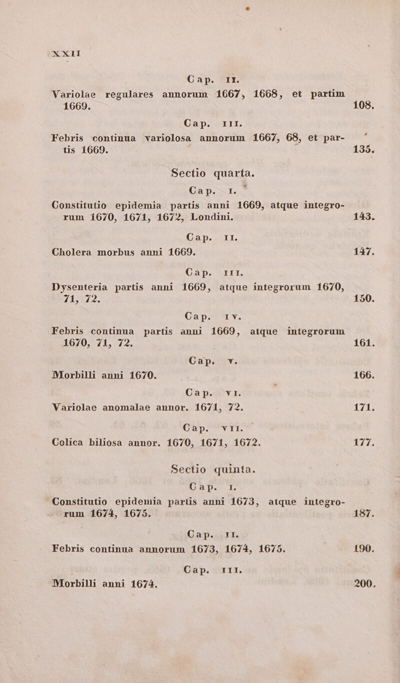 Cap. rr. Variolae regulares annorum 1667, 1668, et partim 1669. Cap. rrr. Febris continua variolosa annorum 1667, 68, et par- tis 1669. Sectio quaría. Una p.oel,c Constitutio epidemia partis anni 1669, atque integro- rum 1670, 1671, 1672, Londini. Cap. ri. Cholera morbus anni 1669. D ap.- STA. Dysenteria partis anni 1669, atque integrorum 1670, 71, 72. Capi EE v, Febris continua partis anni 1669, atque integrorum 1670, 71, 72. Cap. v. Morbilli anni 1670. Cap. vr. Variolae anomalae annor. 1671, 72. Cap. vri. Colica biliosa annor. 1670, 1671, 1672. Sectio quinta. CAD. L Constitutio epidemia parüs anni 1673, atque integro- rum 1674, 1675. Cap. rti. Febris continua annorum 1673, 1674, 1675. Cap. rrr. Morbilli anni 1674. 150. 161. 166. 171. 177. 197. 190. 200.
