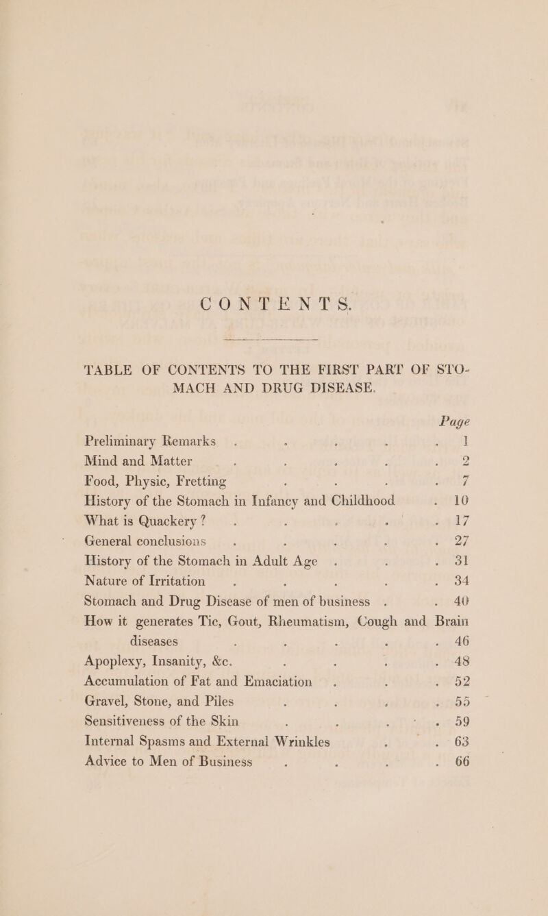 CONTENTS. TABLE OF CONTENTS TO THE FIRST PART OF STO- MACH AND DRUG DISEASE. Page Preliminary Remarks , : mie FA Mind and Matter : 5 ito Food, Physic, Fretting SCTE History of the Stomach in Faiths and Childhood . 10 What is Quackery? 3 3 : a7 General conclusions : ee’ History of the Stomach in Adult Age 7: ers | Nature of Trritation —.. : ; . 34 Stomach and Drug Disease of men of business . . 40 How it generates Tic, Gout, Rheumatism, Cough and Brain diseases ; ; ‘ . 46 Apoplexy, Insanity, ee : ; . 48 Accumulation of Fat and Emaciation . : SH 52 Gravel, Stone, and Piles : : ‘ 7265 Sensitiveness of the Skin aT tai 9 Internal Spasms and External Wrinkles : yen 6B Advice to Men of Business : ; , 66