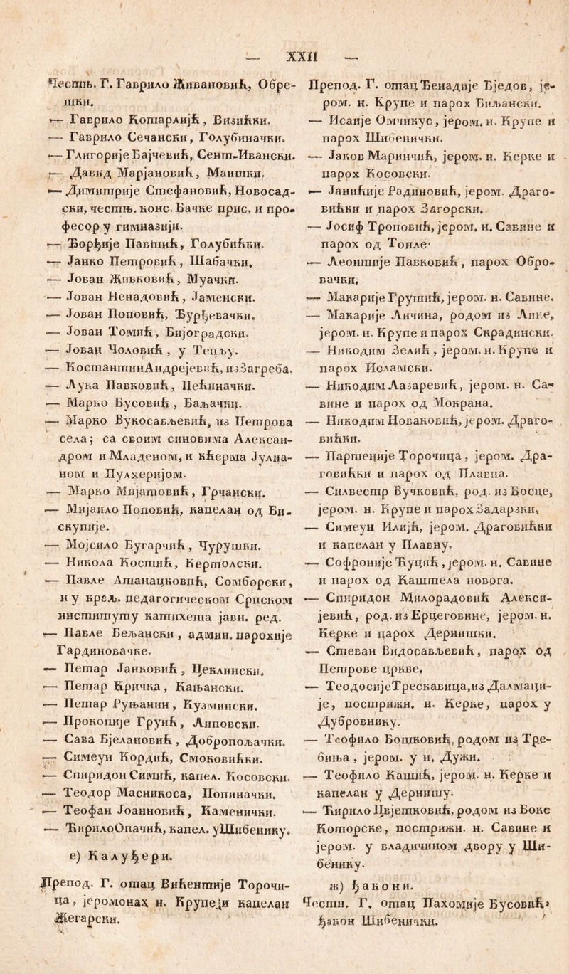 I ххн Честњ. Г. Гаврило Живанови&, Обре- шни. t— 1'аЕрило Кошарлијћ, Визи&ки. — Гаврило Сечански, Голубиначки. *— ГлигоријеБајчевиБ, Сенгп-Ивансни. r~ Давкд Марјановић, Маишки. — Димиптрије СтефановиБ, Новосад- ски, чесшњ. конс. Бачце црнр. и про- фесор у пшназнјн. <— Ђорђије ПавШиЛ, ГолубиБки. — Јанко ПетровиБ, Шабачки. — Јован ЖибновиЈг, Муачкп. •— Јован НенадовиБ, Јаменсви. «— Јован Поповић, Ђурђевачки. — Јован Toivuifi, Бијоградски. —- Јовац Чолошгћ., у Тепљу. -— КостантинАндрејевпБ., изЗагреба. ■—Луна Павковић, Пећиначки. -— Марко БусовиБ , Баљачиц. *— Марно ВуносављевиБ, из Пептрова села; са своим синовима Алексаи- дром и Младеном, и кБерма Јулиа- hoivi и Пулхеријом. »— Марно МнјагоовиБ, Грчански. *■— Мијаило ПодовиЈг*, дапелац од Би- скупије. — Мојсило БугарчиБ, Чурушки. — Никола КосггшБ, Кертолсни. ■=— Павле АтанацковпБ, Сомборски, иу краљ. дедагогическом Срдском институту катихегпа јавн. ред. *— Павле Бељански , ададин. парохије Гардиновачке. — Пегпар ЈанновиБ , Ценлинсви, — Пегпар Кричкд, Кањанск«. —- Пегпар Руњанин , Кузмински. — ПрокопиЈе Груић, Аиповски. •— Сава БјелановиБ , Добропољачки. — Симеун КордиБ, СмоковиБки. •— Спиридон Симић, капел. Косовски. -— Теодор Масниноса, Попиначки. •— Теофан Јоанновић, Каменични. — ЋирилоОдачи&, капел. уШибенику. е) К а л у 1ј е р и. ДГрепод, Г. отац ВиБентије Торочи- ца, jepoivioHax н. КруцеДи кацелан «регарсгцд Препод. Г. огпац Ђенадије Бједов» ј«- poivr. н. Крупе и парох Биљански. — Исаије Омчикус, jepoivi.н. Круие и парох Шибенички- — Јаиов МаринчиБ, јером. н. Керке и парох Косовски. *— Јанићије РадиновиБ, јером. Драго- внБки и дарох Загорски, —- Јосиф ТроповиБ, јером. н. Савине и парох од Тоиле’ — Аеонгпије ПавковиБ, парох Обро- вачки. — Макарије ГрушиБ, jepoivi. н. Савине. — Манарије Аичина, родом из Аике, jepoLVi. н. Крупе и парох Снрадинсни» — Нинодим ЗелиБ , јером. н. Kpynts и парох Иеламски. — Никодим АазаревиБ, јером. н. Са- вине и парох од Мокрана. — Нинодим Новаковп-ћ, jepoivi. Драго- виБни. — Партеције Торочица, јером. Дра- говнБни и парох од ПлаЕна. — Силвестр ВучновиБ, род. изБосце, jepoivi. н. Еруде и парох Задарзни, —- Симеун Илијћ, jepoivi. ДраговиБки и капелан у Плавну. — Софроније Ћуци^, jepoivi. н. Савиде и парох од Кашгпела новрга. — Спиридон Милорадовић Алекси- јевиК} род.изЕрцеговине, јером.ц. Керке и царох Дернишки* Сшеван Видорављеви^, дарох од Петрове цркве, — ТеодосијеТрескавица.из Далмаци- је, пострижн» н. Керве, парох у Дубровнину. — Теофило Бошновић, родом из Тре- биња , јером. у н, Дужи, р— Теофило Кашиђ, јеровд. ц. Керке и напелан у Дернишу. ►— Ћирило Цвјешковић, родом изБоке Когпорсне, посгприжн. н. Савине и jepoivi. у владичиноад Двору у Ши- бенику. ж) ^акони. Чосгпн, Г. отац Пахомнје БусовпБ.’ Ј^аБОН ШибрНИЧШ!.