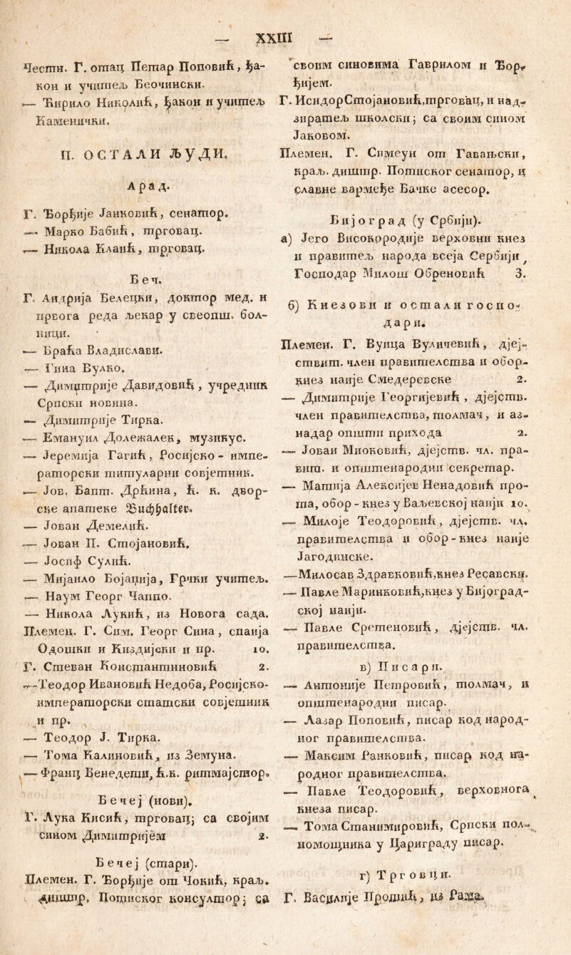 Чесгпн. Г. отац Пешар Поповић, ^а- кон и учигпељ Беочински. Ћирило НиколиБ, Ј^акон иучшпељ Каменични. II. ОСТАЛИ ЉУДИ. А р «I Д« Г. Ђорђије ЈанковиБ, сенагпор. — Марко Бабић, гпрговац. *— Ннкола КлаиЈг, трговац. Б еч. Г. Аидрија Белецни, доктпор мед. н прЕога реда љенар у свеопш. бол- ници. — БраБа Владислави. ■— Гина Вулко. — Димџгприје ДавидовиБ, учредиик Српскн новина. — Димишрије Тирка. — Емануил Долежалек, музикус. — Ј-еремија ГагиБ, Росијско - nivme- раторскк тигпуларни совјешник. i— Job. Багтт. Дрћина, fi. н. двор- ске апатеке .— Јован ДемелиБ. *— Јован П. СтојановиБ, — Јосиф Сулић. .— Мијаило Бојаџија, Грчни учшпељ. — Наум Георг Чаипо. — Никола Лукић, нз Новога сада. ЈТлемен. Г. Cmvi. Георг Сина, спаија Одошки и Киздијски и пр. io. Г. Сгаеван КоисЈпантнновиБ 2. гг-Теодор ИвановиБ. Недоба, Росијско- имперагаорски статсни совјетник и пр. — Теодор Ј. Тирна. -— Toivia КалиновиБ, из Земуна. — Фраш} Бенедети, Б.к. ришмајсгаор» Б е ч е ј (иови), Г. Луна КисиБ, трговацј са својим сином Димитријем 2. Бечеј (сшари). Племен. Г. Ђорђије ога ЧокиБ, краљ* доидетр, Поцшског консулгаорЈ са Г. сбоим синовима Гаврилом и Ђор,» ^ијем. Г. ИсидорСтојановиБ,трговац, и над- зиратељ шнолснн $ са cboiilvi ciihoivi Јановом. Племен. Г. Симеун ош Гаваљски, нраљ. диштр. Шшшског сенагаор, ц славне варме^е Бачке асесор. Б и ј о г р а д (у Србији). а) Јего Високрродијр верховни кнез н правишељ народа всеја Сербији Господар Милош ОбреновиБ 3. б) К н е з о в и и о с ш а л и г о с и о- д а р и. Племеи. Г. Буица БуличевнБ, дјеј~ сгпвшп. член правигаелсгава и обор- нцез иаије Смедеревсне 2. —- Димигприје Георгијевиђ , дјејегпв. член правигаелсшва, толмач, и аз- надар опшгпи прихода 2. — Јоваи Миоковић, дјејсгпв. чл. пра- виш. и општенародни секрегпар. — Магаија Але&сијев НенадовиБ про- гаа, обор - ннез у Баљевској наији io. — Милоје ТеодоровиБ, дјејсшс. чл, правишелсгпва и обор-внез наиј-е Јагодинсне. —Милосав ЗдравковиБ,кнез Ресавски. .— Павле МаринкоЕиБ,кцез у Бијрград- ској наији. — Павле СрошеновиБ, дјејсшв. чл, правишелсгпва. в) П и e а р ir. — Ангпоније ПегоровиБ, толмач, и стштенаррдни писар. — Лазар Поповнјћ, писар код народ- ног правишелсгава. — Максим БаниовиБ, пнсар код на» родног правишелсшва. — Павле ТеодоровиБ, верховнога кнеза писар. — Toivia СгпанимировиБ, Српски пол-. номовцшша у Цариграду писар. г) Т р г о в ц и. Васудијо npoiiJiilij дз