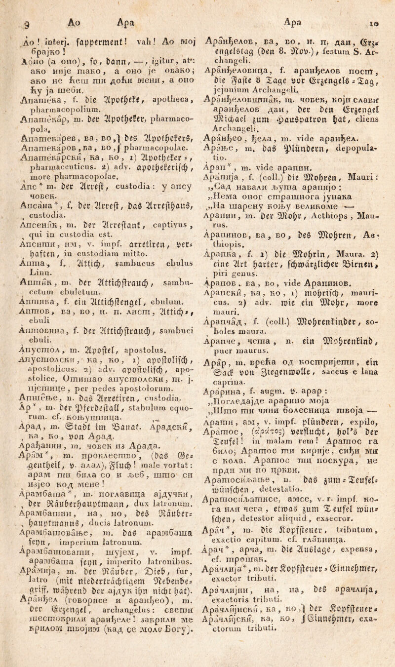до ! interj« fappement! vah! Ao мој брајко ! Äoho (a oho), fo, ba ПП, —, igitur, at*: ано Није тако, a oho je овако; ано не fieni ши доћи мени, а оно l\y ја гпеби. Апатена, f. bie 2fpt>ff)efe, apotheca, phar m acop olium. Апатекар, m. bet 3ipt>f^€fcr, pharmaco- pola« Апатекарев, ва, во,] bes 2lpoffK?crŠ, Апашекаров ,ва, во pharmacopolae. Апатекарски 7 ка, ко, i) SlpotpeEer * , pharmaceuticus. 2) ady. аррфе£еи[ф , more pharmacopolae» Ane * m. ber 2lri’efl, custodia: y ancy човек. Апсана*, f. ber Sfrrefl, ba§ 2lrtejl^au§, custodia. Апсеник, m. ber 2frtejfanf, captivus, qui in custodia est. Ансити, hm, v. impf, amftten, pets paften, m custodiam mitto. Anrna , f» ШЏф, sambucus ebulus Linu. Апшик, m. ber 21Шф[1еаиф , sambu- cetum ebuletum. Ашпика, f. ein 2Ittid^flenget, ebulum. Аптов, ва, во , н. п. лисш, 2t t f i ф * f ebuli Аптовина, f. ber 21ttгфј^ГСШф, sambuci ebuli. Апусгпол, m. 21pojM, apostolus. Апустолски , ка, ко, i) арој!оП[ф , apostoiicus. 2.) adv. ароДоИјф, apo- stolice, Omnmao апустолски, m. j. пјетице , per pedes apostolorum. Апшење, n. baö 2kretiren, custodia. Äp*, m. ber ^pferbeflatl, stabulum equo- rum. cf. коњушница. Арад, m. @tabf im 55anaf. Арадски, , ка, no , tmn Арад. Ара^анин, т, човен из Арада. Арам*, т. проклесгаво, (bag ©es ^ent^eü, Р- алал), $(цф ! male vortat: apaivi пш бнла со и љеб, шгао1 сн изјео код мене ! Арамбаша*, т. поглавица ајдучки, , Der $täitberf)ßup£mann, dux latronum. Арамбашин, на, но, beg Klaubers , baupfmaiUlö, ducis latronum. Арамбашовање, m. bßg арамбаша 1 epn , imperium latronum. Арамбашоваши, niyjeivi, v. impf. аралгбаша fepn, imperito latronibus. Арамија, m. ber diäubeu, £):eb, fur, latro (mit niebtrtca<$£tgem 9ihf>enbe= prtjf, mäbrenb ber ајдук tf?n nicht t;at). Араи^ел (говорисе и аранђео), m. Oer ©r^ttgef, archangelus: евептн шесгпокрили аранђеле ! занрили те крилом твојим (над се моле Богу). Аранђелов, ва, во, н. п» дан, engefštag (ben 8. iftop-) > festum S. Ar» changeli. Аранђеловица, f. аранђелов посш, bie $ajie 8 Zage vor ©i^engetg = Zag, jejunium Archangeli, Аран^еловшгаак, m. човек, који славиг аран^елов дан, ber ben (Srgenpet ШхфаеГ gum «paugpatron hat/ cliens Archangeli. Аранђео , ђела, m. vide аранЈјел. Арање, т. baš фЦтОееп, depopula» tio. Apan*, m. vide apamra» Арапија , f. (coli.) bte ЖоЈ^геп / Mauri: ,«Сад навали љута арагшјо : „Нема оног страшнога јунака ,„На шарену кољу великоме — Арапин, т. i)er Ш1о^г / Aethiops , Mau- rus. Лрапинов, ва, во, be§ ^о^еп/ Ae« tbiopis. Арапка, f. i) btC ^ШсфПП, Maura. 2) eine 2lvt harter, [фтаг^Цфег kirnen* piri genus. Арапов ,, ва , во , vide Арапинов* Арапски , к.а , во , i) то^П[ф , mauri- cus. 2) adv. nne ein more mauri. лрапчад, f. (coli.) ^ohrenftnber, so- boles maura. Арапче, чета, n. ein SDtohrcnfinb, puer maurus. Apap, ш. врећа од косшријети, ein @acf bon ßtegenjpüUe/ saccus e lana caprina. Арарина, f- augm. p. apap: „Погледајде арарино ivioja „И1то ти чини болесиица твоја —» Арати, ам, v. impf, plünbern, expilo, Арашос, (dpdros) ^ег^иф{/ l;oPt> ber Zeufel! in malam rem! Aparnoc ra билој Apamoc ти кирије, сиђи ivnr c кола. Apamoc ти поскура, не прди ivm no цркви, Аратосиљање, n. bag 51Ш1 e XeufeU тбпјфеп , detestatio. Аратоси'љатисе, aivice, v. r. impf, ко- га илн чега , etinag gum X eisfei mün» (феп, detestor aliquid, exsecror. Арач^, m. bie Äopfjfeuer, tributum, exactio capitum, cf. главница. Арач*, арча, m. bie 2fugiöge, expensa, cf. трошак. Арачлија^, m. ber^opfjleuer»Einnehmer/ exactor tributi. Арачлијин, на, на, be8 арачлија, exactoris tributi. Арачлпјнски, ка , но ber Äopffteuer* Арачлијски, ка, ко, |(1чппе^шеГ/ exa- ctorum tributi.