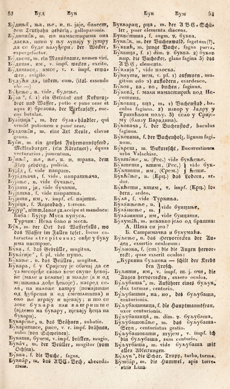 Будињи, ња, ње, н. п. јаје, болеотт, *ĐCm XrUtpapn gehörig , gallopavonis. Б-удионкн, m. по намасгпирима она даска, шпто у њу лупају у југпру да се буде калуђери, ber Söetfer, expergefactur, БудисаЕ, m. ein ^iannčname, nomen viri. Б'\/дити, им, v. impf, mecfen , excito. Будитисе, имсе, v. r. impf, etmct* феп, evigilo. БудуЕи да, irtbem, cum, (ifаХ- essenđo che —) Бу^ење , n. yide, будење. Буза *, f. ј) ein ©etränf au$ ^uXuruj* brot unb 2Бaffer, potio e pane zeae et aqua 2) брезова, Der SSjrfenfaft, suc- cus betulae. Бу запија * , m. bet буза s bänblet, qui vendit potionem e pane zeae. Ey здован, m. eine 2ivt .5veule, clavae genus. Бунн, m ein gro§e§ $uf;tmannšpferb / 'Ifteflenburget, (ein Kärntner), equus vecturarius , jumentum. Бјињи, ња, ње, п. п. гправа. bcm jyföt) gehörig, pulicis. Бујад, f. vide nanparn. Бујадњача, f. vide, иапратњача, Бујање, n. vide бучање, Бујаши ји, vide бучати. Бујатка, f. vide папратка. Бујити, iiivi, v. impf, cf. пајити. Бујица, f. 9Ugenbad), torrens. Бујур^ nimmdanae ju,accipe et manduca: Baba : Бујур Муса Kyriyca. Турчии: Нека бако и меса. Вун*, m. Der Ort be§ sIÖafferfaU§, mo ba£ Sßaffet im fallen töfet, locus ca- taractae strepitosus: онђе y буну има nacmpwie. Буна, f. baö ©ebtüQe, mugitus. Букагије*, f. pl. vide nymo. Букање . n. ba§ brüllen, mugitus. Бунара, f. y Сријему je обичај да ce уз 2viecojef>e свако вече скупе ^евој- ке (мале и велиие) и младе (а и од мушкиња дође ђекоје) , насред се- ла, па наложе ватру (поиајвише од ђубрета и од сметлишта) и оно ње играју и пјевају; и то се зове б у н а р а или в а т р и ш m е (ајдемо на бунару, пјевају ђеца на букари). Букар^ње, n. baö ЗЗгсфпеп, subatio. Буваритисе, рисе, v. r. impf, bräunen, subo (uon 0фтетеп). Букати, бучем, v. impf, brüllen, mugio, Букач, т. bet brüllet, mugitor (ftom Oc^fcn). Буква, f, bie ЗЗифе, fagus* Бумтр, ш, abeceđa- riwj». Букварац, рца , m. bet 21 23 (S » 0фи* ler , puer elementa discens. Букветина, f. augm. *>', бунва. Бунвпк, m, Ser 55ud)enWölb, fagetmn(?). БуквиБ, m. junge 23ифе, fagus parva» БуНБИца, f. i) dim. буква. 2) буков жнр, bte 23ифес!ег, glans fagina 3) bCtš 21 '23 (5 , elementa. Буклија*, vide плоска. Буннути, нем, v. pf. i) aufmuen, mu» gitum edo 2) auflobetn, exardesco. Буков, ва, во, £>ифеп, faginus. Бунова, f. малн намасшириБ. код Не- готниа. Буковар, вца, т, i) 2Suđ)enffab , ba- culus faginus. 2) извор y Јадру y ТршиБком пољу. 3) село у Срије- му (близу Варадина). Буковача, f. bet Јбифепј^ос?, baculus faginus. Буновина, f. bet 95ифеП^о15, lignum fagi« nnm. Букреш, m. 23и?и^ф1, Bucurestinum urbs Valachiae. Буктење, u. (Pec.) vide букћење. Бунтети, нтим, (Pec.) | vide бук- Бунтити, им, (Срем.) Ј ћети. БунБење, n. (Ерц.) baö ßcbetn, ar- dor. БунБети, ктим, Т, impf. (Ерц.) los bctu, ardeo. Була, f, vide Туркиња. Булажњење, u. 1 - , ,r Ђ“тлg, л J>vide буштање. Булазнење , m. Ј *т Булазнити, им, vide бунцати. БулумаБ, т. некаквојело од брашна; А. Шта си јео ? Б. Сагпримачка и булумаБа. Буљење, n. baö apetbotreefen bet 2I«s gen, exsertio oculorum: Буљиока, f. (cm.) bie bie 21ugett ^etbor= reeft, quae exserit oculos: „Курвина буљнока — [фЦ1 bet Stvef>$ ben §го[ф. Буљити, им, v. impf. m. j. очи, bie 2lugen bet^orteefen, exsero oculos. Буљубаша^, m. 2lnfüf)tet eineö буљук* dux turmae, centurio. Буљубашин^ на, ho, be$ бул>убаша_, centurionis. Буљубашиница, f. bte *£>auptmann§frau, uxor centurionis. Буљубашица, m. dim. fc. буљубаша. Буљубашовање, m. ba$ буљубаша- ©epn , centuriatus gestio. Буљубашовати, шујем, v. impf, тф bist буљубаша, sum centurio., Буљугбаша, m. vide буљубаша mit allen Ableitungen. Буљун^, bie 0фаг, 2rupp, turba, turma. Бумбар, m. bte «Rummel, apis terre« ’jtris Lina-