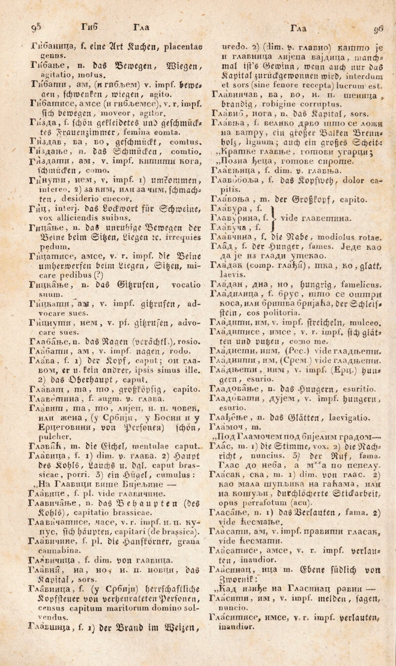 Гкбаница, f. eine 21rt 51ифеп, placentae genns. Гибање, n. bas bewegen, Sßiegen, agitatio, motus. Гибагпи, амј (игпбљем) v. impf, betve* «eu, fcbiüenPen, wiegen, agito. Гпбагписе, aivrce (и гибљемсе), y. r. impf, ftd) bewegen, moveor, agitor. Гизда, f. [фоп gefleibeteS unb geftömücf* te§ Frauenzimmer, femina eomta. Гиздав, ва, во, gefdbmücft, comtus» Гиздање, n. Da£ @cf?mücfen, comtio. Гпздати, ам, v. impf, кигпштш нога, fcfymücfen, como. Гпнупш, нем, v. impf, i) umtommen , intereo. 2) за mwi, или за чшуг, [фт«ф» fcn , desiderio enecor. ГиЦ) interj. Da£ Eocfwort für ©ф weine, vox alliciendis suibus. Гицање, n. ba£ unruhige bewegen ber iBeine beim ©i^jen, Etegcn к. irrequies pedum. Гпцатписе, амсе, v. r. impf, bie SSeiue um^erwerfen beim Etegen, ©i|en, mi- care pedibus (?) Гицкање, n. Da£ ©t^rufett, vocatio suum. Гицкагаи, ai$ , v. impf. gi|ntfett, ad- vocare sues. Гицнутпн, нем , v. pf. gi^ntfen, advo- care sues. Глабање,п. baš Klagen (рсгафф), rosio. Глабати, aivi, v. impf, nagen, rodo. Глава, f. 1) ber ivopf, caput; он гла- boiyi, er 11. fetu anbrer, ipsis simus ille. 2) bat> überhaupt, caput. Главагп , ma, mo , gtofjfbpfig, capito. Главетнна , f. augm. p. глава. Главигп , ma, mo, лијеп, н. п. човек, или жена , (у Србији, у Босни и у Ерцеговини, ptnt 'jfcrfonen) јфоп, pulcher. Глзвпзћ, т. bte (§1феГ, mentulae caput. Главица, f. 1) dim. p. глава. 2) Jpaupt bee 3v0^tö , Eaudjö U. bgl. caput bras- sicae, porri. 3) ein «Bügel, cumulus: ,tHa Главици више Бијељине — Главице, f. pl. vide главичине. Главичање, n. Das 'Behaupten (be§ Д'о1)10), capitatio brassicae. Главпчатнсе, часе, v. r. impf. и. п. ку- пус, |1ф l;fiupten, capitari (de brassica). Главичине, f. pl. bie -Banfforner, grana cannabina. Главичица , f. dim. pon главица. Главни, на, но, н. n. новци, b«0 Kapital, sors. Главница, f. (y Србијп) ђеггјфаШЈфе «Sopffteuer pon pcrl;eurafeteirфег[опеп, census capitum maritorum domino sol- vendus. ГлавцшЈа, f. 1) ber 95rcmb im ЗДОДеп, uredo. 2) (dim. p. главно) кашгпо je н главница лијепа вајдица, шапф = mal ift’e ©ewinn, wenn аиф nur ba£ Kapital zurüefgewonnen wirb, interdum et sors (sine fenore recepta) lucrum est, Главничав, ва, во, н. п. шеница -r btanbig, robigine corruptus. Главно , нога, n. ba6 Capital, sors. Главња, f* велино дрво што се ложи на ватру, ein grofjec Ralfen 2Sreim* holz, lignum; аиф ein grofješ ©фе1£: „Кратке главње, готови угарци; „Позна ^еца, готове сироте. Главњица , f. dim. р. главња. Главобоља, f. b«0 $opfU>£l)/ dolor ca- pitis. Главоња , m. ber ©rpfjfopf, capito. Главура, f. I Главурина, f. Ј> vide главетина. ГлаЕуча , f. J Главчина, f. bie 9Iabe , modiolus rotae. Глад, f. Der junger, fames. Једе као да je из глади утекао. Гладак (сотр. гла^и), тна , но , glaff, laevis. Гладан , дна, но , hungrig, famelicus, Гладилица, f. брус , што се оштри коса, или бритва бријаБа, Der ©ф!е1[* jiein , cos poiitoria. Гладити, им, v. impf. јИтфе1п, mulceo. Гладитисе , иотсе, v. r. impf, рф glät- ten Unb риђеп , como me. Гладнетн, ним, (Pec.) vide гладњепти. Гладнипш , им, (Cpeivt) vide гладњегпи. Гладњепгш , hiuvi , v. impf, (Ерц.) puu* gern , esurio. Гладовање, n. baö «ßnitgern, esuritio. Гладовати, дујем, v. impf, hungern, esurio. Глађење, n. baö ©lätten , laevigatio. Гламоч, m. „Под Гламочем под бијелим градоуј— Глас, m. i) Die ©timme, vox. 2) D<esJl^;5 ГГфt , nuncius. 5) Der C^uf, fama, Глас до неба, a м**а no пепелу. Гласак, ска, m. 1) dim. poit глас. 2) нао мала шупљика на rafiavia, или на кошуљи, !>игф10фег£е ©ticfarbeif, opus perrafotum (acu), Гласање, n. 1) Daö Verlaufen , fama. 2) vide fi.eeviaite. Гласатп, ам, v. impf, правити гласак* vide Бесзмати. Гласатисе, амсе, v. r. impf, perlatis teu , inaudior. Гласинац, нца m. (£бепе [иОПф Р0П 3wnrnif: „Кад изнђе на Гласинац равни —■ Гласити, им, v. impf, melben, fagert, mmcio. Гласитисе, имсе, v. r. impf, perlatlten, inaudior.