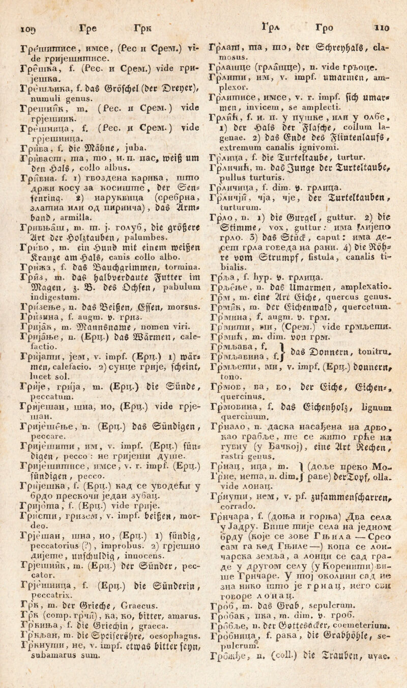Грешипшсе, имсе, (Рес и Срем.) Ti- de гријешигписе. Грешка, f. (Рес. и Срем.) vide гри- јешка, Гр ешљика, f. ђаб @го[фе1 (ber £)ret;er), numuli genus. Грешник, m. (Pec. и Срем.) vide грјешиик. Грешница, f. (Рес. и Срем.) vide грјешница. Fpima, f. Die ЗЈШже, juba. Гривасш, ша , mo , н. п. пас, n>ei§ ШП Dfti £п1$ , collo albus* Грнвна. f. i) гвоздена карика, шгпо држи косу за косишгпе , ber ©ett= •f enrinq. 2) нарунвица (сребрна, злашна или од пиринча), ba£ 2trm* banb , armilla. Гривњаш, m. гп. j. голуб, bie größere 2irt Der «ÖOiStailben / palumbes. Гр i:bo , in. ein «dunb mit einem weigert £tan§e am .£>al6, canis collo albo. Грижа, f. ba6 Жаифдгиптеп, tormina. Грљ, m. ba£ balbverbaute pulter im Klagen, j. 25. be£ ;Оф[еп, pabulum indigestum. Грнзење, n. ba£ 25etfjen, ©ffen, morsus. Гризина, f. augm. i), гриз. Гријан, m. s3J?ann6name, nomen viri. Гријање, n. (Ерц.) ba$ Wärmen, cale- factio. Гријати, jем, v. impf. (Ерц.) i) mär* men, calefacio. 2) сунце грије, fc^ et nt, lucet sol. Fpnje, грија, т. (Ерц.) bie ©iinbe, peccatum. Гријешан, шна, но, (Ерц.) vide грје- шан. Гријешеље, n. (Ерц.) ba6 ©imbtgen , peccare. Гријешити , им, v. impf. (Ерц.) fün= bigen , pecco : не гријеши душе. Гријешитисе, имсе, v. r. impf. (Ерц.) fünbigen, pecco. Грнјешна, f. (Ерц.) кад се уводе&п у брдо прескочи један зубац. Гријота, f. (Ерц.) vide грије. Гристи, гризем, v. impf. bet^eH/ mor- deo. Грјешан, шна, но, (Ерц.) l) fünbig, peccatorius (?) , improbus. 2) грјешно дијете, unfcbulbig , innocens. Грјешник, m. (Ерц.) ber ©imber, pec- cator. Грјешница, f. (Ерц.) bie ©tmberm, peccatrix. Гр'к, m. ber ©пефе, Graecus. Грн (comp, грчи), ка, ко, bitter, amarus. Гркиња, 1. bie ©riefln, graeca. Грдљан, m. bte ©peiferebr^ oesophagus. Гркнути, не, v. impf, etwaö bitter fepn, subamarus sum. Грлат, ша, шо, ber ©фгерђаГб, cla- mosus. Грлашце (грлашце), n. vide грт>оце. Грлити, hivi, v. impf, umarmen, am- plexor. Грлитисе, имсе, v. r. impf, ^ф umar« men, invicem, se amplecti. ГрлиБ, f. H. п. y пушке , или y олбе, l) ber ber '§1а[фе, collum la- genae. 2) ba6 ©nbe beö $tmtenlauf6» extremum canalis ignivomi. Грлица, f. bie Turteltaube, turtur. Грличић, m. bat! Зипде ber XurteUaube? pullus turturis. Грличица, f. dim. y. грлица. Грличји, чја, чје, ber Turteltauben 9 turturum. Грло, n. 1) bie ©urget, guttur. 2) bte ©timme, vox, guttur; има ј?лијегш грло. 3) ba£ ©titef, caput: има де- рет грла говеда на рани. 4) bte 0v0b^ re Dom ©trumpf, fistula, canalis ti- bialis. Грља, f. hyp. p. грлица. Грљење, n. ba6 Umarmen, amplexatio. Грм , m. eine 2lrr ©Тфе, quercus genus. Грмик, m. ber ©1фепта1В, quercetum. Гршина, f. augm. грм* Грмшпи, wiii, (Cpeivi.) vide rpivubemii. rpivmfi, m. dim. von грм. Грмљава, \ ba§ T)onnern, tonitru*. ГрмљаБина, f.) ^ ' Грмљети, iviii, v. impf, (Ерц.) bennerttf tono, ГршоБ, ва, eo, ber ©1фе, (Bid)en*9 quercinus. Грмовина, f. ba0 ©1феп^ођ, lignum quercinum. Грнало, n. даска наса^ена на дрво, као грабље, те се жито грће на гувну (у Бачкој), eine Ztt ^ефеп, rastri genus. Грнац, нца, т. \ (доље преко Мо- 1'р'не, нета, n. dimcj раве) berTopf, olla, vide лонар. Грнути, нем, v. pf. ^иГаттеп1фаггеп^ corrado. Грнчара, f. (доња и горња) Два села у Јадру. Више тије села на једно!\т брду (које се зове Гњила —Срео caivi га к©д Гњиле —) копа се лон- чарска земља, а лонци се сад гра- де у другоот селу (у Коренитн) ви- ше Грнчаре. у гпој околнии сад не зна нико што je грнац, него сше говоре лонац. Грбб, m. ba6 ©rab, sepulcrum. Гр ббак, пка,т. dim. t>. гроб. Гро бље, n. ber ©ette66cfer, coemeterium. Грббница , f. рака , bie ©rab^bblef se- pulcrum'. Грил^е, n, (coli.) bic Trauben, uyae»
