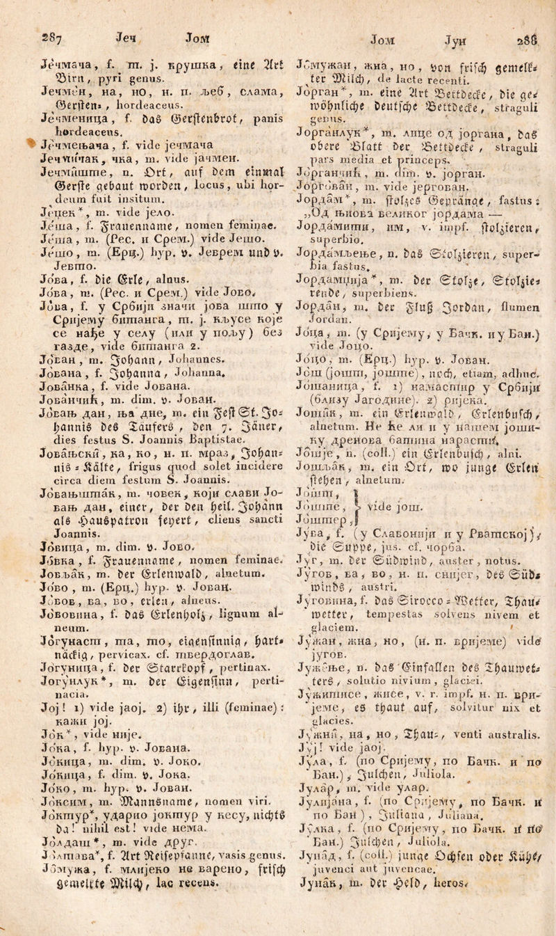 287 Jom Јеч Јечмача, f. пт. ј. крушка, eine 2ltt ^3trn , руri genus. Јечмен, на, но, н. п. љеб, слама, QJerffcn* , hordeaceus. Јечменица, f. ba$ ©erftenferot f panis hordeaceus. - Јсчмењача, f. vide јечмача Јечмичак, чка, m. vide јачмен. Јечшшше, n. Ort, auf Dem einmal (Serfle gebaut morben, locus, ubi hor- deum fuit insitum. Jenen*, m. vide јело. Je'nia, f. ^rauenname, nomen feminae. Јеша, m. (Pec. и Cpeivx.) vide Јешо. Јешо, m. (Ерц.) hyp. p. Јеврем unb 0. Јевгпо. Јова, f. bk (Srte, alnus. Јова, ш. (Рес. и Cpeivt.) vide Јово* Јова, f. у Србији значи јова шгпо у Сријему бшпанга, ш. ј. кљусе које се нађе у селу (или у под>у) без газде, vide бигаанга 2. Јбван , m. Зођапп, Johannes. Јована, f. 3°^aunđ' Johanna* Јованка, f. vide Јована. ЈованчиВ, m. dim. p. Јован. Јбвањ дан, ња дне, m. ein ^ejTSt. 3°- Jjanniš beg Xäuferö , Den 7. 3<*ner, dies festus S. Joannis Baptistae. Јовањски, ка, ко, н. n. мраз, 3°^öns lliäs&ätte^ frigus quod solet incidere circa diem festum S. Joannis. Јбвањштпан, m. човек, који слави Jo- вањ даи, einer, Der Den fyeit. 3ot)ann aU JäauSpatron fetpert, cliens sancti Joannis. Јбвица, m. dim. p. Јово. Јбвна , f. ^rauenname , nomen feminae. Јовљак, m. bei4 (šrlemualb, alnetum. Jo'bo , m. (Ерц.) hyp. p, ЈоваИ. J 'bob, ва, во, erteil, alneus. Јо'вовина, f. Daß (Srlent)o4 * lignum at- neam. Јбгунасш, ma, mo, eigen jtnnig , fjart* nacftg, pervicax, cf. твердоглав. Јбгуница, f. Der Starrfopf , pertinax. Јогунлук*, m. ber (Sigenjtnn, perti- nacia. Joj ! 1) vide jaoj. 2) il;r / illi (feminae) : кажи joj. Jor*, vide није. Јбна, f. hyp. p. Јована. Јбница, m. dim. p. Јоко. Јбкица, f, dim. p. Јока. Jo'ro, m. hyp. p. Јован. Јбксим, m. JJbgnnSname, nomen viri. Јбктур*, ударио јоктур y кесу, uiđ)fS ba ! nihil est! vide нема. Јблдаш*, m. vide друг. J >лтава*, f. 2trt ÜReifepfanne, vasis genus. JoiviyjKa, f. млијеко не варено, fri[cfy ^metite Wilfyt lac recens. Јом Јун sSS Јбмужан, жна, но , \>ои frifđj geme XU ter tyJliid) / de lacte recenti. Јорган*, m. eine 2lrt 95ettbe;cfe, bie ge* тоб&пПфе beutfd)e ißettbeefe, straguli genus. Јорганлук*, m. лице од јоргана, ba§ obere Statt ber tBett&ecfe , straguli pars media et princeps, Јбрган.чиЕ, m. dim. p. јорган. Jоргбваи, m. vide јергован. Јордам*, т. flottes @eprdnge, fastus % „Од њиова великог јордама — Јордамити, invi, v.’impf, (lotzieren, superbio. Јордамљење, n. bö§ 'Stolzieren, super- bia fastus. Јордамџија *, m. Der Stotze, Stotjie« renbe , superbiens. Јордан, m* ber £tu§ 30rban, flumen Jordan. Јбца, m. (y Cpnjeiviy, y Бачк. иуБан.) vide Јоцо. Јбдо, m. (Ерц.) hyp. p. Јован. Јбш (јошт, јоште), noch, etiam, adhuc. Јбшаница, f. 2) камасШир y Србији (близу Јагодине). 2) ријека) Јошик, т. ein CSrtenmalb, fS-rtenbufdb, alnetum. He Ee ли н у riämeivi јоши- ну дреиова бапиша нарасгш^, Јошје , ћ. (coli.) ein (Srtenbuicb, alni. Јошљан, m* ein £)rt, шо junge (Srteit jiet)en f alnetum. Јотт, 1 Ј(»ште, i vide joni. Јиштер J Јуваt f. (y Славоннји и y Рвагпскојј/ bie Suppe, jus. cf. чорба. Jyr, m. ber Sitbminb, auster, notus. Југов, ва, BO, H. п. снијег, be0 Siibi minbg , austri. Југовина, f. baö Siroceo s 'Tßeffer, ^^aui? Wettev, tempestas solvens nivem et glaciem. > Јужан, жна, но, (н* п. вријеме) vidd *југов. Јужење, n. ba§ (Unfällen beg Xtjaumet-- ferš , solutio nivium, glaciei. ЈуЖишисе , жиСе, v. r. impf. н. п. ври- 'jeivie, е5 t^aut auf, solvitur nix et glacies. Ј(жни, Hä, ho, JtjaUi, venti australis. JVj! vide jaoj. Јјула, f. (no Cpnjeivry, no Бачн. и no * Бан.), 311^Фе!1' Tuliola. Јулар, m. vide улар. Јулнјана, f. (no Солјему t no Бачк. if ’ no Бан ) , 3ltItüua , Juliana. Јулка, f. (no Сријеоту, no Бачн. if rio' * Bari.) Зи1Феп t J otiola. Јунад, f. (coli.) junge £><$feit ober StüljO juvenci aut juvencae. Jynati, m. ber ^>ctb, heros/