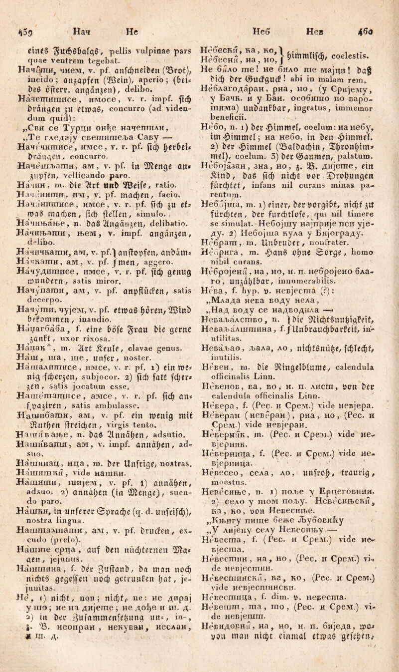 He Нев Нач Неб 46a etne.š $uđje>bafg6, peliis vulpinae pars quae ventrem tegebat. Начбти, чнем, v. pf. (mfđjneibeu (95rot), incido; anjapfctt (©ein), aperio; fbei= bei» ofkrr. angänjen), delibo. Начешигписе, имосе, v. r. impf, brältgen §lt etipaš, concurro (ad viden- dum quid): „Сви ce Турци онђе начепшли, „Те гледају свепштеља Саву —- Начечигписе, имсе, v. r. pf. рф tyerbßi« brdugen, concurro. Начешљати, aivi, v. pf. itt )Шепде <Ш* jpipfeti, vellicando paro. Ha iHH, m. bte 2trt ttttb TBeife, ratio. Начиншпгг, mvr, v. pf. тафеп, facio. Начанишисе, имсе, v. r. pf. frd) $u tU д n>a§ шасђеп, fid> fl eilen, simulo. H ачињање, n. baS 2lngär»$ett, delibatio. Начињагпи, њем, v. impf, angän^en, delibo. Начичкаши, ам, v. pf.) anffopfen, anbam* Hi чкати, ам, v. pf. Jmen, aggero. Начудитисе, имсе, v. r. pf. fid? genug ipunbertr, satis miror. Начупати, aivi, v. pf. anpffikfen, satis decerpo. Начути, чујем, v. pf. etwa§ fjören, ©inb bekommen, inaudio. Наиагбаба, f. eine befe $rau bte gerne jüilft, uxor rixosa. Нанак*, m. 2lrt 5teule, clavae genus. Наш , ша, ше, unfer , noster. Ha шалшписе, имсе, v. r. pf. i) ein me* nig kberjen, subjocor. 2) ftcfi fatt [фег* jett, satis jocatum esse. H ашешагансе, aivice, v. r. pf. ј!ф att= f,pa|iren , satis ambulasse. Нашибаши, aivi, v. pf. ein wenig mit Ш:ифеп ИгеЈфбп , virgis tento. Нашивање, n. ba§ 3lmt<5^en, adsutio. H ашиваггш, aivi, v. impf, аппсфеп, ad- suo. Нашииац, нца, m. ber Unfrtge, nostras. Нашишки, vide нашкн. Нашшпи, гаијем, v. pf. 1) anndljen, adsuo, 2) anndljen (in SDIettge), suen- do paro. Напши, in unferer ©ргафе (q. d. unftifd&), nostra lingua. Нашпгампати , ам, v. pf. brucfen, ex- cudo (prelo). Наште cpna , auf ben nüchternen Tla* aen , jejunus. Наштина, f. ber 3tiffartb, ba man поф nichts gegeffen поф gefnmfeu f>at, je- junitas. He, 1) пЈф!:, non; nid)tf ne: не дирај y пто ; не на дијетде ; не дође и га. д. а) in bei* ßufammenfe^ung itп=, in-, i» SB. неопран , некуван, неслан, ш m- д. Небески, ка, ко,1 ,.\ ¥.р< . .. Небесни, на , но, } ^tomltfdj), coelestis. Не бмло ше! не било me мајци \ baf Мф ber (§tlcfgu<f ! abi in malam rem» Неблагодаран, рна , но , (у Сригјему, у Бачн. и у Бан. особшпо по варо« шима) unbanfbar, ingratus, immemor beneficii. Нббо, n. 1) ber $tmmel, coelum: нанебу, im «Fimmel; на небо, tu ben ^immeL 2) ber ^immel (Ђа^афт, 2фгоп(пт* mei), coelum. 3) ber @aumen, palatum. Небојазан, зна, но, §. 18. дијегпе, ein $inb, ba£ ficf) тф£ per .üDroljungen fürchtet, infans nil curans minas pa- rentum. Неббјша, m. 1) einer, berporgibt, nufk $tt fürcfjten , ber furcbtlefe, qui nil timere se simulat. Небојтпу најприје пси уЈ0- ду. 2) Небојша кула у Бијограду. Небраш, m. Unbruöer, nonfrater. Небрига, m. фапб ol)ue 0огде, homo nibil curans. Небројени , на, но, н. п. небројено бла- го, unjd^fbar, innumerabilis. Нева, f. hyp. t). невјеста (?); „Млада нсЕа воду нела, „Над воду се надводила —- Неваљалсшво, n. 1 bte 9i^f3nufiig?eit, Неваљалшшина, f Ј Цnbrauфbarfett, in^ utilitas. Неваљао, љала, ло , mđ)tš>ni\fye, fđ)\eđ)t, inutilis. Нгвен, m. bte ^tittgelblume, calendula officmalis Linn. Невеиов, ва, во, н. п. лисгп, pen ber calendula officinalis Linn. Невера, f. (Pec. и Срем.) vide невјера. Неверан (невбран), рна, но, (Рес. и Срвм.) vide невјеран. Невернак, m. (Рес. и Cpeivi.) vide не- вјерник. Невернггца, f. (Рес. и Срем.) vide ие» вјериица. Невесео, села, до, unfro^, traurig, maestus. Невссиње, n. 1) поље у Ерцеговини. 2) село у шош пољу. Невесињски, ка, ко, uoit Невесиње. „Књигу пише беже ЈБубовиБу „У лијепу селу Невесињу —■ Невесгпа, f. (Рес. и Cpeiyi.) vide не^ вјесша. Неврсшин , на, но, (Рес. и Срем.) vi-. de невјестин. НевесшинскЛ, на, ко, (рес. и Cpeivi.) vide невјестински. Нсвестица , f. dim. нереста. Невешт, та, шо , (Рес. и Срем.) vL de невјешт. НевидоЕни, на, но, н. п. биједа, wa* von man п1фс einmal ettpao gefeljhu /