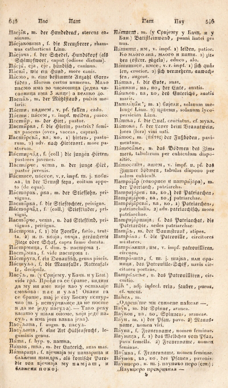 Шш ITacjaft, m. bet «fimtbebrßcf, stercus ca- rduum. Касјаковина , f. bie itteu^eetC/ rham- nus catharticuš Lirm, Пасјача, f. bet ©cfeebef, punbßfopf (al$ ©cbimpfmott, caput (odiose dictum). Jlacjd, cja, cje, l)ünbihb, caninus. Ласнн, miß ein *punb, more canis. iläcivio, n. eine beflimmfe 2lnjahf @arn* fabelt , filorum certus numerus. Мало nacivio nivra 20 чиоаоница (једна чи- саоница има 3 жице) а велико До. ЗТаспаљ, m. bet , pulvis mo- laris; ITacmtf, паднеМ, v. pf. faÜßn, cado. ITa'cmn, naccivi j v. impf, treiben, pasco: Цасптир, m. bcr ^irt, pastor. ЈПасширка , f. bie Jpirtin, pastrix? femi- na pascens (oves, vaccas, capras). UacnifipcKu, ка, ко, i) Wirten*, pasto- rum. 2) adv. паф ^irfendtt« more pa- storum. Пасгпирчад, f. (coli) bie jungen «£>irfcm pastores juvenes. Пасгпирче, чеша, n. bet junge ^itt, pastor juvenis. ЗЈасттшсе, пасесе, v. r, impf. ш. ј. коби=> ла, in bct ^armtfl fepn, coitum appe- to (de equa). Пасшоран, рка, т. bet ©tieffoljlb pri- vignus. ГГасторка, f. bie ©tieff0ф1ег, privigna. Пасторчад, f. (coli.) ©tteffiubet/ pri- vigni. Ласггтрче, чета , n. baß ©ftcffittb, pri- vignus , privigna. Hacmpivia, f. t) bie ^oreOe, farlo, trut- ta. 2) H. n. козја, овчја, geräudjerte 3tegC Ubet ©đ)af, сарга fumo durata. Jlacmpvmpa, f. dim. p. пасгпрма Пастрмка, f. vide пасшрма i. Hacmpyra, f. ein X)onauftfd?# genus piscis. Пасглуља, f. bie 'JDiaiibfaOe, SRattenfat* U, decipula. Ласуљ, m. (y Сријему, уБачк. н y Бан.) vide гра. Про^и га се брате, видиш да му ни име није као у осталије смокова: цас и уља! Окани га се браше, тај je сву Босну пстур- чио (т. ј. исгпурчилисе да не посте и да не једу пасула).— Тако реку кашшо у шали ономе, који једе па- суљ, а има још каква јела). ТТасуљииа, f. augm. 0. iiacyjb. Пасуљица, f. eine 2lct фпЦеи[гпф!, le- guminis genus. TTa ma, f. hyp. p. пагпка. ХТатак, тка, m. bet (S'ntCtic^, anas maß. Латарица, f. вјечнаја му патарица и блажени тандрк, alß ЕоппГфе' ^ato* bie pon вјечнаја му памјат , и #лаженн п о к о ј. ГГагт Пау 5jd ITamiicnT, m. (у Сријешу у Бачк. и f Бан.) 33attjHeinu?(?nb, panni lintei gei nus. Пашигпп, им , v. impf. 1) leiben, patior. Ko млого зна, млого и nanw. 2) ^tes heu (offetr. jwgcln), educö, alo. Иатигписе, имсе, v. r. impf. 1) [јф quäs len, crucior. 2) [јф permel;rcn, апшаф^ fen, augeor. Патка, f. bie ($nfe„ anas. Паткин, на, но, bet (gntC, anätis. Пашнов, ва, во, beß (&«1еиф£, anatis maris. Патлпнан m. 1) бнјели, solanum me- longe Limi. 2) црвет^ solanum lyco- persicuip. Linn. Патља, 1. bie-Ciual, cruciatus, cf. мука. Патона, f. bct Sauer beim 2Srannfn>ein, lorea (lora) vini usti. Пагпос, m. (тгатод) bet ^U§boben, pavi- mentum. Пашосање, n. baß Böhmen beß Sim* Jiterö, tabularum per cubiculum dispo- sitio. Патосгшч, ашем, v. impf. ti. pf. baß 3immer bobmen, tabulas dispono per solum cubiculi. Патријар (говорисе ii патријара), m. bet ^atttavd), patriarcha. Патријарев, ва, ео,| be£- Patriarchen^ Патријаров , ва, во ,ј patriarchae. Патријарски, на, ко, i) ^Patriarchen*/ patriarchalis. 2) adv. ра!пагф1[ф, more patriarchae. Патријаршија, f. baß pafria^af, bie ^Patriaud>ie, sedes patriarchae: Патрљ, m. bcr SSaumfhrunE, stipes. Патрбла, f. bie sJ)atrotiiHe, circitores militares; Патрблипш * invi, v. impf. pafrcuiOiren, circueo, Паптрблшта, f. m. j. шајка, или ора- ннца, baß '|)atreufUe=©^iff, navis cir- citores portans. Пагпро'љење, n. baß ^>atrouiniren, cir- em tio. Паћ*, adj. indecl. rein, fviuher, pürus. cf. чисга. Панел, ш. „Одрепбте ми свилене naftexe — Паук, ш. bie ©pinne, aranea. ilayKOB, ва , Bo , ©pinnen*, araneae. Паун, ш. i) bet $fau, pavo. 2) 2)htmiß* nante, nomen viti. Пауна, f. ^tattenname, nomen feminae. Паунпца, f. 1) baß ЖеШфеп vom ^fau, pavo femella. 2) §raiicnnanie, nomen! feminae. Паунка, f- ^raitettttame, nomen feminae. Лаунов, ва, во, beß Pfauen, pavonis; Паунперо , n. m. j. паунево nepo (cim) i „ТХаунџеро лр^крцвида —