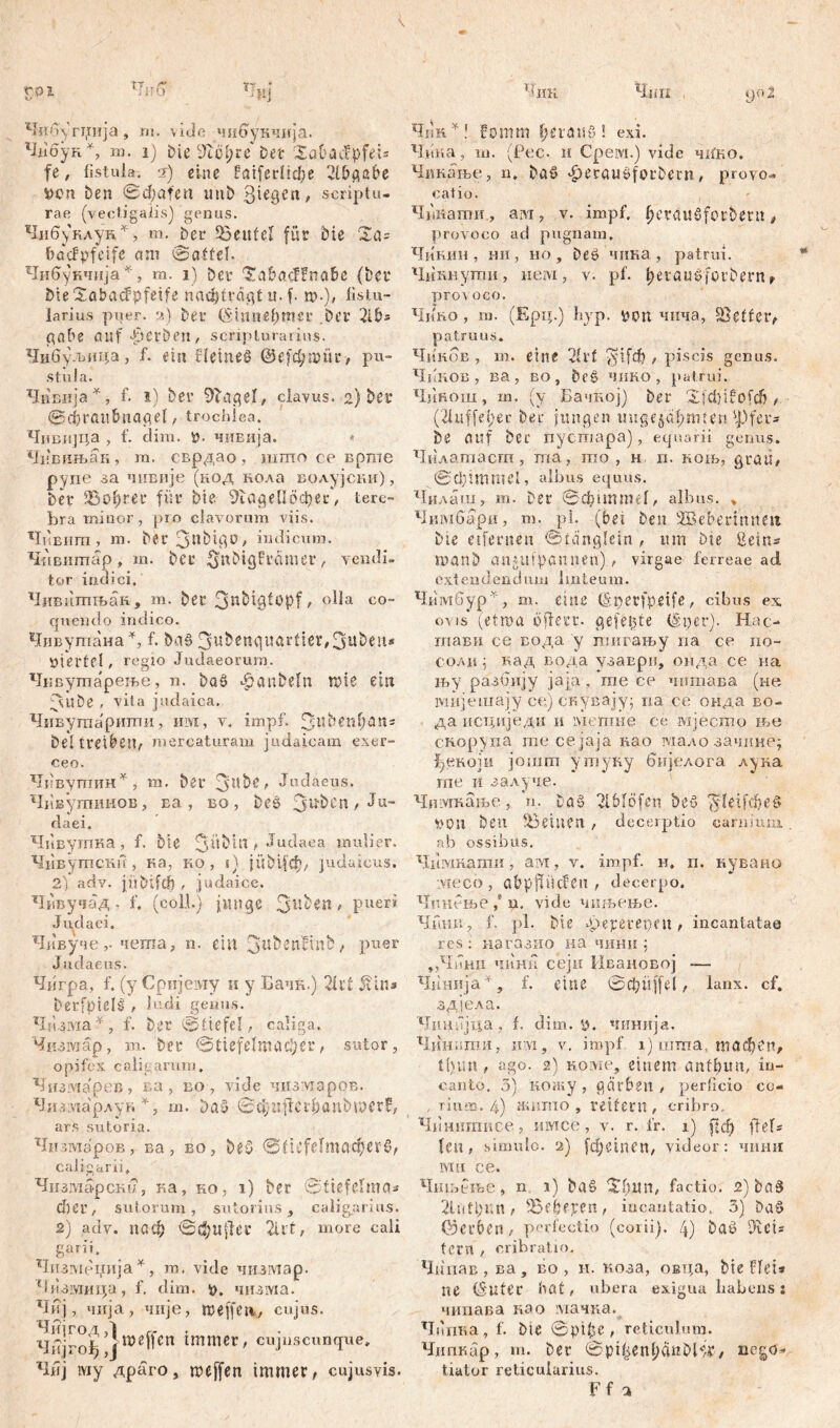 TT., 4*10 rpl Чип 9°2 Чибугција , ni. vide чибукчија. Чнбун*, m. i) £>ie 9Ш;ге* Det XoDacfpfeU fe , fistula. 2) eine 0atferücf;e Jl&gabe fcen ben 0d;afen imb ßtegen, scriptu- rae (vectigalis) genus. Чибуклук.*> m. Der Beutel für Die Za? bacFpfcifc a:n ©affeb Чибукчија*, ш. i) ber Sa&adFna&e (ber bie Sabacfpfeife nadjtracjtit. f. m-), fistu- larius puer, a) ber (linnepmer .Der 2ih= gäbe auf gerben, scripturarius. Чибуљица, f. ein Нетеб ©eftynmr* pu- stula. Чивија*, f. i) Der 9baqel, clavus. 2) Der ©фгаи&паае!, trochlea. Чивпјца , f. dim. t>. чивија. * Чпвињап, rn. сврдао, шшо ce вртпе рупе за чивије (нод нола волујски), Der Збсфгег für Die 9iageüöcper, tere- bra minor, pro clavorum viis. Чпенгп , m. Der 3nbig0, indicum. Чпвншар, m. Der ^nDigBranier, vendi» tor indici. Чивитњак, m. ber olla co- quendo indico. Чивутана *, f. ba6 ^ubenquarfier^wbeits viertel, regio Judaeorum. Чквутарење, n. baf> «^anbeln wie ein 3ube , vita judaica. Чивутарити, iilyi, v. impf. 3^егфап = Del treiben, mercaturam judaicam exer- ceo. Чввутин*, m. ber 3lt&£' Judaeus. Чивутинов, Ea, во, beš 3^*1/Ju- daei. Чивутка, f. bie 3dbtn^ Judaea mulier. Чпвутскн, ка, ко , i) jubtfđj, Judaicus. 2). adv. jübifcf), judaice. Чивучад - f. (coli.) junge , pueri Judaei. Чивучечета, n. ein 3ttt>enHnfc/ puer Judaeus. Чигра, f. (у Српјему и у Бачн.) 21cf £in* berfpielš , ludi genus. Чизма *, f. Der ©tiefe!, caliga. Чизмар, m. ber @£iefelmae!;er, sutor, opifex caligarum. Чизмарев, ва , во , vide чизмаров. Чизмарлук *, т. Раб 0d;uficrpaubmerH ars sutoria. Чизгааров, ва, во, bei» ® iu’fdmacpci'Cb caligarii. Чизшарски, ка, ко; i) ber ©tiefelma* đKl’, sutorum, sutorius, caligarius. 2) adv. паф ©d;U)lcr 2ilt, more cali garii. Чизмеџија *, ro. vide чизмар. Чизмица, f. dim. p. чизма. Чиј, чија, чије, njeffen», cujus. Чијгод,! rr Чнјгојђ јшеНсп ttnrner, cujnscunque* Чнј ivxy драго, roeffen immer / cujusvis. 41!H *! f 0mm fjevatiS ! exi. Чика, m. (Fee. 11 Cpeivi.) vide 41Љ0. Чинање, n. baö Jperaueforbem, provo- catio. ЧзЈиати, a:vi, v. impf. $eräUdfotbetn t provoco ad pugnam, Чинин, нн, ио, beö чнка, patrui. Чипнути, neivi, v- pl. ^erauSforbern f prov oco. Ч11КО , m. (Ерц.) hyp. fcptt чича, Reffet'/ patruus. Чикбв , m. eine 2(l't / piscis genus. Чпков, ва, во, be§ чино, patrui. Чинош, m, (y Бачкој) ber Xfctjifofdj / (21 u f f e i) erber j un g t? n im g e § a f) m i e n 4j) f e t * De auf ber пустара), equarii genus. Чилатасш , ma, mo , н п. koib, guüii, ©Cpimmel, albus equus. Чилаш, m. ber © d) i m m e 1, albus. » Чимбари, m. pl. (bei Den ЗБ eher innen Die etfenmi ©tdnglein , um bie ßetns manb atlgUfpannen) , virgae ferreae ad extendendum 1 m t e u m. Чимбур*, m. eine (Sperfpetfe, cibus ex ovis (etma öflerr. gefegte (Iper). Нас- тави се вода у тигању па се ио- соли; кад вода узаври, онда се на н>у разбију jafa, те се читава (не lvinjeiuäjy се) скувају; па се оида во- да исциједи и iviemiie се мјесто ње скорупа тесејаја na о гаало зачине; ђекоји јошт утуку бијелога лука те и залуче. Чпмкање, n. Das 2l&!öfen beö ^leifdje^ ^011 Den teilten , decerptio carnium . ab ossibus. Чнмнати, aivt, v. impf, и, п. кувано vieco , Cibpflücfeu , decerpo. Чпнење / ц, vide чињење. Чшш, f. pl. bie ферегере» / incantatae res: нагазио на чини ; „Чинп чини сеји Ивановој — Чинија^, f. eine 0фпј[е1, lanx. cf. здјела. Чнабјца, f. dim. р. чиниј«, Чиниши, iiivi, v. impf 1) шта, тафсп, ago. 2) коме, einem antpim, in- canto. 5) KOfuy, gärben , perficio co- , rium. 4) жито , reifem, cribro, Чинигаисе, итсе, v. r. fr. 1) рф flefs leti / simulo. 2) fdjemen, videor: чини ivw ce. Чгпвење, n 1) baš ^!)ШБ factio. 2) ba^ Jlufpun / 1Бе6?јгеП/ incantatio. 3) bad СЗаФеп, perfectio (corii). 4) baö JiCt= fern t cribratio. Чииав , ва , во , н. коза, овца, bie Hei* ne (luter hat, ubera exigua liaberis: чиггава коо манка. Чмгша, f. bte ©рфе , reticulum. Чипкар, m. ber ©pi|enl;dnbF;y, nego- tiator reticularius. Ff a