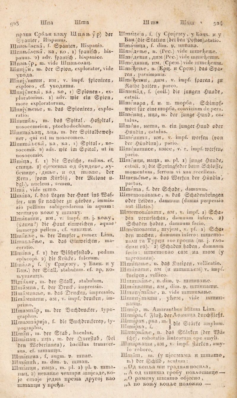 Шпа Шпта правн Србљи кажу Шпањур) 5et 0 р а Пict', Hi sp anus. Шпањолсна, f- Spanien, Hispania. Шпањолски , ка , ко , i) fpanifcb , bis- panus. 2) adv. fpantfđ? , Impamce. illriaitfp, m. vide Шпањолац. ШшгјуН, M». 5er Spion, explorator, vide увода. Шшгјунити, им, v. impf, fptcniren, exploro, cf. уводити. Шпијунски, ка, ro, 1) Spionen*, ex- ploratorius. 1) adv. пне ein Spion, more exploratorum. Шпирњење, n. 5аб Sptontren, explo- ratio. Шпшпаљ, m. baS Spital, ^ofptfal, nosocomeion , ptocliodochium. Шпнтаљац, љца, m. 5er Sptfalbewcl)5 ПСГ , qui est m no so corneo. Шпитаљски, ка, на, i) Spital*, no- socomii. 2) adv. ane im Spital, ut in nosocomio. Шпица, f. 1) bie Speise, radius, cf. спица. 2) сјеменка од бундеве, лу- бенице, диње, н од гпикве, Der 5fetn, (рот JUirbtg, 5er ftJhlone it- bgb), nucleus , semen, Шта, vide што. Шшава, f. baS Segen bergauf тб WafV fer, um fte nachher $u gärben , immis- sio pellium subigendarum in aquam: метнуо коже y шшаву. Штавитпи, им, v. impf. m. ј. кожу, (flauen?) bie ф an t ein meid) en, aquae* immergo pellem, cf. чинити. Штавље, n. 5er 2lmpfer* rumex Linn. Шпгављење, n. baä (gmroeicfeen, ma- ceratio. Him ака, f. 1) 5 e r Bi Гф of» ft ab, ped um episcopi. 2) Me 5?rüde , fulcrum. Шшала, f. (y Срије-му-, y Баик. и y Бан.) 5er Stall, stabulum, cf. ap, ro- њушнпца. Шталог, m. 5er Stall, stabulum. ILlmäivina, f. 5er Dntd , impressio. Штампање, n. baS Druden, impressio» Шгпамоати , ам , v. impf, briKfcn , im- primo. Шшампар, m. 5er Виф5пк1ег, typo- graphus. Шт aivi п ap н j a, f. bi e 93 u ф 5 r u đc U\), fy- pograpbia. Hlmšn , m. 5er Stab, baculus. Шгаапац , m|a , m. 5er Fluetftab , (bei 5en Weberinnen), bacillus transver- sus. cf. штапци. Шшашша, f. augm. P- шпап. Штапнћ, m. dim. p. штап. Шгпапци, паца, m. pl. 1) pb p. шта- пац. 2) некакве четири звнјезде, ко- је стоје једна према другој као штапци у npefpi. Ш. ш« Шлт * гл ■% - «> '* Штација , f. (у Сријому, у Бачк. и у Бан.)51е Station (bet bea Sj)i>(ten),statm. Штачица, f. dim. 0. шгпака. Штедење, n. (Fec.) vide ште^ење. Штедепш , дим (Рес.) viele штеђети. Штедити, invr, (Cpeivi.) vide iiimefjeimi, Ште^ење, n. (Ерц. и Срем.) baö Spa* ren , parsimonia. Штсђеши, дим, v. impf, fparen \ $tt SRathe galten, parco. Шгпенад, f. (coli.) bie jungen $шг5е, catuli. Штенара, f. н. п. торба, ©dnmpf» mort für eine торба, convicium de pera. Штбнац, нца, т. 5er junge фцп5, ca- tulus, Штене, нета, n. ein junger $unb ober •§шп5ш, catulus. Штенити, invi, v. impf, rperfen (potl 5er $ünöinn), pario. Штенитисе, mvice, v.'r, impf.-'roerfett/ pario, Штенци, наца, m. pl. 3) junge $mtbe, catuli. 2) tue Sprtngfeber beim Schlöffe, momentum, ferrum vi sua recellens. Штењбње, n. ba£ Werfen ber «fumblnV partus. Шгпегаа, f. ber 0фа5е , dammmi. Шгаегаовавање, n. 5аб Sdjabeubringeti ober ßeiben , damnum (damni perpessio aut illatio.) Штетоваваши, anr, v. impf. 1) 0фаз ben OeritrfadEjen, damnum infero. 2) Schöben haben, damnum facio. Штбгаовати, myjeivi, v. pf. 1) 0фа* ben machen, damnum infero: штешо- вали га Турци 5 00 гроша (m. ј. гло- били га). *2) ©chabtn haben, damnum fere io: шгаетовао сам на том (y шрговини). Штиггање, n. 5аб Kneipen, vellicatio. Штнпати, ам (и шткпљем) v. impf, fneipen, vellico. Штипкање, n. dim. р. штипање. Штипкати, aivi, dim. y. шшипатн. Штнпугпање, n. vide штипкање. lilraimVmaraii , yiieivi, vide штип- Rämii. Шгпир, m. Amarantbus blitum Linn. Шти.ра, f. $lu§, ber Аозница burchjUefit. Штиран.рка.тЛ . @ ^ Шгаирка, i. g J Жгаћркање, n. baö Starken (5er Wä* roboraiio linteorum ope amyli. Штиркаши , ам , v. impf. Vlarten , amy- lo roboro. Шгттт, m. (у пјесмама п пипишо, n.) ber Sdjtlb , scutum: „ Од копља шк градпди носила, „Ä од штита гробу поклошшце—■ „О рамену шшито објесно , „А по коњу нопље положио