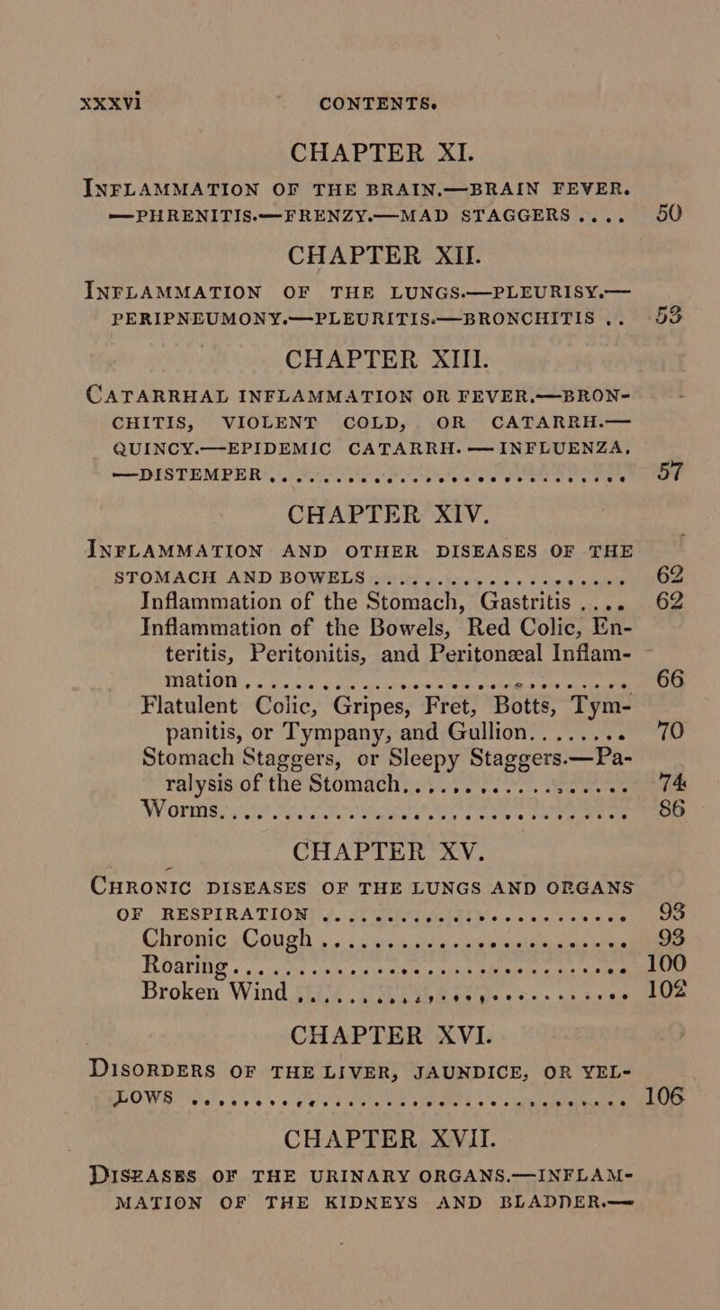 CHAPTER XI. INFLAMMATION OF THE BRAIN.—BRAIN FEVER. —PHRENITIS.—-FRENZY.—MAD STAGGERS.... 50 CHAPTER XII. INFLAMMATION OF THE LUNGS.—PLEURISY.— PERIPNEUMONY.—-PLEURITIS:-—BRONCHITIS .. CHAPTER XIII. CATARRHAL INFLAMMATION OR FEVER.—BRON-= CHITIS, VIOLENT COLD, OR CATARRH.— QUINCY.—EPIDEMIC CATARRH. —INFLUENZA, -—DESTEMPER? |). hoe reas ee CARRE Pa CHAPTER XIV. INFLAMMATION AND OTHER DISEASES OF THE STOMACH AND BOWELS ........ Sas Falecd ekg Inflammation of the Stomach, Gastritis.... 62 Inflammation of the Bowels, Red Colic, En- teritis, Peritonitis, and Peritonzeal Inflam- C1 ic) TO, oe a aCe el | pals eslpiy:s Phd 66 Flatulent Colic, Gripes, Fret, Botts, Tym- panitis, or Tympany, and Gullion........ 70 Stomach Staggers, or Sleepy Staggers. —Pa- ralysis.of the Stomach ..¢ ose oe, ee eee Rice: apy yee ie NEN: cae. SA eee CHAPTER XV. CHRONIC DISEASES OF THE LUNGS AND ORGANS OF RESPIRATION! J. CUCLG delat be so'en © a soe pane Chromic . Coun... : «sits sels, «train Wouelatec g awieceMiatae TRDAPING «oc ast aia bach Sie as Eee ee ee Broken’ Wind Jui : 3, Ch ilps «cs. oi ee ee ee CHAPTER XVI. Diccepens OF THE LIVER, JAUNDICE, OR YEL- LOWS e@eeverv OG Oe eteersee ¢ee ee@eeteoeeevreee 106 CHAPTER XVII. DISEASES OF THE URINARY ORGANS.—INFLAM- MATION OF THE KIDNEYS AND BLADDER.—