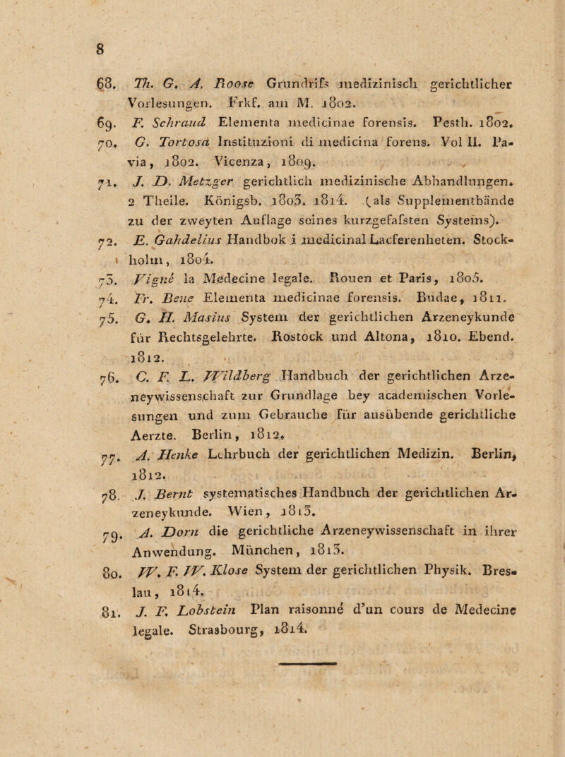 68, Th. G, A, Fioose Gründrifs medizinisch gerichtlicher Vorlesungen. Frkf. am M. 1802. 69. F. Schraud Elementa medicinae forensis. Pesth. 1802. yo* G. Tortosa Inslituzioni di medicina forens. Vol 11. Pa- via, 1802. Vicenza, 1809. 71. J, D. Metzger gerichtlich medizinische Abhandlungen* 2 Theile. Königsb. i8o3. 1814. (^als Supplementbände zu der zweyten Auflage seines kurzgefafsten Systems). 72. JE. Gahdelius Handbok 1 medicinal Lacferenheten. Stock- 1 holm, 1804. r5. Vigne la Medeeine legale. Rouen et Paris, 1800. 74. Fr, Bene Elementa medicinae forensis. Budae, 1811. 7 5. G, II. Masius System der gerichtlichen Arzeneykunde ftir Rechtsgelehrte. Rostock und Altona, 1810. Ebend. 1812. 76. C. F X. FVildberg Handbuch der gerichtlichen Arze- neywissenschaft zur Grundlage bey academischen Vorle¬ sungen und zum Gebrauche Für ausübende gerichtliche Aerzte. Berlin, i8i2> 77. A. Henke Lehrbuch der gerichtlichen Medizin. Berlin, 1812. 78. J. B er nt systematisches Handbuch der gerichtlichen Ar¬ zeneykunde. Wien, jolo. 79. A. Dorn die gerichtliche Arzeneywissenschaft in ihrer Anwendung. München, i8i3. 80. FF, F. FF, Klose System der gerichtlichen Physik. Bres* lau, 1814. 81. J, F, Lobstein Plan raisonne d’un cours de Medecine legale. Strasbourg, 1814.