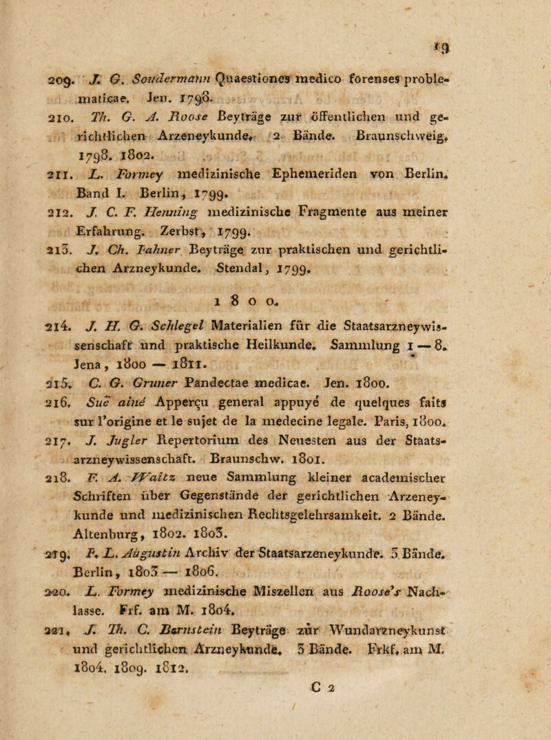 *9 209» J» G. Soudermann Quaestiones medico forenses proble- maticae. Jen. 1790. 210. Th. G. A. Moose Beyträge zur öffentlichen und ge¬ richtlichen Arzeneykunde« 2 Bände. Braunschweig* 1798. 1802. 211. M. Formey medizinische Ephemeriden von Berlin* Band I. Berlin, 1799* 212. J, C. F. Henning medizinische Fragmente aus meiner Erfahrung. Zerbst, 1799. 215. J* Ch. Fahiier Beyträge zur praktischen und gerichtli¬ chen Arzneykunde. Stendal, 1799* 1800. 2l4. J. H. G. Schlegel Materialien für die StaatsarzneyWis¬ senschaft und praktische Heilkunde* Sammlung 1 — 8* Jena, 1800 — 1811. 215* C. G. Grüner Pandectae medicae. Jen. 1800. 216. Sue aind Appercu general appuye de quelques faits sur Forigine et le sujet de la medecine legale. Paris, 1800* 217. J. Jngler Repertorium des Neuesten aus der Staats- arzneywissenschaft. Braunschw. 1801. 218. F. A. FT'aitz neue Sammlung kleiner academisclier Schriften über Gegenstände der gerichtlichen Arzeney- künde und medizinischen Rechtsgelehrsamkeit. 2 Bände. Altenburg, 1802. l8o5. 219. T\ X. Augustin Archiv der Staatsarzeneykünde. 5 Bände. Berlin, i8o5— 1806. 220. L. Formey medizinische Miszellen aus Iioosefs Nach¬ lasse. Frf. am M. i8o4. 221* J. Th. C. Hornstein Bey träge zur Wundarzneykunst und gerichtlichen Arzneykunde* 5 Bände. Frkf* am M. i8o4. 1809. 1812.