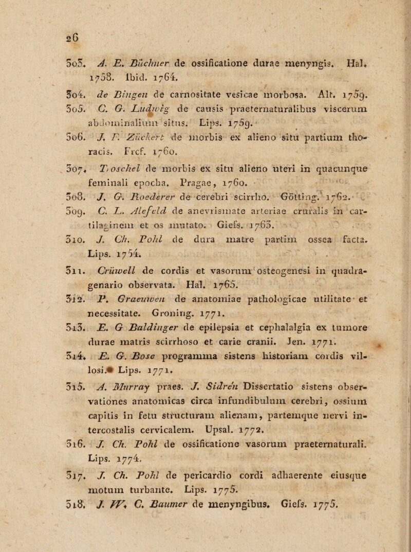 5o$. A. E. Büchner de ossificatione darae menyngis. Hai* 1708. lbid. 1764. 504. de Bingen de carnositate vesicae morbosa. AU. 1709. 505. C\ G. Ludwig de causis praeternaturalibus viscerum abdominaliiun sitns. Lips. 17^*9. 506. J, F. Zuckert de morbis ex alleno situ partium tho- racis. Frcf. 1760. 507+ TrOschel de morbis ex situ alieno Uteri in quacunque feminali epocba» Pragae, 1760. 008. J, G. Boederer de cerebri scirrho. Gotting. 1762. 009. C. L,. Alefeld de anevrismate arteriae cruralis in car- tilaginem et os mutato. Giefs. 1760. 3io. J, Ch. Bold de dura matre partim ossea facta. Lips. 1754. 5n. Crüivell de cordis et vasorum osteogenesi in quadra- genario observata. Hai. 1765. 3i2. jP. Graemven de anatomiae pathologicae utilitate et necessitate. Groning. 1771. 5i5. E. G Baidinger de epilepsia et cephalalgia ex lumore durae matris scirrhoso et carie cranii. Jen. 1771. 3i4* E. G. Bose programma sistens historiam cordis vil- losi.# Lips. 1771* 515. A. Murray praes. J. Sidren Dissertatio sistens obser- vationes anatomicas circa infundibulum cerebri, ossium capitis in fetu structuram alienam, partemque nervi in- tercostalis cervicalem. Upsal. 1772. 516. J. Ch. Pohl de ossificatione vasorum praetematurali. Lips. 1774. 017. J. Ch. Pohl de pericardio cordi adhaerente eiusque motum turbante. Lips. 1775. 518. J. JV* Cu Baumer de menyngibus. Giefs. 1775.