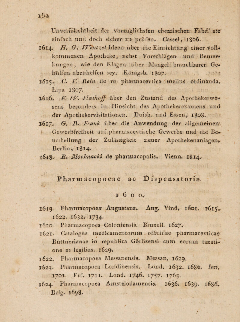 UnveVSalfeehthert der vorzüglichsten chemischen Fab?!’ ate einfach und doch sicher zu prüfen* Cassel, 1806. 1614* ff* G* ffentzel Ideen über die Einrichtung einer voll* konunenen Apotheke, nebst Vorschlägen- und Beinen* klingen, wie den Klagen über Mangel: brauchbarer Ge- hiilfen abznlielfeil sey* Königsb. 1807. 1615* C. F Rein de re phamiacevtica melius ordinanda* Lips. 1807. 1616* F. FF. FlashojJ über den Zustand des Apotheker We¬ sens besonders in Hinsicht des Apothekerexamens und der Apothekervisitati-onen. Duisb. und Essen, 1808. $617* G. R. Frank über die Anwendung der allgemeinen. Geyverbfreiheit auf pharinacevtische Gewerbe und die Be- urlheilu-ng der Zulässigkeit neuer Apothekenanlagem Berlin, 1814* 1618» R* Mochnaeki de pharmacopolis* Vienn. 1814» * **• Pharm äcop o ea e ac Dispensatori^ 1600* 1619. Pharmacopoea' Augustana* Aug. Vind* 1601. 3*6I$V 1622. 1632* 1734. 1620. Pharmacopoea Coloniensis. Eruxell. 1627# 1621. Catalogus laeriicamentonim ofhtiiiae pharmacevticae Büttnerianae in republiea Görlizensi cum eorum taxati» orie et legibus. 1629* 1622. Pharmacopoea Messanensis. Messan. 1629. 1623. Pharmacopoea Londinensis. Lond» 1632. 1680. Jen» 1701. Erf* 1711. Lond* 1746* 1757. 1763» 1624- Pharmacopoea Amstelodamensis. 1636. 1639. 1686;