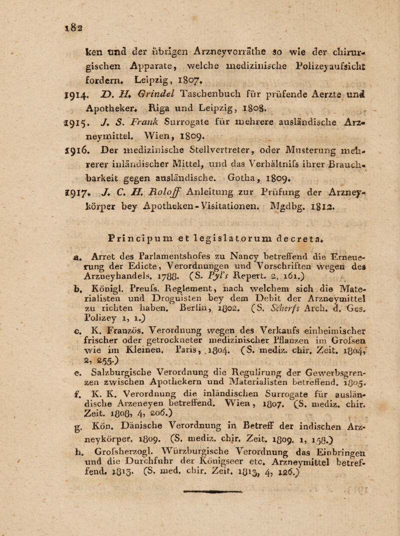 ken tmd der übrigen Arzneyvorräthe so wie cler chirur¬ gischen Apparate, welche medizinische Polizeiaufsicht fordern* Leipzig, 1807* 1914* -D. H► Grindel Taschenbuch für prüfende Aerzte und Apotheker* Riga und Leipzig, 1808. *1915. /♦ S. Frank Surrogate für mehrere ausländische Arz* neymittel. Wien, 1809. 1916, Der medizinische Stellvertreter, oder Musterung meh¬ rerer inländischer Mittel, und das Verhältnifs ihrer Brauch¬ barkeit gegen ausländische. Gotha, 1809* J917* J* C. FL B.olojf Anleitung zur Prüfung der Arzney« körper bey Apotheken-Visitationen. Mgdbg. 1812. Principum et legis lato rum decreta* a. Arret des Parlamentshofes zu Nancy betreffend die Erneue- rung der Edicte, Verordnungen und Vorschriften wegen des Arzneyhandels. 1788* (SL Pyl's Repert. 2, 161.) b. Königl. Preufs. Reglement, nach welchem sich die Mate¬ rialisten und Droguisten bey dem Debit der Arzneymittel zu richten haben. Berlin, 1802. (S, Scherfs Arch. d, Ges. Polizey 1, 1.) c. K. Franzos. Verordnung wegen des Verkaufs einheimischer frischer oder getrockneter medizinischer Pflanzen im Grofsen wie im Kleinen. Paris, 1804. (S. mediz. chir. Zeit. 1804? 2, 255.) e. Salzburgische Verordnung die Regulirung der Gewerbsgren- zen zwischen Apothekern und Materialisten betreffend. i8°5« f. K. K. Verordnung die inländischen Surrogate für auslän¬ dische Arzeneyen betreffend. Wien, 1807. (S. mediz. chir. Zeit. 18087 4? 2.06.) g. Kön. Dänische Verordnung in Betreff der indischen Arz- neykörper. 1809. (S. mediz. chir. Zeit. 1809. 1, 158.) h. Grofsherzogl. Würzburgische Verordnung das Einbringen und die Durchfuhr der Königseer etc. Arzneymittel betref¬ fend, ($• med. cljir. Zeit, 4, 126.) I