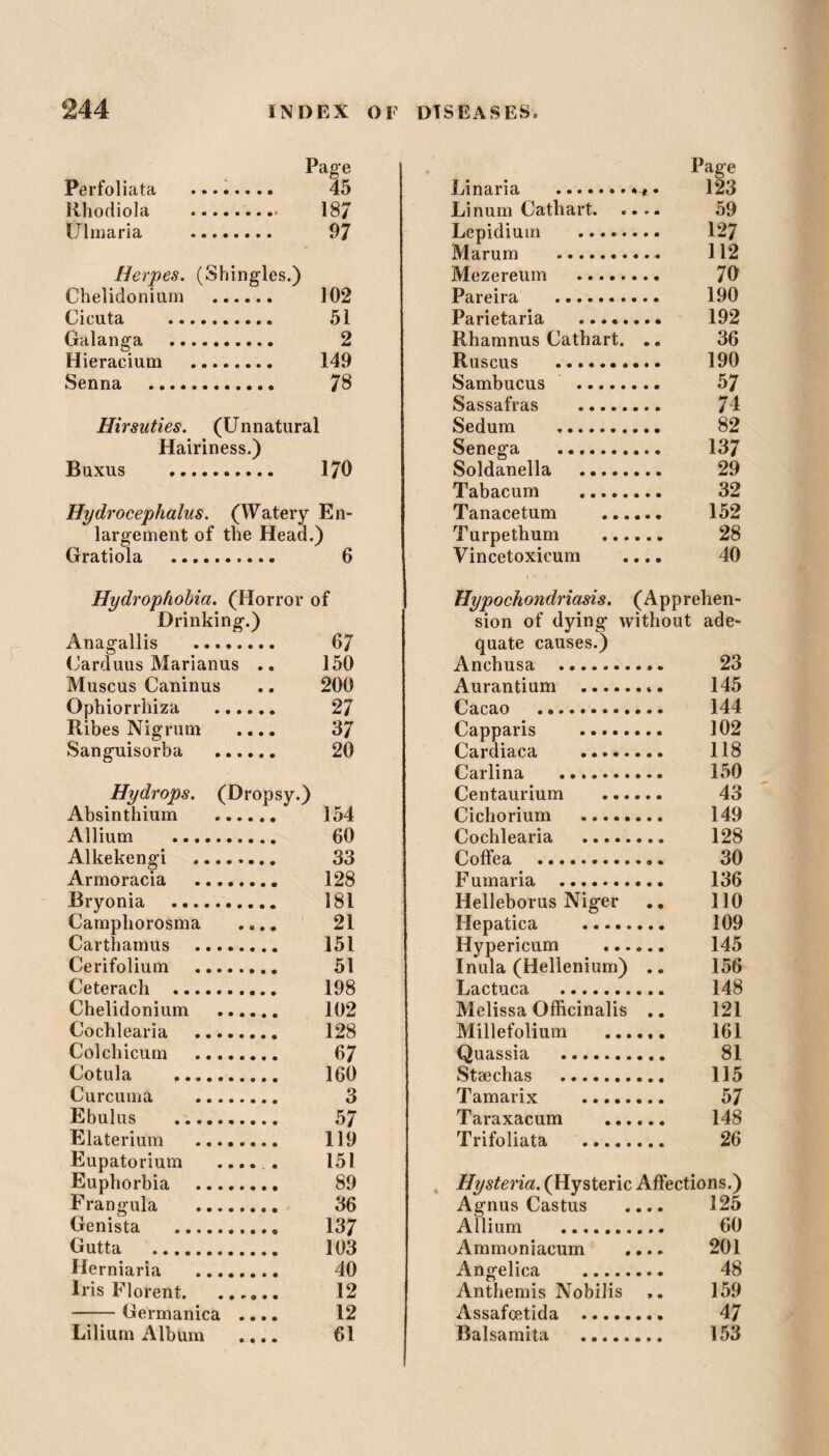 Page Perfoliata ....... 45 Rhodiola . 187 Uhnaria . 97 Herpes. (Shingl es.) Chelidonium . 102 Cicuta . 51 Galanga . 2 Hieracium . 149 Senna . 78 Hirsuties. (Unnatural Hairiness.) Buxus . 170 Hydrocephalus. (Watery En- largement of the Head.) Gratiola . 6 Hydrophobia. (Horror of Drinking.) Anagallis . 67 Carduus Marianus . « 150 Muscus Caninus • 200 Ophiorrhiza . 27 Ribes Nigrum • 37 Sanguisorba . 20 Hydrops. (Dropsy.) Absinthium ..... 154 Allium . 60 Alkekengi 33 Armoracia . 128 Bryonia . 181 Campliorosma 21 Carthamus . 151 Cerifolium . 51 Ceterach .... 198 Chelidonium . 102 Cochlearia . 128 Colchicum . 67 Cotula . 160 Curcuma . 3 Ebulus . 57 Elaterium ... 119 Eupatorium .... 151 Euphorbia . 89 Frangula . 36 Genista . 137 Gutta . 103 Herniaria . 40 Iris Florent. ..... 12 Germanica ... 12 Lilium Album 61 Page Lin aria .m* 123 Linum Cathart. 59 Lepidium . 127 Marum . 112 Mezereum . 70 Pareira . 190 Parietaria . 192 Rhamnus Cathart. .. 36 Ruscus . 190 Sambucus . 57 Sassafras . 74 Sedum .. 82 Senega . 137 Soldanella . 29 Tabacum . 32 Tanacetum . 152 Turpetbum . 28 Vincetoxicum .... 40 Hypochondriasis. (Apprehen¬ sion of dying without ade¬ quate causes.) Anchusa . 23 Aurantium . 145 Cacao . 144 Capparis . 102 Cardiaca . 118 Carlina . 150 Centaurium . 43 Cichorium . 149 Cochlearia . 128 Coffea ... 30 Fumaria . 136 Helleborus Niger .. 110 Hepatica . 109 Hypericum . 145 Inula (Hellenium) .. 156 Lactuca . 148 Melissa Officinalis .. 121 Millefolium . 161 Quassia . 81 Stochas . 115 Tamarix . 57 Taraxacum . 148 Trifoliata . 26 Hysteria. (Hysteric Affections.) Agnus Castus .... 125 Allium . 60 Ammoniacum .... 201 Angelica . 48 Anthemis Nobilis ,. 159 Assafcetida . 47 Balsa mita . 153